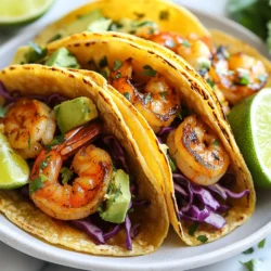 To make Chipotle Lime Shrimp Tacos, gather these fresh and tasty ingredients: - 1 lb large shrimp, peeled and deveined - 2 tablespoons olive oil - 1 tablespoon chipotle chili powder - 1 teaspoon smoked paprika - 1 teaspoon garlic powder - 1 teaspoon cumin - Juice of 2 limes - Salt and pepper to taste - 8 small corn tortillas - 1 cup red cabbage, finely shredded - 1 avocado, sliced - Fresh cilantro for garnish - Lime wedges for serving These ingredients bring a burst of flavor and texture to your tacos. The shrimp is the star. It soaks up the spice mix well. The chipotle chili powder gives a great smoky kick. Lime juice adds brightness, cutting through the heat. The red cabbage gives a nice crunch. Avocado adds creaminess, while cilantro rounds it out with fresh notes. Each bite will delight your taste buds. You can also swap ingredients based on what you have. Enjoy mixing and matching! {{ingredient_image_1}} First, grab a medium bowl. Pour in 2 tablespoons of olive oil. Add 1 tablespoon of chipotle chili powder, 1 teaspoon of smoked paprika, 1 teaspoon of garlic powder, and 1 teaspoon of cumin. Squeeze the juice of 2 limes into the mix. Finally, sprinkle in some salt and pepper. Whisk everything together until it blends well. Now, add 1 pound of large shrimp that are peeled and deveined. Stir the shrimp until they are nicely coated in the marinade. Let them sit for about 15 to 30 minutes. This step helps the shrimp soak up all that wonderful flavor. Next, heat a skillet over medium-high heat. Once it’s hot, add the marinated shrimp. Make sure they are in a single layer in the pan. Cook the shrimp for about 2 to 3 minutes on each side. You want them to turn pink and look cooked through. This step is quick, so keep an eye on them to avoid overcooking. While the shrimp cooks, it’s time to warm the corn tortillas. Take a dry skillet and set it on low heat. Place each tortilla in the skillet for about 30 seconds on each side. You want them to be warm and pliable but not crispy. This makes them easy to fold and fill with shrimp. Now comes the fun part: assembling the tacos! Take a warm tortilla and place a few cooked shrimp in the center. Top it off with a handful of finely shredded red cabbage. Add a few slices of avocado for creaminess. Finally, sprinkle fresh cilantro on top for a pop of flavor. Don’t forget to serve with lime wedges on the side. A squeeze of lime adds a fresh touch to each bite. Enjoy your tasty creation! To make the best marinade, mix olive oil, chipotle chili powder, smoked paprika, garlic powder, cumin, lime juice, salt, and pepper. This blend gives the shrimp a bold flavor. Let the shrimp sit in the marinade for 15 to 30 minutes. This wait allows the shrimp to soak up all those tasty spices. When cooking shrimp, use medium-high heat. Add the marinated shrimp to the hot skillet in a single layer. Cook for 2 to 3 minutes on each side. Watch for the shrimp to turn pink. This color shows they are cooked through. Avoid overcooking, as it can make the shrimp tough. Warm the corn tortillas to make them soft and tasty. Use a dry skillet on low heat. Heat each tortilla for about 30 seconds on each side. This method keeps them pliable and easy to fold. You can also wrap them in a clean kitchen towel to keep them warm while you finish cooking. Pro Tips Perfectly Cooked Shrimp: To avoid overcooking, keep an eye on the shrimp; they should be pink and opaque, taking only 2-3 minutes per side. Marination Time: For enhanced flavor, marinate the shrimp for at least 30 minutes, but avoid exceeding an hour to prevent the shrimp from becoming mushy. Warm Tortillas: Always warm your corn tortillas before serving. This makes them more pliable and helps prevent tearing when filling. Fresh Garnishes: Use fresh cilantro and lime wedges for a burst of flavor. They not only enhance taste but also add a vibrant touch to your presentation. {{image_2}} You can swap shrimp for chicken or fish. Chicken thighs add a juicy bite. White fish, like cod, keeps the taste light. Use the same marinade to keep the flavor strong. Cook the proteins until they are fully done. This change brings new flavors while staying simple. To make these tacos vegan, try using tofu or jackfruit. Tofu absorbs flavors well and adds protein. Use firm tofu, and marinate it like the shrimp. Jackfruit offers a meat-like texture. Shred it and cook with the same spices. Both options keep the dish tasty and fun. Want to spice it up? Add diced jalapeños for heat. Fresh mango or pineapple can add sweetness. Try different herbs like mint for a fresh twist. You can also mix in some lime zest for extra zing. These additions keep your tacos exciting and full of flavor. After you enjoy your tacos, you may have some shrimp left. Store the shrimp in an airtight container. Place it in the fridge. It will stay fresh for up to two days. If the shrimp has toppings, try to separate them. This keeps everything tasting great. To reheat the shrimp, use a skillet. Heat it over medium heat. Add the shrimp and cook for just a few minutes. Make sure they are hot all the way through. You can also use the microwave. Place the shrimp in a microwave-safe bowl and cover it. Heat for about 30 seconds. Check and stir, then heat again if needed. If you want to save shrimp for later, freezing is a great option. Place the cooked shrimp in a single layer on a baking sheet. Freeze until solid, which will take about an hour. After that, transfer the shrimp to a freezer bag. Squeeze out the air to prevent freezer burn. The shrimp will last up to three months in the freezer. You can serve many sides with these flavorful tacos. Some great options include: - Mexican rice - Black beans - Grilled corn on the cob - Fresh salsa - Guacamole - A simple green salad These sides add color and taste to your meal. They also balance the shrimp's spice and zest. To change the heat level, you have a few options. Use less chipotle chili powder for a milder taste. You can also add more lime juice to tone down the spice. If you want more heat, try adding sliced jalapeños or a dash of hot sauce. Taste as you go to find your perfect level. Yes, you can prep some parts ahead of time. Marinate the shrimp and store it in the fridge for up to 2 hours. You can also prepare the toppings like shredded cabbage and sliced avocado in advance. Just warm the tortillas and cook the shrimp when you're ready to eat. These tacos are not only tasty but nutritious too. A serving of one taco has about: - 200 calories - 15 grams of protein - 10 grams of fat - 15 grams of carbs Shrimp is low in calories and high in protein. The toppings add fiber and healthy fats. Enjoy these tacos as a balanced meal! You’ve learned how to make Chipotle Lime Shrimp Tacos, from marinating to assembling. Each step adds flavor and fun to your meal. Remember to play with the ingredients and customize your tacos to match your taste. You can swap proteins or even go vegan. These tacos are easy to store and reheat, ensuring delicious leftovers. Dive in and enjoy every bite of your creation.