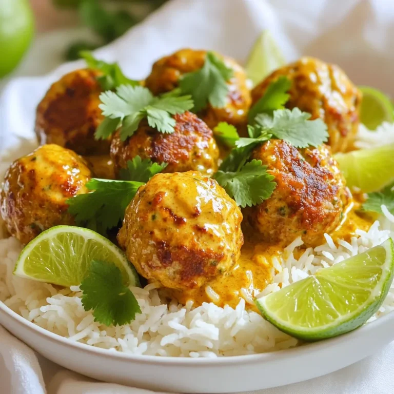 To make tasty coconut curry meatballs, you need a few key items: - 1 pound ground chicken (or turkey) - 1/2 cup breadcrumbs - 1/4 cup fresh cilantro, chopped - 1 tablespoon ginger, minced - 2 cloves garlic, minced - 1 tablespoon curry powder - 1/2 teaspoon cumin - Salt and pepper to taste - 1 tablespoon vegetable oil (for cooking) - 1 can (14 oz) coconut milk - 1 tablespoon red curry paste - 1 tablespoon lime juice - Cooked jasmine rice, for serving These ingredients create a lovely mix of flavors. The chicken or turkey provides a soft base. The breadcrumbs help the meatballs hold their shape. Fresh cilantro, ginger, and garlic add a burst of flavor. The spices, like curry powder and cumin, bring warmth and depth. You can switch things up by adding more flavors. Here are some optional items: - Chopped green onions - A pinch of red pepper flakes - Chopped bell peppers or carrots Adding these ingredients can give the dish more texture and taste. Green onions add a fresh crunch. Red pepper flakes can spice things up. Bell peppers or carrots bring extra color and sweetness. If you don't have some ingredients, no problem! Here are some swaps: - Use ground beef or pork instead of chicken. - Swap breadcrumbs for crushed crackers or oats. - Use lime zest if you lack lime juice. - Coconut milk can be replaced with almond milk, but the flavor will change. These swaps keep the recipe easy and flexible. You can still enjoy the dish even if you run out of something. Just remember that each swap may change the final taste a bit. Start by gathering all your ingredients. You need ground chicken, breadcrumbs, cilantro, ginger, garlic, curry powder, cumin, salt, and pepper. In a large bowl, combine 1 pound of ground chicken with 1/2 cup of breadcrumbs. Add 1/4 cup of chopped cilantro and 1 tablespoon of minced ginger. Next, add 2 cloves of minced garlic, 1 tablespoon of curry powder, and 1/2 teaspoon of cumin. Season with salt and pepper to taste. Mix everything until well combined. You want a nice, even mixture. Now, form the mixture into meatballs. Aim for about 1 inch in diameter. You should get around 18 to 20 meatballs. Heat 1 tablespoon of vegetable oil in a large skillet over medium heat. Once the oil is hot, add the meatballs in batches. Cook them for about 6 to 8 minutes. Turn them often so they brown on all sides. Once they are golden brown, remove the meatballs from the skillet and set them aside. In the same skillet, add 1 can of coconut milk and 1 tablespoon of red curry paste. Stir well to combine. Bring the mixture to a gentle simmer. After that, return the meatballs to the skillet. Let them simmer in the sauce for about 10 minutes. This helps the flavors mix well. Finally, add 1 tablespoon of lime juice and stir well before serving. Enjoy your Coconut Curry Meatballs over jasmine rice for a delicious meal! To make great meatballs, use fresh ingredients. Fresh herbs like cilantro add a bright taste. Mix the meatball mixture gently. Overmixing can make them tough. Aim for meatballs that are about one inch wide. This size cooks evenly and stays juicy. Add lime juice at the end for a fresh zing. You can also experiment with spices. Try adding a pinch of turmeric or paprika for extra warmth. For a sweeter touch, a dash of honey works well. These small tweaks can elevate your dish. Serve the meatballs over fluffy jasmine rice. Drizzle extra curry sauce on top for more flavor. Garnish with fresh cilantro and lime wedges for a pop of color. You can also add steamed vegetables for a complete meal. Enjoy your delightful creation! {{image_2}} You can make this dish vegetarian easily. Instead of ground chicken, use lentils or chickpeas. Cooked quinoa also works well for a good texture. Mix these with breadcrumbs, herbs, and spices like curry powder. This keeps the flavor rich and satisfying. Do you like heat? You can change the spice level. Add more red curry paste for a kick. If you want it milder, use less paste or add coconut milk. A dash of chili flakes can also boost the heat. Always taste as you go to find your perfect balance. You can switch up the protein in this recipe. Ground turkey is a great choice for a leaner meatball. You can also try ground beef or pork for a richer flavor. Even fish can work; just adjust the cooking time. Each protein offers a new twist to the dish. To keep your coconut curry meatballs fresh, let them cool first. Place them in an airtight container. You can store them in the fridge for up to three days. If you want to enjoy them later, freezing is a great option. When you’re ready to enjoy your leftovers, reheat them gently. You can use a microwave or skillet. If using a microwave, heat in short bursts. Stir often to avoid hot spots. If you use a skillet, add a splash of coconut milk or water. This will keep the meatballs moist. For freezing, place meatballs in a single layer on a baking sheet. Let them freeze for about two hours. Once frozen, transfer them to a freezer-safe bag. Make sure to remove as much air as possible. They can stay frozen for up to three months. When you’re ready to eat, thaw them overnight in the fridge before reheating. Yes, you can use other meats. Ground turkey works well. You can also try pork or beef. If you prefer, you could even use a plant-based meat substitute. This adds variety and keeps the dish exciting. To make this dish gluten-free, choose gluten-free breadcrumbs. Many stores sell these. You can also crush gluten-free crackers as a substitute. Always check labels to ensure no hidden gluten is present. I love serving these meatballs over fluffy jasmine rice. The rice soaks up the curry sauce perfectly. You can also serve them with rice noodles or quinoa for a healthy twist. Add a side of steamed veggies for a balanced meal. Leftovers last about three days in the fridge. Store them in an airtight container. If you want them to last longer, freeze them for up to three months. Just reheat them well before serving. Coconut curry meatballs are a tasty and fun dish. We covered the key ingredients and how to mix them. I shared warming tips and tricks for cooking perfect meatballs. You learned about variations, from vegetarian swaps to spice levels. Proper storage helps keep leftovers fresh and safe. Enjoy making this dish. It’s easy to customize and share. You'll impress family and friends with your delicious coconut curry meatballs.