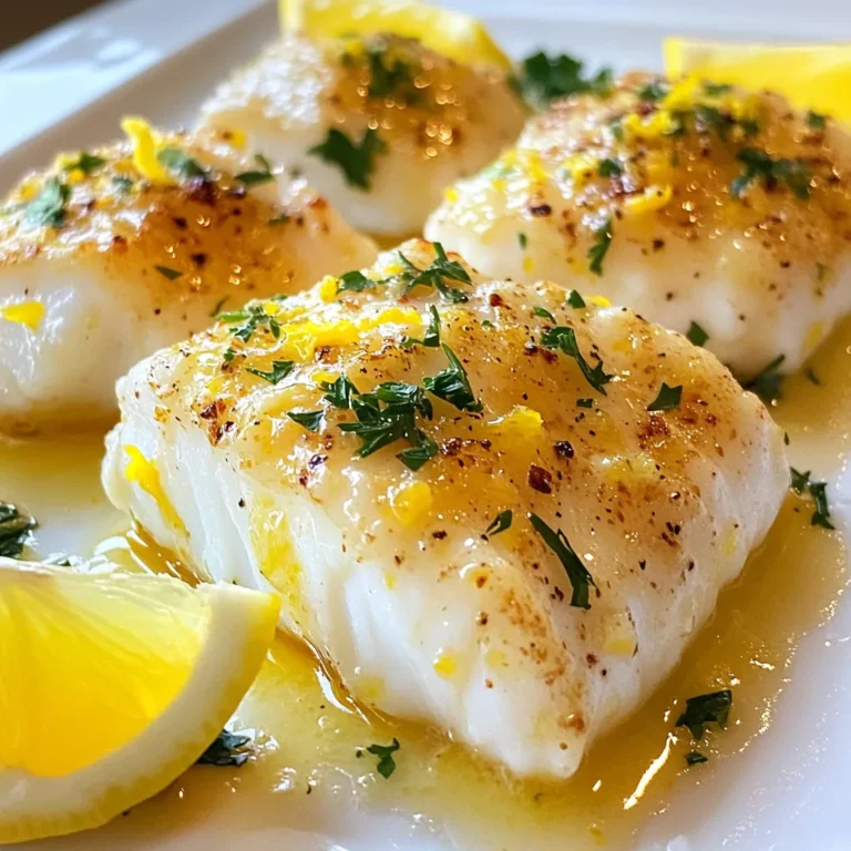 To make Lemon Butter Garlic Cod, you will need: - 4 cod fillets (6 oz each) - 4 tablespoons unsalted butter - 3 cloves garlic, minced - Zest of 1 lemon - 2 tablespoons fresh lemon juice - 1 teaspoon dried oregano - Salt and pepper to taste These ingredients create a bright and rich flavor. Cod is a mild fish, so it pairs well with the zesty lemon and garlic. The butter adds a creamy texture that makes each bite satisfying. For a touch of color and flavor, consider these garnishes: - Fresh parsley, chopped (for garnish) - Lemon wedges (for serving) Chopped parsley adds a fresh look and taste. Lemon wedges let you add more brightness if desired. To make this meal complete, try pairing your cod with: - Steamed asparagus - Fresh garden salad - Creamy mashed potatoes - Quinoa Steamed asparagus gives a nice crunch. A fresh garden salad brings a mix of textures. Creamy mashed potatoes or quinoa add heartiness to your plate. Each side enhances the meal and balances the flavors beautifully. {{ingredient_image_1}} First, preheat your oven to 400°F (200°C). This step helps the cod cook evenly. Next, take a baking dish and line it with parchment paper. This makes cleanup easier later. You want to ensure that the fish does not stick to the dish. Now, let’s make the sauce. Grab a small saucepan and place it on medium heat. Add 4 tablespoons of unsalted butter. Let it melt gently. Once the butter is melted, add 3 cloves of minced garlic. Sauté for about 1 minute. The garlic should smell good but not burn. After that, stir in the zest of one lemon and 2 tablespoons of fresh lemon juice. Also, add 1 teaspoon of dried oregano, and sprinkle in some salt and pepper for taste. Mix it all together and remove it from the heat. Set this tasty sauce aside for later. Now, it's time to prepare the cod. Place 4 cod fillets in your lined baking dish. Drizzle half of your lemon butter-garlic sauce over the fillets. Make sure to cover them well. Then, place the baking dish in the oven. Bake the cod for 12 to 15 minutes. You want it to be flaky and cooked through. The cod should reach an internal temperature of 145°F (63°C). When the cod is ready, take it out of the oven. Drizzle the rest of the sauce over the top. Garnish with chopped fresh parsley. Serve it with lemon wedges on the side. Enjoy your meal! To get flaky cod, you need to bake it just right. Start with fresh or thawed fillets. If you use frozen cod, thaw it fully first. Bake it at 400°F (200°C) for 12 to 15 minutes. Check the internal temperature; it should be 145°F (63°C). The fish should flake easily with a fork when done. You can tweak the sauce to fit your taste. If you like it zesty, add more lemon juice or zest. For a bit of heat, try adding red pepper flakes. If you want a creamier sauce, mix in a splash of heavy cream. Taste the sauce before you pour it on the cod. Adjust salt and pepper to your liking. Baking is simple and effective for cod. It keeps the fish moist and flavorful. You can also pan-sear cod for a crispy exterior. Heat some oil in a pan over medium heat. Cook the fillets for about 4-5 minutes on each side. For a smoky flavor, grilling works well too. Just keep an eye on the cooking time. Pro Tips Tip Title: Use Fresh Ingredients: Fresh cod will yield the best flavor and texture. Look for fillets that are bright in color and smell like the ocean. Tip Title: Monitor Cooking Time: Cod cooks quickly, so keep an eye on it to avoid overcooking. It should flake easily with a fork when done. Tip Title: Customize the Sauce: Feel free to add additional herbs or spices to the lemon butter sauce, such as thyme or paprika, for an extra layer of flavor. Tip Title: Pair with Sides: This dish pairs wonderfully with light sides like steamed vegetables or a fresh salad, balancing the richness of the butter sauce. {{image_2}} You can change the flavors with herbs and spices. Try fresh dill or thyme instead of oregano. You can also add a pinch of red pepper flakes for heat. Rosemary pairs well with lemon and garlic too. Mix and match to find your favorite blend. Baking is just one way to cook cod. You can also pan-sear it for a crispy crust. Heat some oil in a skillet over medium heat. Add the cod fillets and cook for 4-5 minutes on each side. Another method is grilling. Brush the fillets with the lemon butter sauce and grill for 3-4 minutes per side. If you can't find cod, don't worry! Other white fish work great too. Try haddock, halibut, or tilapia. They all have a mild flavor that matches well with lemon and garlic. If you prefer a different protein, chicken breasts can also be delicious. Just adjust the cooking time as needed. To store leftover Lemon Butter Garlic Cod, place it in an airtight container. Make sure the cod cools to room temperature first. Store it in the fridge for up to three days. This way, you keep the flavors fresh and tasty. If you have extra lemon butter-garlic sauce, store that separately, too. To reheat the cod, use the oven for best results. Preheat your oven to 350°F (175°C). Place the cod in a baking dish and cover it with foil. Heat for about 10-12 minutes, or until heated through. You can also reheat it in the microwave. Just cover the cod and heat for about 1-2 minutes. If you want to freeze the cod, do so right after cooking. Wrap each fillet tightly in plastic wrap. Then, place them in a freezer bag. This helps prevent freezer burn. You can freeze it for up to three months. When ready to eat, thaw it in the fridge overnight before reheating. You can tell cod is cooked when it flakes easily with a fork. The fish should look opaque and white. Use a thermometer to check the internal temperature. It should reach 145°F (63°C). If you see this, your cod is ready to eat. Yes, you can use frozen cod for this recipe. Just make sure to thaw it first. You can do this in the fridge overnight or in cold water for about an hour. Once thawed, follow the recipe as usual. This makes it easy to enjoy cod anytime. Lemon Butter Garlic Cod pairs well with many sides. Here are some tasty options: - Steamed asparagus - Fresh garden salad - Creamy mashed potatoes - Quinoa These sides add color and flavor to your meal. Enjoy mixing and matching! This blog post covered everything you need for lemon butter garlic cod. We discussed ingredients, cooking steps, tips for perfecting the dish, and tasty variations. You learned how to store leftovers and answered common questions. Overall, lemon butter garlic cod is easy to make and perfect for any meal. Try it with your favorite sides for a delightful dinner. Enjoy the process and impress your family and friends with this dish!
