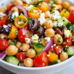 The Mediterranean Chickpea Salad shines with fresh, vibrant flavors. Here’s what you need to create it: - 1 can (15 oz) chickpeas, rinsed and drained - 1 cup cherry tomatoes, halved - 1 cucumber, diced - 1/2 red onion, finely chopped - 1/2 bell pepper (any color), diced - 1/4 cup Kalamata olives, pitted and halved - 1/4 cup feta cheese, crumbled (optional) - 3 tablespoons fresh parsley, chopped - 3 tablespoons olive oil - 2 tablespoons lemon juice - 1 teaspoon dried oregano - Salt and pepper to taste Chickpeas are the star here, delivering protein and fiber. I love using canned chickpeas for convenience. Just rinse them before use. Cherry tomatoes add a sweet burst. Their bright color makes the salad pop. Diced cucumber adds crunch. It makes the dish refreshing. Red onion gives a slightly sharp taste. If you want a milder flavor, soak them in water first. Bell peppers add sweetness and color. You can choose any color you like. Kalamata olives give a salty, briny kick. They complement the other ingredients well. Feta cheese adds creaminess. It’s optional, but I recommend it for extra flavor. Fresh parsley brings a bright note and a fresh look. Olive oil and lemon juice create a simple, zesty dressing. The dried oregano adds a classic Mediterranean touch. Lastly, salt and pepper enhance all the flavors. You can adjust them to your taste. Now you have all the essential ingredients for a tasty Mediterranean Chickpea Salad! {{ingredient_image_1}} - Combining the Base Ingredients Start by rinsing a can of chickpeas. Drain them well. In a large bowl, combine the chickpeas, halved cherry tomatoes, diced cucumber, finely chopped red onion, diced bell pepper, and pitted Kalamata olives. Mix them gently to blend all the flavors. - Adding Feta and Parsley If you like feta, crumble some into the bowl. Add about a quarter cup for a nice touch. Next, chop fresh parsley and sprinkle three tablespoons into your salad. This adds a fresh taste and a pop of green. - Preparing the Dressing In a small bowl, mix three tablespoons of olive oil with two tablespoons of lemon juice. Add a teaspoon of dried oregano. Season with salt and pepper. Whisk until everything combines well. This dressing gives your salad a bright flavor. - Mixing the Salad Pour the dressing over your salad mix. Toss gently to coat all the ingredients. Be careful not to mash the chickpeas. You want to keep them whole for the best texture. - Final Touch and Serving Taste your salad and adjust the seasoning. Add more salt, pepper, or lemon juice if you wish. Let the salad sit for 10-15 minutes. This resting time helps the flavors blend beautifully. When ready, serve it fresh and enjoy! Suggested Seasoning Adjustments I love to play with flavors. You can add more lemon juice for a zing. A pinch of garlic powder also boosts taste. Experiment with spices to find your favorite mix. Using Fresh vs. Dried Herbs Fresh herbs bring bright flavor. I prefer fresh parsley in my salad. Dried oregano works too, but fresh herbs make a big difference. If you have fresh herbs, use them when possible. Importance of Waiting Before Serving Let the salad sit for 10-15 minutes. This time lets the flavors blend. The chickpeas soak up the dressing, making each bite tasty. It’s worth the wait! Adding Protein Options You can add protein to make this salad a meal. Grilled chicken or shrimp pairs well. Canned tuna or hard-boiled eggs also work great. Choose what you like best! Serving Suggestions with Accompaniments Serve your salad with pita bread or hummus. It adds a nice touch and extra flavor. You can also pair it with grilled veggies for a filling meal. Enjoy your creation! Pro Tips Fresh Ingredients: Use the freshest vegetables and herbs you can find for the best flavor in your salad. Chill Before Serving: Refrigerate the salad for at least 30 minutes before serving to enhance the flavors. Customize Your Olives: Experiment with different types of olives for a unique taste; green olives can add a different flavor profile. Add Protein: For a heartier meal, consider adding grilled chicken or tuna to make it more filling. {{image_2}} Alternative Vegetables You can change the veggies in this salad to match your taste. Try adding diced bell peppers, shredded carrots, or even spinach for a fresh twist. If you prefer a crunchier bite, consider using radishes or celery. These swaps keep the salad bright and fun! Different Cheese Options Feta cheese adds a salty taste, but you can switch it up. Try goat cheese for a creamy flavor, or use mozzarella for a milder touch. If you want a dairy-free option, consider using nut-based cheese. It will still give your salad a nice richness. Creamy Dressing Ideas If you like creamy dressings, mix Greek yogurt with lemon juice and herbs. This adds a tangy and rich flavor to the salad. You can also blend avocado with olive oil and lemon juice for a smooth dressing that is both tasty and healthy. Vinegar Alternatives While lemon juice is classic, you can use vinegar for a different kick. Balsamic vinegar adds sweetness, while red wine vinegar gives a sharp taste. Both options can bring new life to your Mediterranean Chickpea Salad. Just remember to taste as you go! To keep your Mediterranean chickpea salad fresh, store it in an airtight container. This helps prevent it from drying out and keeps flavors intact. Place the container in the fridge right after serving. If you have leftovers, try to separate the dressing from the salad. This keeps the veggies crisp. You can store the dressing in a small jar. When ready to eat, simply mix them again. How long does it last in the fridge? This salad stays fresh for about three days when stored properly. After that, the veggies may start to lose their crunch. Freezing considerations: I do not recommend freezing this salad. The texture of the veggies changes and may become mushy. It is best enjoyed fresh or refrigerated. Yes, you can make this salad ahead of time. The flavors blend well when it sits. I suggest making it a few hours before serving. Just keep it in the fridge, covered. Yes, this salad is gluten-free. It uses whole, fresh ingredients without gluten. You can enjoy this dish without worry. To make this salad vegan, simply leave out the feta cheese. The other ingredients still create a tasty and filling dish. You won’t miss the cheese at all! You can use black beans or white beans instead of chickpeas. Both options add great flavor and texture. Just make sure they are rinsed and drained. Yes! You can add grilled chicken, shrimp, or tofu for extra protein. This way, you can customize the salad to your taste. Enjoy your Mediterranean Chickpea Salad however you like! This article provided you with a simple guide to making a tasty Mediterranean Chickpea Salad. You learned about essential ingredients, easy steps, and handy tips to enhance flavor. We discussed variations and how to store leftovers for later use. I hope you feel ready to create this salad at home. It’s packed with flavor and good for you. Enjoy experimenting with different ingredients and serving suggestions. Your meals can be fresh, healthy, and fun!