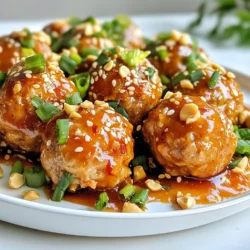 - 1 pound ground chicken - 1/2 cup breadcrumbs - 1/4 cup green onions, finely chopped - 1/4 cup fresh cilantro, chopped - 2 cloves garlic, minced - 1 tablespoon fresh ginger, grated - 1 tablespoon soy sauce - 1 tablespoon sriracha (adjust for spice preference) - 1 teaspoon sesame oil - 1/2 teaspoon salt - 1/4 teaspoon black pepper - 1/4 cup sweet chili sauce (for glazing) - Chopped peanuts and sesame seeds (for garnish) These ingredients make up the magic of Firecracker Chicken Meatballs. Each item plays a key role in building flavor. Ground chicken is the main star, providing a tender base. Breadcrumbs help bind the mixture, giving the meatballs a nice texture. Fresh herbs like green onions and cilantro add bright flavors. Garlic and ginger bring warmth and depth. Soy sauce and sriracha give a savory kick, while sesame oil brings a nutty taste. Salt and black pepper enhance every bite. The sweet chili sauce is the finishing touch. It adds sweetness and a bit of stickiness when baked. Finally, chopped peanuts and sesame seeds make the dish look appealing. They add crunch and visual flair. Gather these ingredients before starting. It makes the cooking process easier. Enjoy the fun of mixing and creating these flavorful meatballs! {{ingredient_image_1}} 1. In a large bowl, combine these ingredients: - 1 pound ground chicken - 1/2 cup breadcrumbs - 1/4 cup green onions, finely chopped - 1/4 cup fresh cilantro, chopped - 2 cloves garlic, minced - 1 tablespoon fresh ginger, grated - 1 tablespoon soy sauce - 1 tablespoon sriracha - 1 teaspoon sesame oil - 1/2 teaspoon salt - 1/4 teaspoon black pepper Mix everything gently until just combined. Avoid overmixing to keep the meatballs tender. 2. Next, form the mixture into 1.5-inch meatballs. Use your hands for this. Place each meatball on a baking sheet lined with parchment paper. Leave some space between each ball for even cooking. 3. Before baking, drizzle 1/4 cup of sweet chili sauce over the meatballs. This adds a nice glaze and flavor. 1. Preheat your oven to 400°F (200°C). This step ensures even cooking and a nice golden color. 2. Arrange the meatballs on the prepared baking sheet. Make sure they are spaced out. This helps them cook evenly and brown nicely. 3. Bake in the preheated oven for 18-20 minutes. The meatballs are done when they reach an internal temperature of 165°F (74°C). 1. After baking, allow the meatballs to cool for a couple of minutes. This makes them easier to handle. 2. For presentation, serve the meatballs on a large platter. Drizzle any remaining sweet chili sauce over them. Garnish with chopped peanuts, sesame seeds, and extra green onions for a colorful touch. This not only looks great but adds extra flavor. You can switch out the ground chicken for turkey or lean beef. Both work well. If you need a gluten-free option, use crushed rice crackers instead of breadcrumbs. Adjust the sriracha for spice levels. Add less if you want a milder dish. You can also add more for extra heat. To get the perfect meatball texture, mix gently. Overmixing can make them tough. Form each meatball with care, shaping them into 1.5-inch balls. When they bake, make sure they reach 165°F (74°C) inside. Use a meat thermometer for accuracy. These meatballs pair great with rice or noodles. You can also serve them with a side of steamed veggies. For meal prep, pack them with fresh greens for lunch. If you entertain, place them on a platter with dipping sauces. Sweet chili sauce is a hit! Pro Tips Keep it Moist: Adding breadcrumbs helps to bind the ingredients and keeps the meatballs moist during baking. Adjust the Heat: Feel free to modify the amount of sriracha according to your spice preference; you can even use a milder sauce for a gentler flavor. Perfectly Round Meatballs: Wet your hands with water before shaping the meatballs to prevent sticking and to achieve a smooth, round shape. Garnish for Flavor: Don’t skip the chopped peanuts and sesame seeds; they add a delightful crunch and enhance the overall taste of the dish. {{image_2}} You can make Firecracker Chicken Meatballs even more exciting. By adding different spices, you can change the heat and flavor. Try adding cayenne pepper for a fiery kick. If you prefer milder flavors, use paprika or smoked paprika. You can also mix in other vegetables. Grated carrots or finely chopped bell peppers add sweetness and crunch. This gives your meatballs a nice twist and boosts nutrition. If you need gluten-free meatballs, swap regular breadcrumbs for gluten-free ones. You can also use crushed rice crackers or ground oats as a substitute. This keeps the texture without gluten. For a vegetarian or vegan option, use ground plant-based meat. You can also mix in cooked lentils or chickpeas. Replace the egg with a flaxseed mixture or applesauce to bind it all together. Firecracker Chicken Meatballs can be fun appetizers or sliders. Serve them on mini buns with slaw for a tasty slider. You can also add a spicy mayo or tangy sauce for extra flavor. Incorporate different cultural flavors too. For a Mediterranean twist, use herbs like oregano or thyme. Add feta cheese and serve with tzatziki sauce. You’ll enjoy these meatballs with new and exciting tastes! To keep your Firecracker Chicken Meatballs fresh, store leftovers in an airtight container. This helps maintain their flavor and texture. You can refrigerate them for up to three days. Make sure they cool down before sealing the container. This prevents moisture buildup which can make them soggy. If you want to save them for later, freezing is a great option. First, let the meatballs cool completely. Then, place them in a single layer on a baking sheet. Freeze them for about an hour. Once they are solid, transfer them to a freezer bag. Squeeze out the air before sealing. You can freeze them for up to three months. When you are ready to eat, thaw them in the fridge overnight. Reheat them in the oven or microwave until hot. Preparing these meatballs in advance can save you time on busy nights. You can make a big batch and store them. After cooking, let them cool and place them in a container. Keep them in the fridge for easy access. You can also freeze some for later use. Just remember to label the containers with the date. This way, you’ll know how fresh they are! Firecracker Chicken Meatballs take about 35 minutes to cook. This includes 15 minutes for prep and 20 minutes for baking. You will feel the excitement build as they turn golden in the oven! Yes, you can make these meatballs ahead of time. Prepare the meatballs and place them on a baking sheet. Cover and freeze them for later use. When you need them, bake them straight from the freezer. Just add a few extra minutes to the cooking time. These meatballs pair well with various sides. Here are some suggestions: - Steamed rice or jasmine rice for a simple base. - A fresh salad to balance the flavors. - Vegetable stir-fry to add color and crunch. - Rice noodles for a fun twist on presentation. - Serve with extra sweet chili sauce for dipping. In this blog post, we covered how to make Firecracker Chicken Meatballs. You learned the key ingredients, step-by-step instructions, and helpful tips. We explored fun variations and provided storage advice. My final thought is that these meatballs are easy to make and great for any meal. Whether you stick to the basics or try new flavors, they will delight your taste buds. Enjoy making these tasty bites anytime!