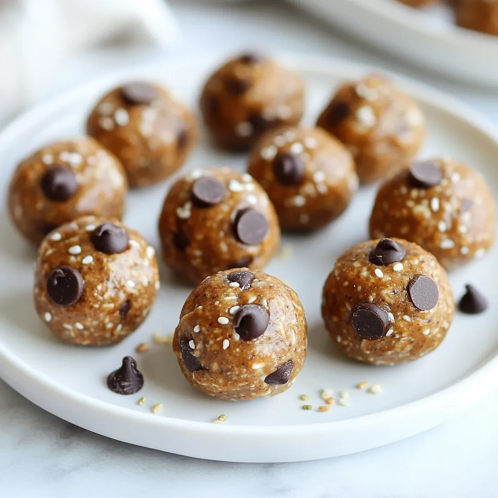 To make tasty peanut butter energy bites, you need these key ingredients: - 1 cup natural peanut butter - 1 cup rolled oats - 1/4 cup honey or maple syrup - 1/2 cup ground flaxseed - 1/2 cup chocolate chips These ingredients work together to create a chewy, sweet treat. Natural peanut butter gives a rich flavor and healthy fats. Rolled oats add fiber and help bind the bites. Honey or maple syrup sweetens it up and adds moisture. You can make your energy bites even better by adding these optional ingredients: - 1/4 cup chia seeds - 1 teaspoon vanilla extract - Pinch of salt Chia seeds boost nutrition with omega-3s. Vanilla extract adds a warm, sweet note. A pinch of salt balances the flavors and enhances sweetness. If you need to change some ingredients, here are some ideas: - Alternatives to peanut butter: Use almond butter or sun butter. - Sweeteners for low-sugar options: Try stevia or agave nectar. - Gluten-free ingredient alternatives: Use gluten-free oats or coconut flour. These substitutions keep your energy bites tasty while fitting your diet. Experiment with flavors and textures to find your perfect mix! {{ingredient_image_1}} - In a large bowl, add 1 cup of natural peanut butter. - Pour in 1/4 cup of honey or maple syrup. - Add 1 teaspoon of vanilla extract. - Stir these wet ingredients until smooth and well blended. - Next, add 1 cup of rolled oats and 1/2 cup of ground flaxseed. - Toss in 1/4 cup of chia seeds and a pinch of salt. - Mix these dry ingredients into the wet mixture until fully combined. - Finally, fold in 1/2 cup of chocolate chips gently. - Scoop about a tablespoon of the mixture into your hands. - Roll it into a ball with your palms. - Repeat this until all the mixture is rolled into bites. - For even sizing, use a small cookie scoop if you have one. - This helps each bite look nice and uniform. - Place the formed energy bites on a parchment-lined baking sheet. - Refrigerate them for at least 30 minutes. This step firms them up. - For storage, use an airtight container. - Keep them in the fridge for up to one week. - You can also freeze them for later enjoyment. To get the best energy bites, focus on the right mix of wet and dry ingredients. If your mixture feels too dry, add a bit more peanut butter or honey. If it’s too wet, toss in a few more oats or ground flaxseed. Mixing thoroughly is key. This helps all the flavors blend well and gives you that perfect chewy texture. You can enjoy these bites in many fun ways. Pair them with fresh fruits like apples or bananas for a tasty snack. You can also toss them into smoothies for a quick energy boost. For a creative touch, arrange the bites on a bright plate or place them in a mason jar tied with a ribbon. This makes a cute gift idea too! Sometimes, energy bites can be tricky. If your bites turn out dry or crumbly, try adding a bit of honey or peanut butter. This will help them stick better. If your mixture is too sticky, dust your hands with a little flour or oats while rolling them. This will make the process much easier! Pro Tips Use Natural Peanut Butter: Opt for natural peanut butter without added sugars or oils for a healthier option that still provides creamy texture and flavor. Experiment with Sweeteners: Feel free to substitute honey with maple syrup or agave nectar based on your dietary preferences or to achieve different flavor profiles. Customize Your Mix-Ins: Add your favorite nuts, seeds, or dried fruits to the mixture for added texture and nutrients, making each bite unique. Chill for Better Texture: Refrigerating the energy bites helps them firm up and makes them easier to handle and eat, enhancing the overall experience. {{image_2}} You can change the taste of your peanut butter energy bites easily. Try adding spices like cinnamon for warmth. Cocoa powder can give a rich chocolate flavor. You can also mix in dried fruits, like raisins or cranberries, for sweetness. Nuts, such as chopped almonds or walnuts, add crunch and healthy fats. These changes help keep things fun and tasty! If you follow a vegan diet, swap honey with maple syrup. This keeps the bites sweet without using animal products. For those on a keto diet, you can replace rolled oats with unsweetened coconut flakes. This lowers the carbs but keeps the texture nice. Always check labels for other ingredients to ensure they fit your diet needs. You can make seasonal energy bites to celebrate holidays. For Halloween, add orange zest and some pumpkin spice. During winter, try adding peppermint extract for a fresh taste. You can also create kid-friendly options by shaping the bites into fun forms. Use cookie cutters for shapes or dip them in yogurt for a special treat. These variations make snacks exciting for everyone! Store your peanut butter energy bites in an airtight container. This keeps them fresh and tasty. You can choose to refrigerate or freeze them depending on how long you want to keep them. - Refrigeration: This is great for short-term storage. They last about one week in the fridge. - Freezing: If you want to save them longer, freeze the bites. They can last up to three months in the freezer. When you store energy bites in the fridge, they stay fresh for about one week. Check for any changes in smell or texture before eating. If frozen, thaw them in the fridge overnight before enjoying. - Thawing frozen energy bites: Simply move them from the freezer to the fridge. They will be ready to eat in a few hours. If you have leftover energy bites, remix them with new flavors. You can add nuts, seeds, or different sweeteners. - Creative recipes to use leftover bites: Blend them into smoothies for a quick boost. You can also crumble them over yogurt or oatmeal for added texture and flavor. Peanut butter energy bites last about one week in the fridge. In the pantry, they may only stay fresh for a few days. Keeping them in an airtight container helps maintain their freshness. If you freeze them, they can last for up to three months. This gives you a tasty snack ready whenever you need a boost. Yes, you can make peanut butter energy bites nut-free. Use sun butter or soy nut butter instead of peanut butter. These options taste great and keep the texture similar. Check the labels to ensure they are safe for allergies. This way, everyone can enjoy these energy bites. Peanut butter energy bites are quite healthy. They provide a good mix of protein, fiber, and healthy fats. Each bite has about 100 calories. The oats and flaxseed add fiber, which helps you feel full. The chocolate chips offer a little sweetness without too much sugar. Overall, they make a great snack for energy and nutrition. To modify the recipe for allergies, start with common allergen replacements. For gluten-free bites, use gluten-free oats. For sugar-free options, try using mashed bananas or unsweetened applesauce. If avoiding dairy, skip chocolate chips or use dairy-free ones. These swaps help make the bites safe for everyone while still being tasty. Peanut butter energy bites are simple to make and delicious. We covered key ingredients like peanut butter, oats, and sweeteners. You can customize and substitute ingredients based on your needs. I provided step-by-step instructions to ensure perfect bites every time. There are also tips for tweaking texture and flavor. Remember to store your energy bites properly for freshness. Enjoy these snacks as a healthy treat after a workout or as a quick energy boost throughout the day. Your options are endless, so get creative and make them your own!
