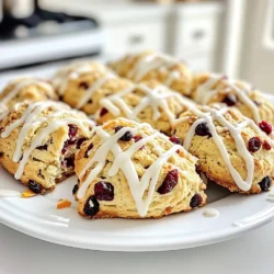 To make tasty cranberry orange scones, you need the following main ingredients: - 2 cups all-purpose flour - 1/2 cup granulated sugar - 1 tablespoon baking powder - 1/4 teaspoon salt - 1/2 cup unsalted butter, cold and cubed - 1/2 cup dried cranberries - Zest of 1 orange - 1/2 cup heavy cream - 1 large egg - 1 teaspoon vanilla extract These ingredients work together to create a light and fluffy scone, bursting with flavor. The glaze adds a sweet and tangy finish to your scones. For the glaze, you'll need: - 1 cup powdered sugar - 2 tablespoons fresh orange juice - 1 teaspoon orange zest This glaze is simple to whip up and enhances the orange flavor. You can customize your scones with a few easy swaps or boosts: - Flour: Use whole wheat flour for a healthier option. - Sweetener: Substitute brown sugar for a richer taste. - Add-ins: Try adding chopped nuts or white chocolate chips. These changes can help fit your taste or dietary needs while keeping the scone's charm. Enjoy experimenting! Start by preheating your oven to 400°F (200°C). This heat helps the scones rise nicely. Next, take a baking sheet and line it with parchment paper. This step keeps the scones from sticking and makes cleanup easy. In a large bowl, add 2 cups of all-purpose flour. Then, add 1/2 cup of granulated sugar, 1 tablespoon of baking powder, and 1/4 teaspoon of salt. Whisk these dry ingredients together until well combined. This mix gives the scones their structure and flavor. Now, take 1/2 cup of cold, cubed unsalted butter and add it to the flour mixture. Use a pastry cutter or your fingertips to work the butter into the flour. You want the mix to look like coarse crumbs. After that, stir in 1/2 cup of dried cranberries and the zest of 1 orange. This will add a burst of flavor to each bite. In another bowl, whisk together 1/2 cup of heavy cream, 1 large egg, and 1 teaspoon of vanilla extract. Pour this wet mix into the dry ingredients. Mix gently until just combined. Be careful not to overmix. Overmixing can make the scones tough. Turn the dough onto a lightly floured surface. Shape it into a disc about 1 inch thick. Use a sharp knife to cut the disc into 8 wedges. Transfer these wedges to your prepared baking sheet, leaving space between each one. Bake the scones in your preheated oven for 15-18 minutes. They are ready when they turn lightly golden on the edges. Keep an eye on them to avoid burning. While the scones bake, make the glaze. In a small bowl, whisk together 1 cup of powdered sugar, 2 tablespoons of fresh orange juice, and 1 teaspoon of orange zest until smooth. This glaze adds a sweet and zesty finish to your scones. Once the scones cool for about 10 minutes, drizzle the glaze over the top. Enjoy your tasty treat! To get that perfect scone texture, keep your butter cold. Cold butter helps create flaky layers. When mixing it into the flour, use a pastry cutter or your fingers. Stop when the mixture looks like coarse crumbs. Overmixing can lead to tough scones, so mix just until combined. Also, don’t forget to add in the dried cranberries and orange zest evenly. When you mix the dough, do it gently. Use a spatula or your hands to combine the wet and dry ingredients. If you see dry flour, it’s okay. Just mix until you can’t see it anymore. Remember, it’s better to have some lumps than to overwork the dough. This keeps your scones light and airy. For a smooth glaze, whisk the powdered sugar with fresh orange juice and zest. Make sure there are no lumps. Once your scones cool for about ten minutes, drizzle the glaze over them. To get an even coating, start from the center and move outward. You can also use a spoon or a squeeze bottle for more control. Enjoy the bright flavor it adds! {{image_2}} You can change up the scones by adding different mix-ins. Try using nuts like walnuts or pecans for a crunchy texture. Chocolate chips are also a great choice. They add a sweet touch that pairs well with tart cranberries. You can even mix in white chocolate chips for a creamy contrast. Feel free to get creative with dried fruits, too, like cherries or blueberries. The glaze can also be varied to match your taste. Instead of orange, use lemon juice for a bright twist. Lime juice adds a zesty kick, perfect for summer. You can mix in some almond extract for a unique flavor. Just remember to adjust the sweetness of the glaze to keep it balanced. If you need gluten-free scones, replace all-purpose flour with a gluten-free blend. Check that the blend has a binding agent like xanthan gum. For a dairy-free option, swap out butter for coconut oil or a plant-based butter. Use almond milk in place of heavy cream for a smooth dough. These adjustments keep the scones tasty while meeting your dietary needs. After baking, let the scones cool completely. Place them in an airtight container. This helps keep them fresh. You can store them at room temperature for up to two days. If you want to keep them longer, use the fridge. They will stay good for about a week in the fridge. To enjoy your scones warm, preheat your oven to 350°F (175°C). Place the scones on a baking sheet. Heat them for about 5-10 minutes. This will restore their soft texture. You can also microwave them for 15-20 seconds. Just be careful not to overheat, or they might get tough. Freezing is a great way to save scones. After cooling, wrap each scone tightly in plastic wrap. Put them in a freezer bag to avoid freezer burn. You can freeze scones for up to three months. When ready to eat, thaw them in the fridge overnight. Then, reheat them as mentioned above. This keeps them tasty and fresh. Yes, you can use fresh cranberries. They will make your scones more tart. To balance this, add a bit more sugar to the dough. Fresh cranberries also add moisture, so check the baking time. The scones are done when they turn lightly golden on the edges. You can also check for a firm touch. If they spring back when pressed gently, they are ready to come out. Cranberry orange scones pair well with butter, clotted cream, or jam. You can also serve them with a cup of tea or coffee. The citrus flavor works well with a hot drink. Scones last about 2 days at room temperature. Store them in an airtight container. They may dry out if left uncovered, so keep them well sealed. Yes, you can make the dough ahead of time. Wrap it in plastic wrap and chill it in the fridge. Use it within 24 hours for the best texture and flavor. We covered how to make delicious scones with an orange glaze. You learned the key ingredients and step-by-step instructions for perfect scones. I shared tips for texture and glazing. You explored tasty variations and proper storage methods. Remember, baking is about fun and creativity. Don't hesitate to try new mixes or flavors. Enjoy your baking journey and share your tasty scones with friends and family!