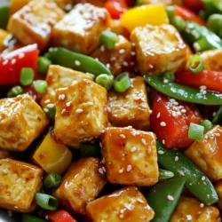 - 1 block (14 oz) firm tofu, drained and pressed - 2 tablespoons cornstarch - 2 tablespoons vegetable oil - 1 red bell pepper, sliced - 1 yellow bell pepper, sliced - 1 cup snap peas, trimmed - 2 green onions, sliced - 2 cloves garlic, minced - 1 tablespoon fresh ginger, minced - 1/4 cup sweet chili sauce - 2 tablespoons soy sauce (or tamari for gluten-free) - 1 tablespoon sesame oil - Sesame seeds for garnish - Fresh cilantro for garnish (optional) Tofu is the star here. It gives protein and absorbs flavors well. I prefer firm tofu. It holds its shape during cooking and gets crispy. Bell peppers add color and crunch. The red and yellow ones give a nice sweet taste. Snap peas are tender and sweet too. They make every bite fun. Sweet chili sauce brings a great kick. It combines sweetness with a bit of heat. Soy sauce or tamari adds saltiness that balances everything. Sesame oil gives a nutty flavor that’s amazing with stir-fries. Garlic and ginger provide a fragrant base that makes the dish pop. - Soy Sauce or Tamari - Sesame Oil - Garlic and Ginger Use soy sauce or tamari based on your needs. Tamari is great for gluten-free diets. Both add rich umami to the dish. Sesame oil adds depth and a slight nuttiness. Garlic and ginger bring brightness and warmth. They make the dish aromatic and inviting. - Sesame Seeds - Green Onions - Fresh Cilantro Garnishes make everything better. Sesame seeds add crunch and a toasty flavor. Green onions give freshness and a slight bite. Fresh cilantro brightens the dish with its unique taste. These toppings make the stir fry look pretty and taste amazing! {{ingredient_image_1}} Draining and Pressing Tofu To start, take your block of firm tofu and drain it well. Press it gently to remove excess water. This step helps the tofu absorb flavors better. If you don’t press it, the tofu may end up soggy. Cutting Tofu into Cubes Next, cut the pressed tofu into 1-inch cubes. Uniform sizes help the tofu cook evenly. This is key for that perfect, crispy texture. Coating with Cornstarch Place the tofu cubes in a bowl. Sprinkle them with 2 tablespoons of cornstarch. Toss gently to coat each piece evenly. This creates a crispy crust when you fry it. Heating Oil in the Skillet Heat 1 tablespoon of vegetable oil in a large non-stick skillet over medium-high heat. Make sure the oil is hot before adding tofu. This will help in achieving a golden brown color. Frying the Tofu to Crispy Perfection Add the tofu cubes in a single layer. Cook for about 3-4 minutes on each side. You want them golden and crispy. Once done, remove the tofu and set it aside. This step adds amazing texture to the dish. Adding Vegetables to the Skillet In the same skillet, add another tablespoon of vegetable oil. Toss in your sliced red and yellow bell peppers, snap peas, minced garlic, and minced ginger. Timing for Vegetable Tenderness Stir-fry the vegetables for about 4-5 minutes. You want them tender but still crisp. This will give your dish great color and crunch. Returning Tofu to Combine Now, return the crispy tofu to the skillet. Pour in the sweet chili sauce, soy sauce, and sesame oil. Stir gently to combine everything. Heat through for another 2-3 minutes, and you’re ready for a tasty meal! Choosing the Right Firmness When making this dish, use firm tofu. Firm tofu holds its shape well. It absorbs flavors nicely. Soft tofu can break apart too easily. Extra-firm tofu is also a good choice if you want more texture. Importance of Pressing Pressing tofu is key. It removes excess water and helps it crisp up. To press tofu, wrap it in a clean towel. Place a heavy object on top, like a skillet. Leave it for about 15 minutes. This step makes a big difference in texture. Adding More Sweetness or Heat You can customize the sweetness or heat. Add more sweet chili sauce for extra sweetness. For heat, sprinkle some red pepper flakes. You can also add sliced jalapeños for a spicy kick. Taste as you go to find your perfect balance. Recommended Condiments Pair your stir fry with soy sauce or tamari. This adds depth and saltiness. For a unique twist, try hoisin sauce. It gives a sweet and savory flavor that’s delightful. Best Utensils for Stir-Frying Use a non-stick skillet or a wok for this recipe. A non-stick surface prevents sticking and burning. A wok allows for even cooking and high heat. If you have a wooden spatula, it’s great for flipping tofu and veggies. Skillet vs. Wok Both skillets and woks work well. A skillet is good for small batches. A wok is better for larger portions and quick cooking. If you stir-fry often, consider getting a wok. It’s worth the investment for perfect meals. Pro Tips Press the Tofu: For the best texture, make sure to press the tofu for at least 30 minutes to remove excess moisture, allowing it to absorb more flavors and become crispier when cooked. Customize Your Veggies: Feel free to mix and match vegetables based on what you have at home. Broccoli, carrots, and bok choy are great alternatives that also add more color and nutrition. Double the Sauce: If you love a saucier stir fry, consider doubling the sweet chili and soy sauce for a more flavorful dish. Just be sure to balance it with a bit of cornstarch to thicken if needed. Garnish for Extra Flavor: Don't skip the sesame seeds and cilantro! They add a wonderful crunch and fresh flavor that elevates the dish significantly. {{image_2}} You can switch up the veggies in this stir fry. If you have broccoli or carrots, use them! They add crunch and color. You can also try mushrooms for a savory twist. Seasonal swaps can make this dish even better. In summer, zucchini or bell peppers shine. In fall, add squash or kale for a hearty taste. Tofu isn’t the only option here. You might want to try tempeh or seitan. Both bring great texture and flavor. If you like chickpeas, toss in some for protein. They soak up the sauce well. If you want a vegan option, stick with tofu, tempeh, or chickpeas. They all pair nicely with sweet chili sauce. Making your own sweet chili sauce is easy! Just mix sugar, vinegar, and chili flakes. This lets you control the heat and sweetness. For dietary needs, consider using low-sodium soy sauce. You can also swap honey for a vegan option. Adjust the sauce as you like, and make it your own! To store your Sweet Chili Tofu Stir Fry, first cool it to room temperature. Place it in an airtight container. Refrigerate it within two hours of cooking. This dish can last in the fridge for up to three days. For freezing, make sure it is fully cooled. Use freezer-safe bags or containers. It can stay in the freezer for up to three months. Remember to label the container with the date. When reheating, I suggest using a skillet. Heat it over medium heat, then add a splash of water. This helps keep the tofu and veggies moist. Stir often for even heating. You can also use the microwave. Place your stir fry in a microwave-safe dish. Cover it with a damp paper towel. Heat in short bursts, stirring in between, until warm. To make meal prep easier, chop your veggies ahead of time. Store them in the fridge for quick use. You can also cube and coat the tofu with cornstarch a day in advance. For quick weeknight meals, cook a double batch. You can serve it over rice or noodles. This makes for fast meals that are healthy and delicious. Sweet chili sauce is a thick, sweet, and mildly spicy sauce. It often contains sugar, vinegar, and chili peppers. This sauce adds a nice balance of flavors to dishes. You can find it in most grocery stores. I love using it in stir-fries for a burst of flavor. Yes, you can easily make this dish gluten-free. Simply substitute regular soy sauce with tamari. Tamari is a gluten-free soy sauce that works well in this recipe. Always check labels to ensure your ingredients are gluten-free. To make your Sweet Chili Tofu Stir Fry spicier, add red pepper flakes or fresh sliced chilies. You can also use a hotter brand of sweet chili sauce. Adjust the amount to suit your taste buds. I like to start with a little and add more as needed. Pair your stir fry with steamed rice or quinoa for a complete meal. You can also serve it with noodles for a different twist. Fresh veggies or a simple salad make great sides too. This adds crunch and freshness to your meal. You can keep leftovers in the fridge for up to three days. Store them in an airtight container to keep them fresh. When reheating, use a skillet to maintain the texture. This helps the tofu stay crispy and the veggies stay tender. This blog covers how to make a tasty Sweet Chili Tofu Stir Fry. We explored main ingredients like tofu, bell peppers, and snap peas, and discussed key seasonings. Preparing tofu and stir-frying veggies was broken down into easy steps. I shared tips to enhance flavors and suggested variations to switch things up. Finally, we looked at storage and reheating methods for leftovers. Enjoy creating your own version of this dish! It’s fun, quick, and packed with flavor.