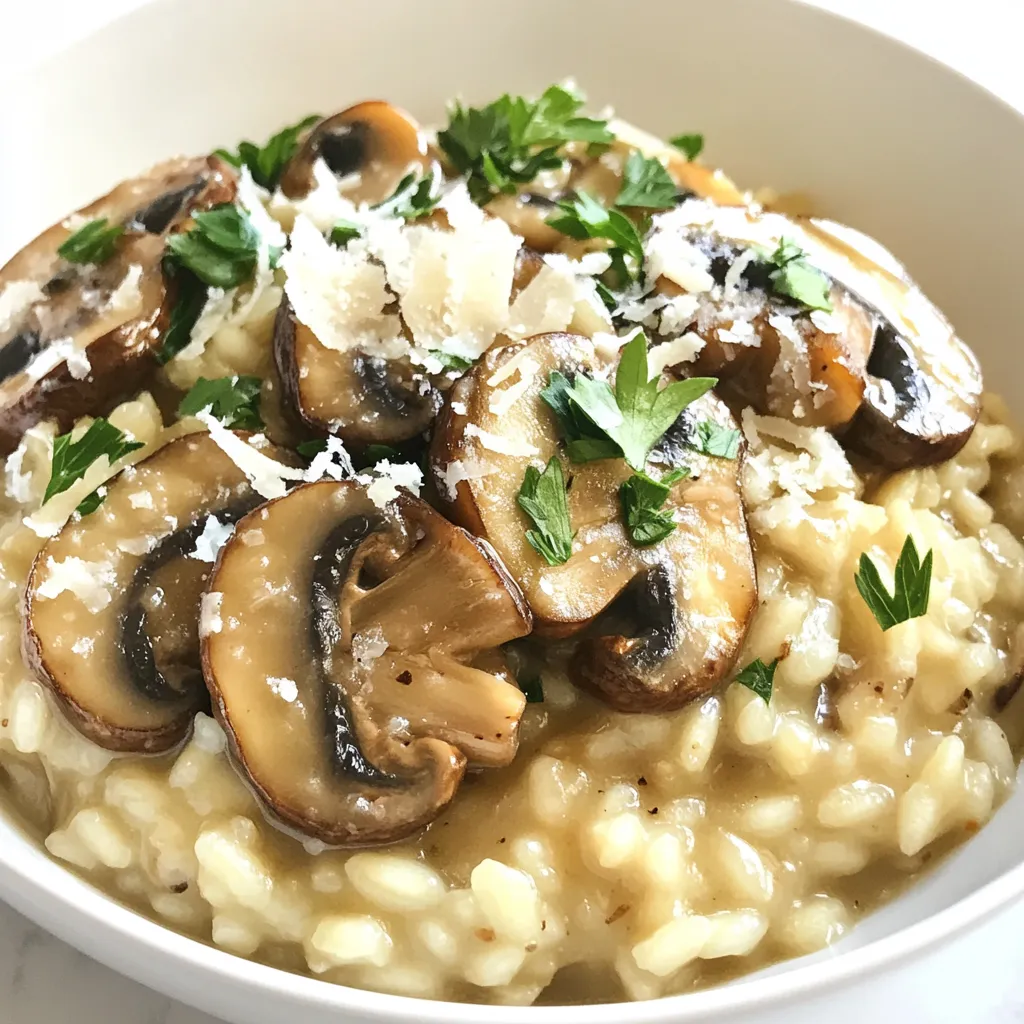 - 1 cup Arborio rice - 4 cups vegetable broth - 1 cup mushrooms, sliced (such as cremini or shiitake) - 1 small onion, finely chopped - 2 cloves garlic, minced In creamy mushroom risotto, Arborio rice is key. This rice has a high starch content. When cooked, it gives risotto its creamy texture. Vegetable broth adds rich flavor. Always use warm broth to keep the cooking process smooth. Mushrooms, like cremini or shiitake, give depth and umami. Onion and garlic add a nice base of flavor. - 1 cup heavy cream - ½ cup Parmesan cheese, grated - 2 tablespoons olive oil - 1 tablespoon butter - Salt and pepper to taste Heavy cream makes the risotto rich and silky. Parmesan cheese adds a savory touch. Olive oil and butter help sauté vegetables and enhance flavor. Don't forget salt and pepper! They bring out the dish's best taste. - Fresh parsley, chopped Fresh parsley adds color and a hint of freshness. It brightens the dish and enhances the overall look. When you're ready to serve, sprinkle the parsley on top for that perfect finishing touch. {{ingredient_image_1}} 1. Heating vegetable broth: Start by pouring 4 cups of vegetable broth into a saucepan. Heat it over medium flame. Keep it warm, but don’t boil it. This step is key for a nice risotto. 2. Chopping vegetables: Grab a small onion and chop it finely. Next, mince 2 cloves of garlic. For the mushrooms, you can use cremini or shiitake. Slice 1 cup of mushrooms. Having your veggies ready makes cooking easier! 1. Sautéing onion, garlic, and mushrooms: In a large skillet, heat 2 tablespoons of olive oil and 1 tablespoon of butter over medium heat. Add the chopped onion and sauté until it looks translucent, about 5 minutes. Then, toss in the minced garlic and sliced mushrooms. Cook for 5-7 minutes. Stir often until the mushrooms are tender and any moisture is gone. 2. Toasting the rice: Stir in 1 cup of Arborio rice into the skillet. Cook it for 1-2 minutes. This toasting step warms the rice and helps it soak up all the flavors. 1. Adding broth gradually: Now, it’s time for the broth! Take a ladle and pour in some warm vegetable broth. Stir the rice often and let it soak up the broth before adding more. Repeat this for about 18-20 minutes. This process makes the risotto creamy. 2. Achieving creamy texture: Keep stirring and adding broth until the rice is creamy and al dente. Once the rice reaches the right texture, stir in 1 cup of heavy cream and ½ cup of grated Parmesan cheese. Mix well until everything is beautifully combined. Season with salt and pepper to taste. Now, your creamy mushroom risotto is almost ready to enjoy! When making creamy mushroom risotto, the right ingredients are key. I recommend using cremini or shiitake mushrooms. They add rich flavor and a nice texture. Feel free to mix and match for a unique taste. For the rice, always select Arborio rice. This short-grain rice absorbs liquid well, creating that creamy texture we love in risotto. Stirring is crucial for creaminess. I suggest stirring the rice often while cooking. This action releases starch, making the dish silky smooth. Keep the heat at medium. If it’s too high, the rice may cook unevenly. You want it to simmer gently, allowing the grains to absorb the broth slowly. Season your risotto at the end. A pinch of salt and pepper brings out the flavors. You can also add a squeeze of lemon juice for brightness. When garnishing, wait until just before serving. Freshly chopped parsley adds color and a fresh taste. Enjoy your delicious creation! Pro Tips Use Quality Broth: The flavor of your risotto largely depends on the quality of the vegetable broth you use. Opt for homemade or low-sodium store-bought broth for the best results. Stir Constantly: Stirring continuously helps release the starches from the Arborio rice, which creates that creamy texture risotto is known for. Don’t skip this step! Add Broth Gradually: Adding the broth one ladle at a time allows the rice to absorb the liquid and cook evenly, resulting in perfectly al dente grains. Finish with Fresh Herbs: Garnishing with freshly chopped parsley not only enhances the presentation but also adds a burst of freshness to the rich flavors of the risotto. {{image_2}} Adding protein can make your creamy mushroom risotto even more filling. You can use chicken or shrimp for a heartier dish. Cook the chicken until golden and dice it up. For shrimp, add them just before the rice is done. If you prefer a vegetarian option, tofu is a great choice. Just press and cube the tofu, then sauté it until golden before mixing it in. Herbs can take your risotto to the next level. Thyme, basil, or sage add fresh notes. Chop them finely and stir them in during the last minute of cooking. You can also switch up the cheese. Goat cheese offers a tangy kick that works well with mushrooms. Just crumble some in when you add the heavy cream for a rich taste. Want to sneak in more veggies? Spinach or peas are perfect. Add them in the last five minutes of cooking. This keeps them bright and fresh. Roasted bell peppers also make a great addition. They add sweetness and color. Just chop them up and mix them in with the rice for a delicious twist. To keep your creamy mushroom risotto fresh, store it in an airtight container. Allow it to cool to room temperature first. Place it in the fridge for up to three days. Make sure to label the container with the date. This way, you can track how long it has been stored. Avoid leaving it out at room temperature for too long. This helps prevent spoilage and keeps it safe to eat. If you want to save risotto for later, freezing is a good option. First, let the risotto cool completely. Then, portion it into freezer-safe bags or containers. Squeeze out as much air as you can before sealing. This prevents freezer burn and keeps the flavor intact. Risotto can be frozen for up to three months. When you’re ready to enjoy it again, thaw it overnight in the fridge. To reheat risotto, use a saucepan on low heat. Add a splash of broth or water to help restore its creaminess. Stir it often to ensure even heating. You can also use the microwave if you’re short on time. Place the risotto in a microwave-safe bowl and cover it with a lid or plastic wrap. Heat it in short bursts, stirring in between. This helps avoid hot spots and keeps the texture creamy. Creamy mushroom risotto lasts about 3 to 4 days in the fridge. To keep it fresh, store it in an airtight container. Make sure it cools down before sealing it. When you’re ready to eat, check for any off smells or changes in texture. If it looks good, heat it up and enjoy! You can use brown rice, but the texture will change. Arborio rice is creamy and starchy, giving risotto its rich texture. Brown rice takes longer to cook and stays firmer. If you use brown rice, you may need more broth and a longer cooking time. The dish won't be as creamy, but it can still be tasty! While you can use water, broth adds more flavor. Water makes the dish bland. Broth infuses the rice with rich taste. If you have broth, use it for the best results. If you only have water, consider adding herbs or spices for extra flavor. This article covered the essentials of making creamy mushroom risotto. We looked at key ingredients like Arborio rice, broth, and mushrooms. I provided step-by-step cooking instructions and shared tips for achieving the right texture. We also explored fun variations and important storage tips. In conclusion, mastering risotto isn't hard with the right approach. Enjoy personalizing it with your favorite flavors and toppings!