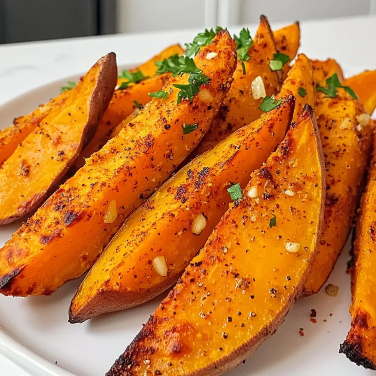 - 2 large sweet potatoes, washed and cut into wedges - 3 tablespoons olive oil - 4 cloves garlic, minced - 1 teaspoon smoked paprika - 1 teaspoon onion powder - 1 teaspoon salt - ½ teaspoon black pepper - Fresh parsley, chopped (for garnish) - Optional: 1 tablespoon of freshly grated Parmesan cheese Using fresh ingredients makes a big difference. Sweet potatoes give a sweet, earthy taste. I use olive oil for healthy fat and great flavor. Garlic adds a nice kick, while smoked paprika gives a warm, rich touch. Onion powder and salt enhance the overall taste. Black pepper adds a little heat. For garnishing, I love using fresh parsley. It adds color and a fresh taste. If you want a cheesy twist, add grated Parmesan cheese. This mix of flavors makes the sweet potato wedges so tasty. Start by preheating your air fryer to 400°F (200°C) for about 5 minutes. Preheating is key for even cooking. It helps the sweet potato wedges cook perfectly from all sides. If you skip this step, the wedges may become soft and not crispy. First, wash your sweet potatoes well to remove any dirt. Next, cut them into wedges. Aim for uniform sizes to ensure even cooking. In a large mixing bowl, mix the sweet potato wedges with: - 3 tablespoons olive oil - 4 cloves garlic, minced - 1 teaspoon smoked paprika - 1 teaspoon onion powder - 1 teaspoon salt - ½ teaspoon black pepper Toss everything together. Make sure each wedge is well coated in the mix. This adds flavor and helps achieve that crispy texture. Now, it’s time to cook your wedges. Place them in the air fryer basket in a single layer. Avoid overcrowding the basket. If needed, cook in batches. Overcrowding can lead to uneven cooking. Air fry the wedges for 15-20 minutes. Shake the basket halfway through. This ensures even browning and crispiness. The wedges should come out golden brown and crisp. Enjoy the great flavor and texture! To get those sweet potato wedges crispy, set your air fryer to 400°F (200°C). This high heat cooks them fast and gives a nice crunch. Make sure to preheat for 5 minutes. It helps the wedges cook evenly. Shaking the basket is key! Halfway through cooking, pull out the basket and shake it. This helps the air circulate and cooks all sides. If you skip this, some wedges might not get crispy. You can boost the flavor with extra spices. Try adding cayenne pepper for heat or rosemary for a fresh taste. These will make your wedges even more exciting. For a cheesy kick, sprinkle Parmesan cheese on the hot wedges. It melts just enough to stick. Don’t forget to add fresh parsley on top for color and taste. It makes the dish look beautiful! If your wedges come out undercooked, they might need more time. Put them back in for another 3–5 minutes. Check them often to avoid overcooking. If your wedges are overcooked, they may be too crunchy. Next time, reduce the cooking time by a few minutes. After cooking, you can season to taste. If they need more salt or spice, sprinkle it on right after cooking. This way, the flavors mix well! {{image_2}} You can change up the flavor of your air fryer garlic sweet potato wedges. Try different spices to create a new taste. For a sweet twist, add cinnamon and a pinch of nutmeg. This makes them taste like fall! If you want something savory, use herbs like rosemary or thyme. You can also mix in chili powder for a little heat. If you want to switch from sweet potatoes, there are plenty of options. Carrots, parsnips, and even butternut squash work well. Just cut them into wedges and season them the same way. Each veggie brings its own flavor and texture. Many people have special diets these days. The good news is that air fryer garlic sweet potato wedges fit right in. They are naturally vegan and gluten-free. You just need to make sure any dips or sauces you use match your diet. If you are low-carb, you can swap sweet potatoes for zucchini or eggplant. They work great in the air fryer too! Just season and cook them the same way for a tasty low-carb treat. These sweet potato wedges are perfect for dipping. You can pair them with ketchup, ranch, or even a garlic aioli. If you want to be fancy, try a yogurt dip with herbs. They also go well with many main dishes. Serve them next to grilled chicken, fish, or a hearty salad. They add a nice crunch and flavor to any meal. To keep your sweet potato wedges fresh, refrigerate them. Place the cooled wedges in an airtight container. This helps keep moisture out and flavor in. Use a container that seals well to avoid drying out. Store them for up to three days in the fridge. The best way to reheat these wedges is in the air fryer. Set your air fryer to 350°F (175°C) and cook for about 5-8 minutes. This keeps them crispy. You can also use the oven. Preheat it to 350°F (175°C), and reheat for about 10-15 minutes. If you are in a hurry, the microwave works too. Heat them for 30 seconds at a time until warm, but they may lose crispiness. You can freeze sweet potato wedges either before or after cooking. If freezing raw, toss them in olive oil and seasonings first. Lay them flat on a baking sheet and freeze until solid. Then, transfer to a freezer bag. For cooked wedges, let them cool completely before freezing. Place them in a freezer-safe container. To thaw, you can leave them in the fridge overnight or use the microwave. If you want to keep the crispiness, reheat them directly from frozen in the air fryer. This works great and keeps them tasty. Air fryer sweet potatoes usually cook in 15 to 20 minutes. You want them to be golden brown and crispy. Check them halfway through and shake the basket. This helps them cook evenly. If they need more time, give them a few extra minutes. Yes, you can use other types of potatoes! Regular potatoes, like russets or Yukon golds, work well. They will have a different taste and texture, but they can be just as tasty. Cut them into similar wedge shapes for even cooking. No, you don’t have to peel sweet potatoes. The skin adds extra fiber and nutrients. Plus, it helps the wedges stay together while cooking. Just wash them well before cutting. If you prefer them peeled, that’s fine too! Air-frying sweet potatoes is simple and tasty. We covered key ingredients, like sweet potatoes and seasonings. I shared steps for preheating your fryer and preparing the wedges. You learned tips for crispiness and flavor, plus fun variations for diets. Storing leftovers and reheating them correctly keeps the taste fresh. Enjoy exploring all the ways to make this dish your own. With the right techniques, your sweet potato wedges can be a hit every time!