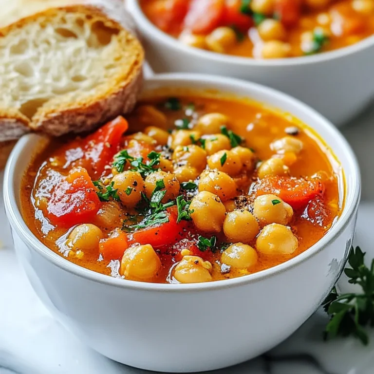 The right ingredients make this smoky chickpea stew full of flavor. Here’s what you need: - 2 cans (15 oz each) chickpeas, rinsed and drained - 1 large onion, diced - 3 garlic cloves, minced - 1 red bell pepper, diced - 1 carrot, diced - 1 can (14 oz) diced tomatoes - 2 cups vegetable broth - 2 tablespoons olive oil - 1 tablespoon smoked paprika - 1 teaspoon ground cumin - 1 teaspoon coriander - Salt and pepper to taste - Fresh parsley for garnish - Optional: a squeeze of lemon juice to brighten the flavors These ingredients combine to create a rich and hearty meal. The chickpeas add protein and fiber. The onion and garlic give it a nice base flavor. The red bell pepper and carrot add sweetness and texture. Spices like smoked paprika, cumin, and coriander bring warmth and depth. If you want to add a fresh twist, try a squeeze of lemon juice. Fresh parsley on top adds color and a burst of freshness. Gather all these ingredients before you start cooking. It makes the process smooth and fun. Enjoy cooking this tasty dish! {{ingredient_image_1}} 1. Start by heating the olive oil in a large pot over medium heat. This step is key for flavor. 2. Add the diced onion. Sauté it for about 5 minutes until it becomes soft and clear. 3. Next, toss in the minced garlic, diced red bell pepper, and carrot. Stir them well and cook for 3 to 4 minutes. You want them slightly tender. 4. Now, stir in the smoked paprika, cumin, and coriander. Let the spices toast for about 1 minute. This brings out their best flavors. 5. Add the rinsed chickpeas, diced tomatoes (with juice), and vegetable broth into the pot. Stir well and bring it all to a simmer. 6. Reduce the heat to low. Let it simmer for 20 to 25 minutes. Stir occasionally to ensure even cooking and flavor mixing. 7. Finally, taste the stew. Add salt and pepper as needed. If you want, squeeze some lemon juice to brighten the dish. - The total cooking time is about 40 minutes. - For the sautéing step, keep the heat on medium. - When simmering, lower the heat. This allows the stew to develop rich flavors without burning. To boost the flavors in your smoky chickpea stew, consider adding a pinch of cayenne pepper. It brings a nice heat. You can also try adding ground coriander for a fresh touch. For acidity, a splash of vinegar works well. It can brighten the stew's taste. You might also squeeze in some lemon juice before serving. This adds a refreshing zing. For sweetness, a bit of honey or maple syrup can balance the heat. Just a teaspoon can make a big difference. If your stew is too thin, you can thicken it easily. One option is to mash some chickpeas with a fork or a blender. Stir this back into the pot. Another method is to add a tablespoon of cornstarch mixed with water. This will help to thicken it quickly. If you find it too watery, let it simmer longer. This allows excess liquid to cook off. You can also add a few more chopped veggies. Carrots or potatoes work great and absorb extra liquid while cooking. Pro Tips Use Fresh Spices: Ensure your spices are fresh for the best flavor. Old spices can lose their potency and affect the overall taste of the stew. Adjust the Heat: If you like a spicy kick, consider adding a pinch of cayenne pepper or red pepper flakes along with the other spices. Vegetable Variations: Feel free to add other vegetables like zucchini or spinach for extra nutrition and flavor. Just adjust the cooking time accordingly. Storage Tips: This stew keeps well in the refrigerator for up to 4 days. It also freezes nicely, making it a great make-ahead meal! {{image_2}} Smoky chickpea stew is both vegan and gluten-free. You can enjoy it with no animal products. If you want to add more protein, try lentils or tempeh. These options keep the dish hearty and healthy. You might also use tofu for a different texture. Each choice adds flavor and nutrients to the stew. If you can’t find chickpeas, use other beans like black beans or kidney beans. You can also swap in lentils for a unique twist. For the vegetables, feel free to replace them with what you have on hand. Zucchini, spinach, or sweet potatoes work great. Seasonal veggies make this stew fresh and fun. In the summer, add ripe tomatoes or bell peppers. In the winter, root vegetables like parsnips or turnips can add depth. To keep your smoky chickpea stew fresh, follow these steps: - Refrigerate: Store the stew in an airtight container. - Freezing: Use freezer-safe containers or bags. - Duration: It can stay in the fridge for up to 5 days. - Freezing time: If frozen, it lasts about 3 months without losing flavor. When it's time to enjoy the leftovers, here’s how to reheat them: - Stovetop: Heat in a pot over low to medium heat. Stir often to maintain texture. - Microwave: Use a microwave-safe bowl. Heat in short intervals, stirring in between. To give leftover stew a new twist, try these ideas: - Chickpea Tacos: Use the stew as a filling in soft tortillas. - Stew Over Rice: Serve it over cooked rice or quinoa for a hearty meal. Can I make this stew ahead of time? Yes, you can make this stew ahead of time. It tastes even better after sitting for a day. Store it in the fridge after it cools. Reheat it on the stove or in the microwave. What can I serve with chickpea stew? You can serve it with crusty bread or rice. A fresh salad also pairs well. For extra flavor, try adding a dollop of yogurt or a squeeze of lemon. Is it possible to make it in a slow cooker or Instant Pot? Yes, both methods work well. For a slow cooker, cook on low for 6-8 hours. In an Instant Pot, cook on high for 10 minutes. Let the pressure release naturally for best results. Breakdown of key nutrients Each serving of this stew is rich in protein and fiber. Chickpeas add plant-based protein. The veggies provide vitamins A and C. Olive oil adds healthy fats. Health benefits of the main ingredients Chickpeas support digestion and heart health. Tomatoes are high in antioxidants. Onions boost immunity. Spices like cumin and paprika may aid digestion and reduce inflammation. This blog post shows how to make smoky chickpea stew. You learned about the essential ingredients, like chickpeas and fresh veggies. I shared step-by-step cooking tips and tricks for great flavor. You also found variations for dietary needs and storage information for leftovers. This stew is easy to customize and perfect for any meal. I hope you try making this hearty dish. Enjoy it as a family favorite, and savor each delicious bite!