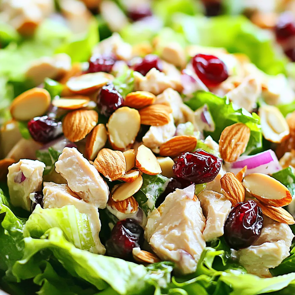 - 2 cups cooked chicken breast, diced - 1/2 cup dried cranberries - 1/3 cup sliced almonds, toasted - 1/2 cup Greek yogurt - 2 tablespoons honey - 1 tablespoon Dijon mustard - 1 tablespoon apple cider vinegar - 1/4 cup celery, diced - 1/4 cup red onion, finely chopped - Soft lettuce leaves or whole grain bread for serving When making Cranberry Almond Chicken Salad, I start with the main ingredients. You need cooked chicken breast, dried cranberries, and sliced almonds. Diced chicken gives a great base. The cranberries add a sweet touch, while the almonds add crunch. For the dressing, I use Greek yogurt, honey, Dijon mustard, and apple cider vinegar. Greek yogurt keeps it creamy and healthy. Honey adds sweetness, and Dijon mustard gives a tangy kick. Apple cider vinegar brightens the flavors. You can also add optional ingredients. Diced celery gives a nice crunch. Finely chopped red onion adds flavor. Serve the salad on soft lettuce leaves for a light meal or use whole grain bread for a sandwich. These choices make it fun and tasty! {{ingredient_image_1}} To make the chicken salad, start with the chicken breast. You need 2 cups of cooked chicken breast, diced. Cut the chicken into small, even pieces. This helps it mix well with the other ingredients. You can roast, boil, or grill the chicken. If you want juicy and tender chicken, grilling is best. Make sure to season it with salt and pepper as it cooks. Now, let’s combine the main ingredients. In a large bowl, add the diced chicken, 1/2 cup of dried cranberries, 1/3 cup of sliced almonds, 1/4 cup of diced celery, and 1/4 cup of finely chopped red onion. Stir these together gently. Next, create the dressing. In a different bowl, whisk together 1/2 cup of Greek yogurt, 2 tablespoons of honey, 1 tablespoon of Dijon mustard, and 1 tablespoon of apple cider vinegar. Whisk until it’s smooth. This will give the salad a creamy and sweet taste. Pour the yogurt dressing over the chicken mixture. Stir everything well so that all ingredients are coated nicely. Now, season with salt and pepper to taste. You can add more or less depending on what you like. Chill the salad in the refrigerator for at least 30 minutes. This lets the flavors mix. When you’re ready to serve, you can put the salad on soft lettuce leaves or use whole grain bread for a sandwich. Enjoy your tasty Cranberry Almond Chicken Salad! To boost flavor, add a pinch of garlic powder or onion powder. These spices bring out the best in your salad. Letting the salad chill for at least 30 minutes is key. This time allows the flavors to mix well. If you need alternatives, use baked tofu or chickpeas instead of chicken. For a vegan option, swap Greek yogurt with a plant-based yogurt. You can also try maple syrup instead of honey for a vegan sweetener. For a pretty presentation, serve your salad on colorful lettuce leaves. You can also make a tasty sandwich with whole grain bread. Pair it with fresh fruit or crunchy veggies for a balanced meal. Pro Tips Use Rotisserie Chicken: For a quicker option, use store-bought rotisserie chicken to save time on cooking and shredding. Toast Almonds for Extra Flavor: Toasting the almonds enhances their flavor and adds a delightful crunch to your salad. Chill for Best Flavor: Allow the salad to chill in the refrigerator for at least 30 minutes before serving to let the flavors meld together. Customize Your Ingredients: Feel free to add other ingredients like chopped apples or grapes for added sweetness and texture. {{image_2}} You can make your cranberry almond chicken salad unique by adding different fruits and veggies. - Other fruits to consider: Try adding diced apples or juicy grapes. Both add a sweet crunch. Pineapple also adds a tropical twist. - Incorporating different vegetables: You can add shredded carrots for color or diced bell peppers for crunch. Even chopped cucumber can make it refreshing. If you want to change the protein, there are many options. - Swapping chicken for other proteins: You can use turkey if you prefer. Cooked shrimp or tuna work well too. Each choice adds a different flavor. - Vegetarian or vegan protein alternatives: Use chickpeas or lentils for a plant-based option. Tofu can also replace chicken and soak up the tasty dressing. This salad is versatile and can be served in different ways. - Turning it into a wrap: Use a tortilla to make a wrap. Spread the salad inside and roll it up. It’s a great lunch option! - Serving it in a bowl or platter: You can serve it in a bowl on a bed of greens. A larger platter can work for parties, allowing guests to serve themselves. To keep your Cranberry Almond Chicken Salad fresh, place it in the fridge. Use an airtight container to avoid any odors. Make sure the container is clean and dry before you add the salad. This method helps maintain the salad's crispness and flavor. You can store the chicken salad in the fridge for up to three days. After that, the quality may drop. Look for any signs of spoilage. If you see any off smells or a change in color, it’s best to throw it away. Yes, you can freeze chicken salad, but it may change in texture. To freeze, place the salad in a freezer-safe container. Leave some space at the top because the salad will expand. When you are ready to eat it, thaw it in the fridge overnight. Avoid refreezing once it has thawed. Cranberry Almond Chicken Salad can last up to three days in the fridge. Keep it in an airtight container to keep it fresh. After three days, the flavors may fade, and the texture may change. Always check for any signs of spoilage before eating. Yes, you can make this salad ahead of time. It tastes even better after chilling for a few hours. I recommend preparing it the night before serving. Just make sure to store it in the fridge. This way, the flavors blend nicely, and you save time on the day you plan to eat it. If you don’t have Greek yogurt, you can use regular yogurt or sour cream. For a dairy-free option, try using a plant-based yogurt. Each substitute will give a different taste and texture, so pick one that suits your needs. Just keep in mind that the creaminess might change. Yes, this recipe is gluten-free if you use gluten-free bread. You can also serve it on lettuce leaves instead. Be sure to check labels on any packaged ingredients to ensure they are gluten-free. This ensures that everyone can enjoy the salad without worry. This recipe makes four servings. It is perfect for a light lunch or a nice dinner side. You can easily double the recipe if you need more servings. Just adjust the ingredients accordingly, and you’ll have enough for everyone. This blog post explored a tasty Cranberry Almond Chicken Salad. You learned about key ingredients like chicken, cranberries, and almonds. We discussed making the dressing with Greek yogurt, honey, and more. Tips for flavor, substitutions, and serving ideas help you customize your dish. In closing, this salad is both simple and versatile. You can make it your own and delight in the mix of flavors and textures. Enjoy creating, sharing, and savoring this refreshing meal!
