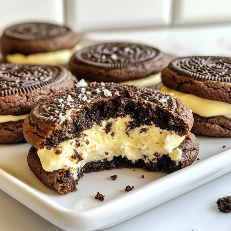 To make these delicious cookies, you need: - 1 cup unsalted butter, softened - 1 cup brown sugar, packed - 1/2 cup granulated sugar - 1 large egg - 1 teaspoon vanilla extract - 2 1/2 cups all-purpose flour - 1 teaspoon baking soda - 1 teaspoon salt - 1 cup chocolate chips - 1 cup crushed Oreo cookies (about 10 cookies) These ingredients create a rich and soft cookie base. The mix of sugars gives the cookies a nice sweetness. The butter adds a creamy texture that melts in your mouth. For the creamy cheesecake filling, gather: - 8 oz cream cheese, softened - 1/2 cup powdered sugar - 1/2 teaspoon vanilla extract - 1/2 cup crushed Oreo cookies (about 5 cookies) This filling is the star of the show. Cream cheese gives it a rich taste, while the powdered sugar adds sweetness. The crushed Oreos mix in to give a nice crunch and extra flavor. Each cookie has about: - 180 calories - 9g fat - 23g carbs - 2g protein These cookies are a treat, not a meal. They are rich and sweet, so enjoy them in moderation. {{ingredient_image_1}} First, set your oven to 350°F (175°C). While it heats, grab two baking sheets and line them with parchment paper. This step keeps the cookies from sticking and makes clean-up easy. In a bowl, mix 8 oz of softened cream cheese, 1/2 cup of powdered sugar, and 1/2 teaspoon of vanilla extract. Blend until it’s smooth and creamy. Next, fold in 1/2 cup of crushed Oreo cookies. This filling adds a rich taste that pairs perfectly with the cookie. In a large bowl, add 1 cup of softened butter, 1 cup of brown sugar, and 1/2 cup of granulated sugar. Cream these together until light and fluffy. Then, beat in 1 large egg and 1 teaspoon of vanilla extract until well mixed. In a separate bowl, whisk together 2 1/2 cups of all-purpose flour, 1 teaspoon of baking soda, and 1 teaspoon of salt. Slowly add this dry mix to the wet ingredients. Stir until just combined, but don’t overmix. Finally, fold in 1 cup of chocolate chips and 1 cup of crushed Oreo cookies. This dough is now ready for stuffing! Take a tablespoon of cookie dough and flatten it in your hand. Place a teaspoon of the cheesecake filling in the center. Wrap the cookie dough around the filling, sealing it completely. Make sure there are no gaps. Place the stuffed cookie dough balls on your baking sheets. Leave about 2 inches of space between them. Bake in the preheated oven for 10-12 minutes. The edges should be golden brown while the centers remain soft. Once baked, let the cookies cool on the sheets for 5 minutes. After that, transfer them to a wire rack to cool completely. For a fun touch, serve these warm. You can dust them with powdered sugar or drizzle melted chocolate on top. Enjoy your cookies! To make the best Oreo cheesecake stuffed cookies, follow these tips: - Use room temperature ingredients. This helps the dough mix well and rise evenly. - Measure flour correctly. Spoon flour into your measuring cup and level it off. Too much flour makes cookies dry. - Don’t skip chilling the dough. If you have time, chill the dough for 30 minutes. It helps the cookies hold their shape while baking. Overbaking can ruin your cookies. Here’s how to avoid it: - Watch the time closely. Bake for 10-12 minutes until the edges are golden brown. The centers should look soft. - Use an oven thermometer. This helps you know your oven's true temperature. An oven that is too hot will bake cookies too fast. - Check for doneness. Cookies will continue to cook a bit after you take them out. You can mix up your cookies by using different chocolate chips: - Dark chocolate chips add a rich flavor. - Milk chocolate chips give a sweeter taste. - White chocolate chips offer a creamy twist. - Peppermint chips can make a holiday version. Experiment with your favorite types to find the perfect match! Pro Tips Chill the Dough: For a thicker cookie and to prevent spreading, chill the cookie dough for 30 minutes before baking. Use Room Temperature Ingredients: Ensure that your butter and cream cheese are at room temperature for smooth mixing and a creamy filling. Don’t Overmix: When combining the dry ingredients with the wet, mix until just combined to keep the cookies tender. Experiment with Fillings: Try adding different flavored cream cheese or other mix-ins like peanut butter or caramel for a unique twist. {{image_2}} You can change the flavor of the cheesecake filling. Try adding peanut butter for a nutty twist. Or mix in white chocolate for a sweet, creamy taste. You can also use flavored extracts, like almond or lemon, to give it a fun twist. You don’t have to stick with classic chocolate chip cookies. Use sugar cookie dough for a sweeter base. A brownie batter can add richness and depth. Experimenting with different bases lets you find your favorite match. Make these cookies fit the season! Add pumpkin spice for fall or peppermint for winter. You can even color the dough with food dye for special holidays. These little changes make your cookies festive and fun for any occasion. Store your cookies in an airtight container. This keeps them soft and fresh. Place parchment paper between layers to avoid sticking. They last up to five days at room temperature. If you want them to last longer, consider freezing. To freeze, let the cookies cool completely. Place them in a single layer on a baking sheet. Freeze for about two hours until firm. Then, transfer them to a freezer bag. Squeeze out the air and seal. These cookies can stay frozen for up to three months. To reheat, take a cookie from the freezer. Let it sit at room temperature for a few minutes. Then, warm it in the oven at 350°F (175°C) for about 5-7 minutes. This makes them soft and gooey again. You can also use a microwave. Heat for about 10-15 seconds. Enjoy your warm, stuffed treat! Yes, you can use low-fat cream cheese. It will change the texture slightly. The cookies may be less rich, but they will still taste good. You can use applesauce or mashed banana. One tablespoon of either works well as a substitute. This keeps the cookies moist and adds a hint of flavor. Look for golden edges and slightly set centers. The cookies will firm up as they cool. If they look too soft, give them a few more minutes. Yes, you can make the dough ahead of time. Chill it in the fridge for up to 24 hours. You can bake the cookies later for a fresh taste. Serve them warm for the best taste. You can dust them with powdered sugar or drizzle melted chocolate on top for a fancy touch. Enjoy! You learned how to make Oreo Cheesecake Stuffed Cookies. We covered ingredients, filling, and step-by-step steps for success. I shared tricks to avoid overbaking and create tasty variations. Now you know how to store them, freeze them, and reheat them. Enjoy baking these delicious treats! You’ll impress anyone who tries them.