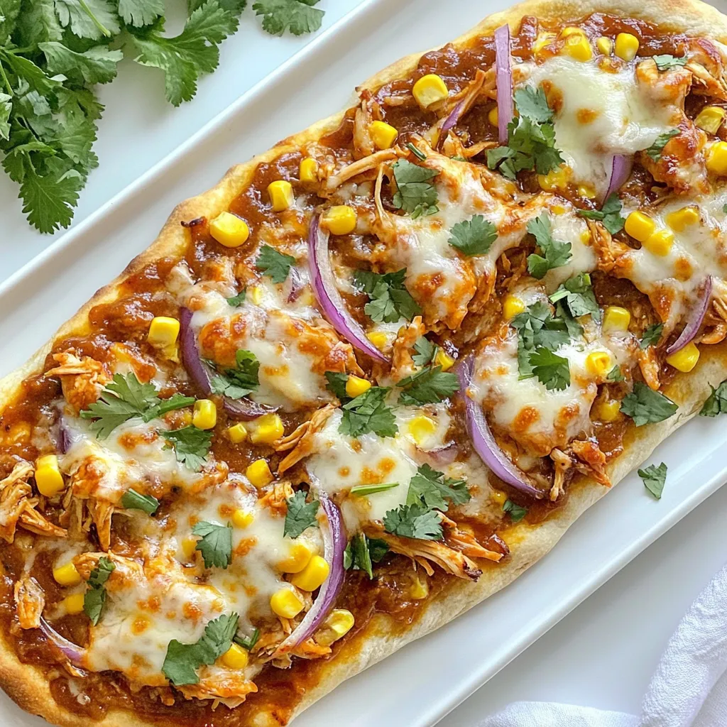 To make BBQ Chicken Flatbread, you need these tasty ingredients: - 2 medium flatbreads (store-bought or homemade) - 2 cups cooked chicken, shredded - 1/2 cup BBQ sauce (your favorite brand) - 1 cup mozzarella cheese, shredded - 1/2 red onion, thinly sliced - 1/2 cup sweet corn (canned or frozen) - 1/4 cup fresh cilantro, chopped - 1/2 teaspoon garlic powder - 1/4 teaspoon black pepper - Olive oil (for brushing) Finding good flatbreads is key. You can use store-bought ones, which are easy and fast. If you want to try making your own, it can be fun too. Shredded chicken is best. Leftover chicken works great. Just make sure it is cooked and tender. BBQ sauce adds flavor. Choose one that you love. Sweet and smoky sauces pair well. Mozzarella cheese gives a nice melt. You can also try cheddar or gouda if you like. Red onion adds a crunchy bite. It gives a nice contrast to the soft flatbread. Sweet corn adds sweetness and color. Fresh cilantro gives a bright touch at the end. Garlic powder and black pepper add spice. They enhance the overall taste. Olive oil brushed on the flatbreads makes them crispy and golden. Now you have everything for a wonderful BBQ Chicken Flatbread! {{ingredient_image_1}} Making BBQ Chicken Flatbread is fun and simple. You can finish it in about 25 minutes. Gather all your ingredients before you start. This helps keep things organized and quick. First, set your oven to 400°F (200°C). This is the perfect temperature for crisp flatbread. While it heats up, take a bowl. Add the shredded chicken, BBQ sauce, garlic powder, and black pepper. Mix them well. Ensure every piece of chicken is coated with sauce. Next, grab your flatbreads and a baking sheet. Place the flatbreads on the sheet lined with parchment paper. Brush a light layer of olive oil on top of each flatbread. This adds crispiness when baking. Now, spread the BBQ chicken mixture evenly over each flatbread. Make sure to cover all the edges. Then, sprinkle the shredded mozzarella cheese on top. Follow this with the red onion slices and sweet corn. Once everything is assembled, place the baking sheet in the oven. Bake for about 12-15 minutes. Keep an eye on the cheese. It should be bubbly and slightly golden when done. After baking, carefully take the sheet out of the oven. Let the flatbreads cool for a few minutes. This makes them easier to slice. Finally, sprinkle the fresh cilantro over the top for a nice burst of flavor. Slice into wedges and serve warm. Enjoy your tasty BBQ Chicken Flatbread! Pick a BBQ sauce you enjoy. Sweet, smoky, or spicy, it all works! Look for sauces with real ingredients. Avoid those with lots of chemicals. If you want to try something new, make your own. Mix ketchup, brown sugar, vinegar, and spices. This adds a personal touch to your flatbread. Toppings can change the dish. Try adding jalapeños for heat. You can also mix in bell peppers or mushrooms. These add crunch and flavor. Fresh herbs, like cilantro, bring brightness. Add them after baking for the best taste. A squeeze of lime can also lift the dish. For crispy flatbreads, brush them with olive oil. This step makes a big difference. Bake them on a hot stone or baking sheet. Make sure there’s space between them. This helps air flow and crisps the edges. Keep an eye on them as they bake. You want golden cheese, not burnt! Use a baking sheet lined with parchment paper. This makes cleanup easy. A sharp knife helps you cut the flatbread into wedges. A spatula is great for serving. If you have a pizza stone, use it! It helps the flatbread bake evenly and crisply. Pro Tips Use Grilled Chicken: For an extra layer of flavor, try using grilled chicken instead of rotisserie. The smoky taste will enhance the BBQ flavor. Customize Your Toppings: Feel free to add your favorite toppings like jalapeños, bell peppers, or even pineapple for a sweet twist. Make It Spicy: If you like heat, add a few dashes of hot sauce or some crushed red pepper flakes to the BBQ chicken mixture for a spicy kick. Garnish with Fresh Lime: Squeeze fresh lime juice over the flatbreads just before serving to brighten the flavors and add a zesty touch. {{image_2}} You can easily make a vegetarian BBQ flatbread. Start with the same flatbreads. Instead of chicken, use grilled veggies like bell peppers, zucchini, and mushrooms. Toss these veggies with BBQ sauce for extra flavor. Add cheese and bake as the recipe shows. You will enjoy a tasty, meat-free meal! To make a gluten-free BBQ flatbread, use gluten-free flatbreads. You can find these in stores or make them at home. Check the BBQ sauce to ensure it's gluten-free too. Top it with your choice of chicken or veggies. This way, everyone can enjoy a delicious meal without worries. Try different marinades to change the flavor of your BBQ chicken. You can use teriyaki, lemon herb, or chipotle sauce. Mix your choice of sauce with the chicken before adding it to the flatbread. Each marinade gives a unique taste. Experimenting can lead to new favorites! Get creative with your toppings! Besides cheese and corn, you can add jalapeños for heat or avocado for creaminess. You might also like to sprinkle some feta cheese or goat cheese on top. Fresh herbs like basil or parsley can add a nice touch too. The options are endless! To keep your BBQ Chicken Flatbread fresh, place leftovers in an airtight container. Make sure the flatbread cools before you store it. This helps prevent sogginess. Store in the fridge for up to three days. If you have more leftovers, consider freezing them. When you're ready to enjoy leftovers, preheat your oven to 350°F (175°C). Place the flatbread on a baking sheet. Warm it in the oven for about 10 minutes. This will make the flatbread crispy again. You can also use a microwave, but it might not be as crisp. Heat it for about one minute or until warm. If you want to freeze your BBQ Chicken Flatbread, wait until it cools completely. Wrap each flatbread in plastic wrap and then in aluminum foil. This keeps it safe in the freezer for up to three months. When you’re ready to eat, thaw it in the fridge overnight before reheating. You can use many types of flatbread for this dish. Store-bought flatbread works great. You can also make your own if you prefer. Look for flatbreads that are thick enough to hold toppings. Naan and pita bread are popular choices. They add a nice texture and flavor to the BBQ chicken. Yes, leftover rotisserie chicken is a fantastic choice. It saves you time and adds rich flavor. Just shred the chicken and mix it with BBQ sauce. This will make your prep quick and easy. Plus, using rotisserie chicken makes this dish even more tasty. To spice up your flatbread, add extra hot sauce to the BBQ sauce. You can also use spicy BBQ sauce. Another option is to sprinkle red pepper flakes on top. Adding jalapeños or diced green chilies can boost the heat as well. Adjust the spice level to fit your taste. Several side dishes pair well with BBQ chicken flatbread. A fresh salad with crunchy veggies adds a nice contrast. You could also serve coleslaw for a creamy texture. Corn on the cob is a fun and tasty side. For something light, try fruit salad. Each side brings a unique flavor to your meal. In this blog post, we explored how to make BBQ Chicken Flatbread from scratch. We covered ingredients like flatbreads, chicken, and cheese. You learned the steps to prepare and bake the dish, plus tips to enhance flavor and texture. We also shared variations, storage advice, and answered common questions. Remember, you can customize this dish to your taste. Enjoy experimenting and sharing these flatbreads with friends and family!