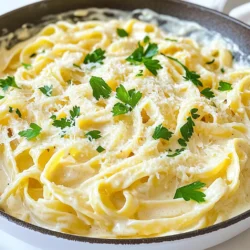 To make this creamy garlic Parmesan pasta, you will need: - 8 ounces fettuccine or your choice of pasta - 3 cups vegetable broth - 1 cup heavy cream - 1 cup grated Parmesan cheese - 4 cloves garlic, minced - 1 tablespoon olive oil - 1 teaspoon Italian seasoning - Salt and pepper to taste Each ingredient plays a key role in the dish. The pasta gives shape and texture. The vegetable broth adds depth and flavor. Heavy cream brings the richness we love. Garlic gives it that tasty kick. Parmesan cheese melts beautifully and thickens the sauce. Italian seasoning ties all the flavors together. You can add a few extras to boost the taste: - 1/2 teaspoon red pepper flakes (for a little heat) Red pepper flakes add a nice spice. Adjust the amount to your taste. If you want it milder, leave them out. To make your dish even more appealing: - Fresh parsley, chopped (for garnish) Chopped parsley adds a pop of color and freshness. You can sprinkle it on top right before serving. This small touch makes your pasta look gourmet. First, gather all your ingredients. Here is what you need: - 8 ounces fettuccine or your choice of pasta - 3 cups vegetable broth - 1 cup heavy cream - 1 cup grated Parmesan cheese - 4 cloves garlic, minced - 1 tablespoon olive oil - 1 teaspoon Italian seasoning - 1/2 teaspoon red pepper flakes (optional) - Salt and pepper to taste - Fresh parsley, chopped (for garnish) Chop the garlic finely so it mixes well. Measure out your broth and cream. This makes cooking faster. Grab a large skillet. Heat the olive oil over medium heat. When it’s warm, add the minced garlic. Sauté it for 1-2 minutes. You want it to smell great but not burn. Next, pour in the vegetable broth. Bring it to a simmer. Once it's bubbling, add your pasta. Make sure to stir it in well. Add the Italian seasoning and red pepper flakes if you like some heat. Cover the skillet and let the pasta cook for 10-12 minutes. Stir it often. You want the pasta to be al dente and soak up the broth. When the pasta is ready, lower the heat. Pour in the heavy cream. Add the grated Parmesan cheese next. Stir everything together until the cheese melts. This makes a rich and creamy sauce. Now, taste the sauce. Add salt and pepper to your liking. If it feels too thick, add a bit more broth or cream. Let it sit for a couple of minutes off the heat. This helps it thicken even more. Serve your pasta hot. Garnish it with fresh parsley. This adds a nice pop of color and flavor. Enjoy your meal! To get al dente pasta, start with a good pot of water. Use a large pot and add plenty of salt. Salt helps flavor the pasta. Bring the water to a boil before adding your pasta. Cook the pasta for about 10-12 minutes. Stir it a few times to keep it from sticking. Check the pasta a minute before it's done. It should be firm but not hard. This gives you that perfect bite. If your sauce is too thick, don't worry. You can fix it easily. Just add a splash of vegetable broth or heavy cream. Mix it in and let it warm. If the sauce is too thin, you can let it cook a bit longer. This helps it thicken up. Stir it gently to keep it smooth. Taste as you go and adjust with salt and pepper. Want to kick up the flavor? You can add more ingredients. Spinach or mushrooms work well for extra taste. Just sauté them with the garlic at the start. For a bit of heat, add more red pepper flakes. You can also use fresh herbs like basil or thyme. These add a bright touch. Consider a squeeze of lemon juice for a tangy zest. This will make your pasta even more delicious! {{image_2}} You can easily make this dish vegetarian. Start by using vegetable broth as the base. You can mix in fresh veggies like spinach, bell peppers, or mushrooms. These add great flavor and color. For extra protein, toss in some chickpeas or white beans. They pair well with the creamy sauce and make it heartier. If you want to add protein, chicken and shrimp work great. For chicken, use cooked, diced pieces. Add them after you pour in the cream and cheese. For shrimp, cook them in the pan until they turn pink. This adds a lovely seafood twist to the dish. Both options make the meal more filling and satisfying. To make this dish gluten-free, choose gluten-free pasta. There are many tasty options now, like rice or corn pasta. These cook up nicely and still taste great in the sauce. Make sure your vegetable broth is also gluten-free. This way, everyone can enjoy a delicious, creamy meal without worry. To store your creamy garlic Parmesan pasta, let it cool first. Place the pasta in an airtight container. Make sure the lid seals tightly to keep moisture out. This helps the pasta stay fresh. Store it in the fridge for up to three days. If you want to keep it longer, freezing is a great option. When you’re ready to eat, reheating is simple. You can use a microwave or a stove. For the microwave, place the pasta in a bowl. Add a splash of water or cream to keep it moist. Heat for one to two minutes, stirring halfway. On the stove, warm it in a skillet over low heat. Stir gently until hot. Make sure not to overcook it, or the pasta may become mushy. If you want to freeze the pasta, it’s easy! First, cool it completely. Then, divide it into portions. Use freezer-safe bags or containers to store it. Remove as much air as possible to prevent freezer burn. You can freeze the pasta for up to three months. When you're ready to enjoy it, thaw it in the fridge overnight. Reheat using the methods above for the best taste. To make your pasta less creamy, reduce the amount of heavy cream. You can cut it to ½ cup instead of 1 cup. Another option is to add more vegetable broth. This will keep the dish tasty while making it lighter. Yes, you can use different cheese. Try mozzarella for a milder taste or cheddar for a sharper flavor. You can even mix cheeses for a more complex taste. Just remember to adjust the amount based on how strong you want the cheese flavor to be. If you want a substitute for heavy cream, use half-and-half or whole milk. For a dairy-free option, try coconut cream or cashew cream. These alternatives will change the flavor a bit, but they still work well in the recipe. This creamy garlic parmesan pasta lasts about 3 to 5 days in the fridge. Store it in an airtight container for best results. When you reheat it, add a splash of broth or cream to keep it creamy. This creamy garlic Parmesan pasta is simple and tasty. You learned about the key ingredients, step-by-step cooking, and ways to customize the dish. We shared tips for perfect pasta and storage methods for leftovers. You can even try different flavors or make it gluten-free. With this recipe, cooking becomes easy and fun. I hope you enjoy making this dish as much as I do. The joy of cooking lies in the choices you make!
