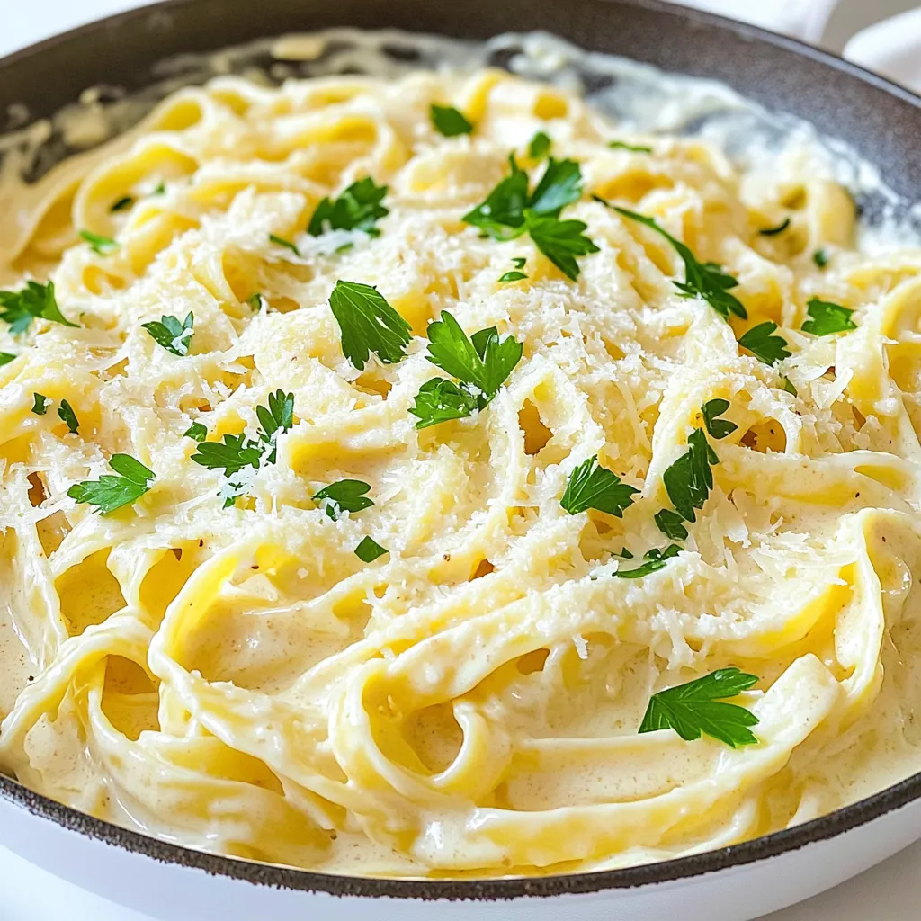To make this creamy garlic Parmesan pasta, you will need: - 8 ounces fettuccine or your choice of pasta - 3 cups vegetable broth - 1 cup heavy cream - 1 cup grated Parmesan cheese - 4 cloves garlic, minced - 1 tablespoon olive oil - 1 teaspoon Italian seasoning - Salt and pepper to taste Each ingredient plays a key role in the dish. The pasta gives shape and texture. The vegetable broth adds depth and flavor. Heavy cream brings the richness we love. Garlic gives it that tasty kick. Parmesan cheese melts beautifully and thickens the sauce. Italian seasoning ties all the flavors together. You can add a few extras to boost the taste: - 1/2 teaspoon red pepper flakes (for a little heat) Red pepper flakes add a nice spice. Adjust the amount to your taste. If you want it milder, leave them out. To make your dish even more appealing: - Fresh parsley, chopped (for garnish) Chopped parsley adds a pop of color and freshness. You can sprinkle it on top right before serving. This small touch makes your pasta look gourmet. First, gather all your ingredients. Here is what you need: - 8 ounces fettuccine or your choice of pasta - 3 cups vegetable broth - 1 cup heavy cream - 1 cup grated Parmesan cheese - 4 cloves garlic, minced - 1 tablespoon olive oil - 1 teaspoon Italian seasoning - 1/2 teaspoon red pepper flakes (optional) - Salt and pepper to taste - Fresh parsley, chopped (for garnish) Chop the garlic finely so it mixes well. Measure out your broth and cream. This makes cooking faster. Grab a large skillet. Heat the olive oil over medium heat. When it’s warm, add the minced garlic. Sauté it for 1-2 minutes. You want it to smell great but not burn. Next, pour in the vegetable broth. Bring it to a simmer. Once it's bubbling, add your pasta. Make sure to stir it in well. Add the Italian seasoning and red pepper flakes if you like some heat. Cover the skillet and let the pasta cook for 10-12 minutes. Stir it often. You want the pasta to be al dente and soak up the broth. When the pasta is ready, lower the heat. Pour in the heavy cream. Add the grated Parmesan cheese next. Stir everything together until the cheese melts. This makes a rich and creamy sauce. Now, taste the sauce. Add salt and pepper to your liking. If it feels too thick, add a bit more broth or cream. Let it sit for a couple of minutes off the heat. This helps it thicken even more. Serve your pasta hot. Garnish it with fresh parsley. This adds a nice pop of color and flavor. Enjoy your meal! To get al dente pasta, start with a good pot of water. Use a large pot and add plenty of salt. Salt helps flavor the pasta. Bring the water to a boil before adding your pasta. Cook the pasta for about 10-12 minutes. Stir it a few times to keep it from sticking. Check the pasta a minute before it's done. It should be firm but not hard. This gives you that perfect bite. If your sauce is too thick, don't worry. You can fix it easily. Just add a splash of vegetable broth or heavy cream. Mix it in and let it warm. If the sauce is too thin, you can let it cook a bit longer. This helps it thicken up. Stir it gently to keep it smooth. Taste as you go and adjust with salt and pepper. Want to kick up the flavor? You can add more ingredients. Spinach or mushrooms work well for extra taste. Just sauté them with the garlic at the start. For a bit of heat, add more red pepper flakes. You can also use fresh herbs like basil or thyme. These add a bright touch. Consider a squeeze of lemon juice for a tangy zest. This will make your pasta even more delicious! {{image_2}} You can easily make this dish vegetarian. Start by using vegetable broth as the base. You can mix in fresh veggies like spinach, bell peppers, or mushrooms. These add great flavor and color. For extra protein, toss in some chickpeas or white beans. They pair well with the creamy sauce and make it heartier. If you want to add protein, chicken and shrimp work great. For chicken, use cooked, diced pieces. Add them after you pour in the cream and cheese. For shrimp, cook them in the pan until they turn pink. This adds a lovely seafood twist to the dish. Both options make the meal more filling and satisfying. To make this dish gluten-free, choose gluten-free pasta. There are many tasty options now, like rice or corn pasta. These cook up nicely and still taste great in the sauce. Make sure your vegetable broth is also gluten-free. This way, everyone can enjoy a delicious, creamy meal without worry. To store your creamy garlic Parmesan pasta, let it cool first. Place the pasta in an airtight container. Make sure the lid seals tightly to keep moisture out. This helps the pasta stay fresh. Store it in the fridge for up to three days. If you want to keep it longer, freezing is a great option. When you’re ready to eat, reheating is simple. You can use a microwave or a stove. For the microwave, place the pasta in a bowl. Add a splash of water or cream to keep it moist. Heat for one to two minutes, stirring halfway. On the stove, warm it in a skillet over low heat. Stir gently until hot. Make sure not to overcook it, or the pasta may become mushy. If you want to freeze the pasta, it’s easy! First, cool it completely. Then, divide it into portions. Use freezer-safe bags or containers to store it. Remove as much air as possible to prevent freezer burn. You can freeze the pasta for up to three months. When you're ready to enjoy it, thaw it in the fridge overnight. Reheat using the methods above for the best taste. To make your pasta less creamy, reduce the amount of heavy cream. You can cut it to ½ cup instead of 1 cup. Another option is to add more vegetable broth. This will keep the dish tasty while making it lighter. Yes, you can use different cheese. Try mozzarella for a milder taste or cheddar for a sharper flavor. You can even mix cheeses for a more complex taste. Just remember to adjust the amount based on how strong you want the cheese flavor to be. If you want a substitute for heavy cream, use half-and-half or whole milk. For a dairy-free option, try coconut cream or cashew cream. These alternatives will change the flavor a bit, but they still work well in the recipe. This creamy garlic parmesan pasta lasts about 3 to 5 days in the fridge. Store it in an airtight container for best results. When you reheat it, add a splash of broth or cream to keep it creamy. This creamy garlic Parmesan pasta is simple and tasty. You learned about the key ingredients, step-by-step cooking, and ways to customize the dish. We shared tips for perfect pasta and storage methods for leftovers. You can even try different flavors or make it gluten-free. With this recipe, cooking becomes easy and fun. I hope you enjoy making this dish as much as I do. The joy of cooking lies in the choices you make!