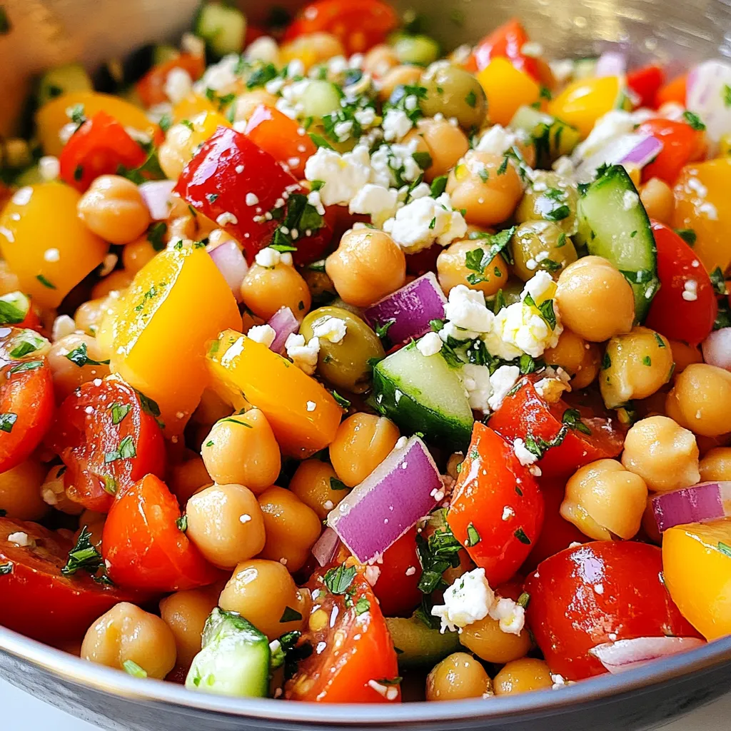 To make a Mediterranean Chickpea Salad, gather these fresh ingredients: - 1 can (15 oz) chickpeas, rinsed and drained - 1 cup cherry tomatoes, halved - 1 cucumber, diced - 1 bell pepper (red or yellow), diced - 1/4 red onion, finely chopped - 1/2 cup Kalamata olives, pitted and sliced - 1/4 cup feta cheese, crumbled - 3 tablespoons extra virgin olive oil - 2 tablespoons fresh lemon juice - 1 teaspoon dried oregano - Salt and pepper to taste - Fresh parsley, chopped (for garnish) You can swap ingredients if needed. Here are some easy ideas: - Use canned white beans instead of chickpeas for a different flavor. - Swap cherry tomatoes for diced regular tomatoes if you like. - Try a different cheese, like goat cheese, if feta isn’t your thing. - Change Kalamata olives to green olives for a milder taste. - Use fresh herbs like dill or mint instead of parsley for a twist. Choosing fresh ingredients makes a big difference. Here are some tips: - Look for chickpeas that are firm and intact in the can. - Choose cherry tomatoes that are bright and smooth, with no soft spots. - Pick cucumbers that are firm and have a vibrant green color. - Select bell peppers that feel heavy for their size and have smooth skin. - Choose red onions that are firm and have no blemishes. - Check olives for a rich color and good quality. - For feta cheese, look for a crumbly texture and a fresh smell. These small details help create a delicious salad that shines on your table! {{ingredient_image_1}} Start with a large mixing bowl. Add one can of chickpeas that you rinsed and drained. Next, chop one cup of cherry tomatoes in half and add them to the bowl. Dice one cucumber and one bell pepper, either red or yellow. Toss those in with one-quarter of a red onion, finely chopped. Each ingredient adds flavor and texture to your salad. Now, let's mix it up! Add half a cup of Kalamata olives, pitted and sliced, to the bowl. This will add a nice briny taste. Crumble one-quarter cup of feta cheese on top for creaminess. Use a large spoon to gently mix all the ingredients. This helps combine the flavors without smashing the veggies. For the dressing, take a small bowl and whisk together three tablespoons of extra virgin olive oil and two tablespoons of fresh lemon juice. Add one teaspoon of dried oregano, then sprinkle in salt and pepper to taste. Once mixed, pour the dressing over your salad. Toss it gently again to coat everything evenly. Let the salad sit for about ten minutes. This resting time helps the flavors blend together. Before serving, add some chopped fresh parsley on top for a bright finish. You can change this salad to match your taste. Try adding more veggies. Some great choices are diced carrots or radishes. You can also use different beans, like black beans. If you love heat, add some diced jalapeños. Want a crunch? Toss in some sunflower seeds or nuts. You can switch the feta cheese for goat cheese or leave it out for a vegan salad. The key is to mix and match based on what you like. To boost flavor, use fresh herbs like basil or mint. These herbs add a bright taste. Don’t skip the olive oil and lemon juice; they create a tasty dressing. Whisk them well for a smooth blend. Let the salad sit for about 10 minutes before serving. This time allows the flavors to mix nicely. Taste it before serving. Adjust with more salt, pepper, or lemon juice as needed. Make your salad look pretty before serving. Use a large bowl to show off the colors. You can layer the salad ingredients for a nice look. Sprinkle fresh parsley on top as a final touch. Serve with lemon wedges on the side for a pop of color. This adds a fresh touch and looks inviting. A well-presented salad makes everyone want to dig in! Pro Tips Fresh Ingredients: Use the freshest vegetables and herbs you can find for the best flavor. Chill Before Serving: Allow the salad to chill in the refrigerator for at least 30 minutes before serving for enhanced flavors. Customize Your Salad: Feel free to add other ingredients like avocado, spinach, or even grilled chicken for extra protein. Make Ahead: This salad keeps well in the fridge for up to three days, making it a great option for meal prep. {{image_2}} You can boost the protein in your Mediterranean chickpea salad. Try adding grilled chicken, shrimp, or tuna. These options add flavor and make the dish heartier. If you like, you can also mix in cooked quinoa or farro. They pair well and add a nice texture. This salad is already vegetarian, but you can make it vegan easily. Just skip the feta cheese or use a plant-based feta. You can also add ingredients like avocado or nuts for creaminess. Both options add healthy fats and keep the salad filling. Fresh ingredients make this salad shine. In summer, use ripe tomatoes and sweet corn. In fall, try adding roasted squash or beets. In winter, consider using hearty greens like kale or spinach. Seasonal swaps keep the salad fresh and exciting all year long. Store your Mediterranean Chickpea Salad in an airtight container. This keeps the salad fresh and prevents it from drying out. Make sure to place the container in the fridge. If you have leftovers, it’s best to cover them well. This helps maintain the taste and texture of the salad. The salad stays good for about 3 to 5 days in the fridge. After this time, the veggies may get soggy. Check for freshness before eating. If you see any changes in smell or color, it’s best to toss it out. I do not recommend freezing this salad. Freezing can change the texture of the veggies and feta cheese. If you need to freeze it, separate the dressing from the salad. You can freeze the chickpeas and veggies, but not the fresh ingredients. When ready to eat, thaw in the fridge overnight. Then, mix in the dressing fresh before serving. Chickpeas are full of protein and fiber. They help keep you full and satisfied. They can aid in weight management and digestion. Chickpeas also have vitamins like B6 and minerals like iron. Eating chickpeas can help lower cholesterol and improve heart health. Their low glycemic index can help control blood sugar levels. You can enjoy them in many dishes, not just salads. Yes, you can make this salad ahead of time. It stays fresh in the fridge for about three days. This allows the flavors to mix well. Just make sure to store it in an airtight container. If you find it too dry later, add a little olive oil or lemon juice. However, I recommend adding feta cheese just before serving. This keeps it fresh and tasty. To make your salad more filling, add some grains. Quinoa or farro work great. You can also add diced avocado for healthy fats. Another option is to mix in some cooked chicken or tuna. These additions boost protein and make the salad heartier. Adding nuts like almonds or walnuts can also add crunch and nutrients. In this article, we explored the essential ingredients for a tasty Mediterranean Chickpea Salad. We covered the best substitutions, tips for freshness, and detailed steps for preparation, mixing, and dressing the salad. I shared helpful advice on customizing flavors and serving the dish beautifully. Remember, you can add proteins or seasonal ingredients to make your salad unique. Use proper storage techniques to keep it fresh for longer. Enjoy your culinary adventure with this simple yet delightful salad!