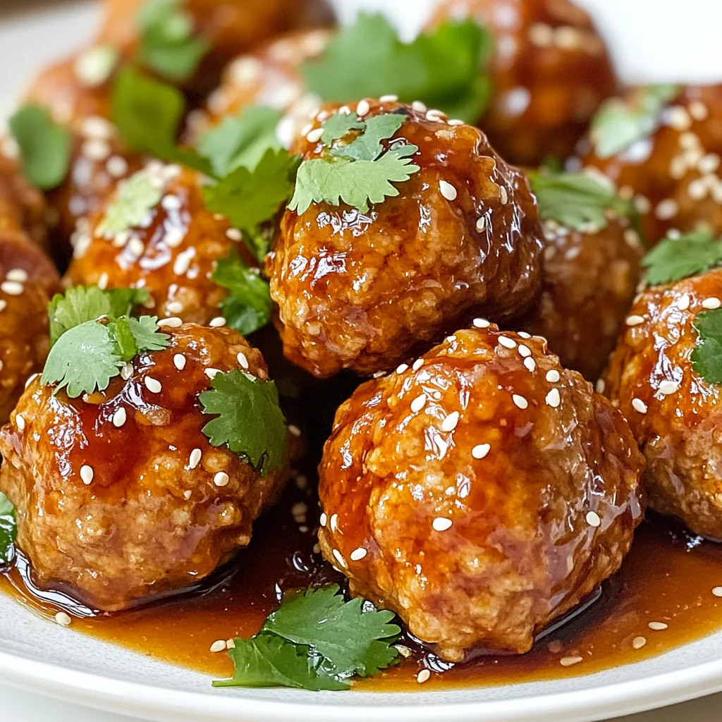 To make teriyaki turkey meatballs, gather these simple ingredients: - 1 pound ground turkey - 1/2 cup breadcrumbs - 1/4 cup green onions, finely chopped - 1 tablespoon fresh ginger, grated - 2 cloves garlic, minced - 1/4 cup soy sauce (low sodium) - 2 tablespoons honey - 1 tablespoon sesame oil - 1 teaspoon rice vinegar - 1 tablespoon cornstarch - Sesame seeds for garnish - Fresh cilantro for garnish These ingredients come together to create a juicy and flavorful dish. Ground turkey is lean and healthy, making it a great choice. Breadcrumbs help bind the meatballs and give them texture. Fresh ginger and garlic add a punch of flavor. They bring warmth and depth to the meatballs. Green onions give a fresh crunch and a hint of onion flavor. The sauce is where the magic happens. Soy sauce gives it that classic teriyaki taste. Honey adds sweetness, while sesame oil provides a rich finish. Rice vinegar gives a touch of acidity to balance the flavors. Finally, cornstarch helps thicken the sauce for a perfect coating. Don't forget the garnishes! Sesame seeds and cilantro brighten up the dish. They add a nice touch of color and flavor, making your meatballs look and taste amazing. With these ingredients, you're ready to create a delicious meal everyone will love! {{ingredient_image_1}} 1. In a large bowl, combine: - 1 pound ground turkey - 1/2 cup breadcrumbs - 1/4 cup green onions, finely chopped - 1 tablespoon fresh ginger, grated - 2 cloves garlic, minced Mix well until you see no dry spots. This step is key. It helps the meatballs stay moist and flavorful. 2. In another small bowl, whisk together: - 1/4 cup soy sauce (low sodium) - 2 tablespoons honey - 1 tablespoon sesame oil - 1 teaspoon rice vinegar - 1 tablespoon cornstarch Ensure the cornstarch dissolves completely. This mix will be your teriyaki sauce. 1. Preheat your oven to 400°F (200°C). While it warms, line a baking sheet with parchment paper. This makes cleanup easy and helps the meatballs bake evenly. 2. Form the turkey mixture into balls, about 1 inch in size. Place them on the baking sheet. Leave some space between each ball. This helps them cook properly. 3. Bake the meatballs for 18-20 minutes. They should be fully cooked and slightly browned. Use a meat thermometer if needed; they should reach 165°F (74°C). 1. While the meatballs bake, pour the teriyaki sauce into a skillet over medium heat. Bring it to a gentle simmer. Stir often until it thickens, which takes about 3-5 minutes. 2. Once the meatballs are done, transfer them to the skillet with the sauce. Toss gently until they are fully coated. This step is crucial because it lets the meatballs soak up all that tasty sauce. 3. Let the meatballs sit in the sauce for a couple of minutes. This allows them to absorb even more flavor. Now you're ready to serve your teriyaki turkey meatballs hot. Enjoy! To make your teriyaki meatballs just right, you can adjust the sauce to fit your taste. If you like it sweeter, add extra honey. If you prefer a saltier kick, a splash more soy sauce will do the trick. Taste the sauce before pouring it over the meatballs. For even cooking, make sure all meatballs are the same size. I recommend using a scoop to help with this. This way, they all cook at the same rate. Also, give them space on the baking sheet. Crowding will make them steam instead of brown. If you want to skip baking, try pan-frying the meatballs. Heat some oil in a skillet and cook them over medium heat. This method adds a nice crisp. You can also simmer them in the teriyaki sauce for added flavor. To achieve the perfect texture, do not overmix the turkey. Mix just until combined. Overmixing can make the meatballs tough. Also, let the meatballs rest for a few minutes after cooking. This helps them hold their shape and stay juicy. Pro Tips Use Fresh Ingredients: Fresh ginger and garlic will enhance the flavor of your meatballs significantly. Avoid using pre-minced or jarred versions for the best taste. Don’t Overmix: When combining the turkey and other ingredients, mix just until combined. Overmixing can lead to tough meatballs. Adjust Sweetness: Depending on your preference, you can adjust the amount of honey in the sauce. For a less sweet flavor, reduce the honey by half. Serve with Sides: These meatballs pair well with steamed rice or stir-fried vegetables. Consider adding a side for a complete meal. {{image_2}} You can swap ground turkey for other meats. Ground chicken works well too. If you prefer beef, that’s a great choice too. Each meat brings its own flavor. For breadcrumbs, look for gluten-free options. You can use crushed rice cakes or oats. These choices keep the meatballs tasty and healthy. To make your meatballs unique, add different spices. Try garlic powder, onion powder, or red pepper flakes. Fresh herbs like basil or cilantro can boost flavor too. You can also use sweeteners besides honey. Maple syrup or agave nectar adds a nice twist. Each option changes the taste a bit while keeping the dish delightful. To keep your teriyaki turkey meatballs fresh, store them in the fridge. Place them in a sealed container. They will last up to three days. Make sure they cool down before sealing. If you want to save them for later, consider freezing. First, let the meatballs cool completely. Then, place them in a freezer-safe bag or container. They can be frozen for up to three months. Be sure to label the bag with the date. This way, you will know when to use them. When it is time to eat your leftovers, reheating them is easy. You can use the microwave. Place meatballs in a microwave-safe dish. Cover them with a damp paper towel. Heat them for about one to two minutes. Check if they are hot enough. You can also reheat in the oven for a crispier texture. Preheat your oven to 350°F (175°C). Place the meatballs on a baking sheet. Heat for about 10-15 minutes, turning halfway through. After reheating, you can serve them with rice, noodles, or veggies. A fresh sprinkle of cilantro or sesame seeds makes them look great! How long do teriyaki turkey meatballs last in the fridge? Teriyaki turkey meatballs last up to four days in the fridge. Store them in an airtight container. This keeps them fresh and tasty. You can enjoy them as leftovers or add them to other dishes. Can I make teriyaki turkey meatballs in advance? Yes, you can make teriyaki turkey meatballs in advance. Prepare them up to a day before. Just store them in the fridge until you're ready to cook. You can also freeze them for up to three months. Just thaw them in the fridge before cooking. What can I serve with teriyaki turkey meatballs? You can serve teriyaki turkey meatballs with rice or noodles. Steamed veggies like broccoli or snap peas work well too. A light salad can add some crunch. For a fun twist, try them in a wrap or sandwich. How do I know when meatballs are fully cooked? To check if meatballs are fully cooked, use a meat thermometer. The internal temperature should reach 165°F (74°C). If you don’t have a thermometer, cut one open. The meat should be no longer pink inside. This way, you can enjoy them safely! In this blog, we covered how to make tasty teriyaki turkey meatballs. We shared the key ingredients and step-by-step cooking methods. You learned about adjusting the sauce and even cooking techniques. We also explored healthy ingredient swaps and flavorful additions. Finally, we discussed storage tips and answered common questions. Making teriyaki meatballs is simple and fun. Enjoy experimenting with flavors to suit your taste!