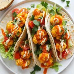 - Cauliflower and batter components You need one medium head of cauliflower. Cut it into bite-sized florets. For the batter, gather half a cup of all-purpose flour and half a cup of water. This mix should be smooth and easy to coat the cauliflower. Panko breadcrumbs add a great crunch, so grab one cup of those. - Seasonings and spices Flavor is key in this dish. Use one teaspoon each of garlic powder and onion powder. Add one teaspoon of smoked paprika for a nice, smoky taste. Don’t forget one teaspoon of salt and half a teaspoon of black pepper to round out the flavors. - Taco toppings and options For the tacos, you will need eight small corn tortillas. Fresh toppings make a big difference. Use one cup of shredded lettuce and half a cup of diced tomatoes for crunch and freshness. A quarter cup of chopped cilantro adds bright flavor. If you like creamy, drizzle on half a cup of vegan ranch dressing. {{ingredient_image_1}} 1. Start by preheating your oven to 450°F (230°C). This heat will make the cauliflower crispy. 2. Line a baking sheet with parchment paper. This step helps with easy cleanup. 3. In a mixing bowl, whisk 1/2 cup of flour, 1/2 cup of water, 1 teaspoon of garlic powder, 1 teaspoon of onion powder, 1 teaspoon of smoked paprika, 1 teaspoon of salt, and 1/2 teaspoon of black pepper. Mix until smooth. 4. Cut the cauliflower into florets. Dip each floret into the batter. Let the extra batter drip off. 5. Roll each coated floret in 1 cup of breadcrumbs. Use panko for extra crunch. Press gently to make sure they stick. 6. Place the florets on the lined baking sheet in a single layer. Lightly spray them with cooking oil. 7. Bake in the oven for 25-30 minutes. Flip the florets halfway through for even cooking. They should be golden brown and crispy. 1. While the cauliflower bakes, heat 1 cup of buffalo sauce in a small saucepan over medium heat. 2. Once the cauliflower is done, toss it in the warm buffalo sauce. Make sure each piece is fully coated. 1. Warm 8 small corn tortillas in a pan or microwave. This makes them easy to fold. 2. Place a generous amount of the buffalo cauliflower on each tortilla. 3. Top with 1 cup of shredded lettuce, 1/2 cup of diced tomatoes, and 1/4 cup of chopped fresh cilantro. 4. If you like, drizzle with 1/2 cup of vegan ranch dressing for added flavor. 5. Serve the tacos immediately and enjoy! To get your cauliflower nice and crispy, follow these tips: - Preheat your oven to 450°F (230°C). This high heat helps to crisp the batter. - Use a light spray of cooking oil on the coated florets before baking. This adds extra crunch. - Flip the cauliflower halfway through baking for even browning. If you want alternatives to flour and breadcrumbs, try these: - Use chickpea flour for a gluten-free option. - Ground oats can replace breadcrumbs and add a nutty flavor. - Crushed cornflakes can give you a fun crunch too! To amp up the taste of your buffalo cauliflower, consider these options: - Add a pinch of cayenne pepper for more heat. - Mix in a bit of cumin or chili powder for depth. - A dash of lemon juice brightens the flavors. Pair your tacos with these tasty sauces and toppings: - Drizzle with vegan ranch or blue cheese dressing for creaminess. - Top with avocado slices for a rich texture. - Fresh jalapeños add a nice spicy kick. Pro Tips Use Panko Breadcrumbs: For an extra crunchy texture, opt for panko breadcrumbs instead of regular ones. They will give your cauliflower a delightful crispiness. Homemade Buffalo Sauce: If you have time, try making your own buffalo sauce. Combining hot sauce, melted butter, and a splash of vinegar can elevate the flavor to a whole new level. Chill Before Baking: Allow the battered cauliflower to chill in the fridge for about 15 minutes before baking. This helps the coating adhere better and results in a crunchier texture. Customize Your Toppings: Feel free to get creative with toppings! Avocado, red onions, or jalapeños can add an extra burst of flavor and texture to your tacos. {{image_2}} You can easily make Buffalo cauliflower tacos gluten-free. Use gluten-free flour instead of all-purpose flour. You can also swap the breadcrumbs for gluten-free versions, like crushed rice cereal. For a tasty vegan option, make sure your buffalo sauce is dairy-free. You can also use different vegetables. Try using broccoli or zucchini for a new twist. For added protein, think about chickpeas or tempeh. These swaps keep your tacos delicious and fun. Tortillas come in many types, and you can choose what you like. Corn tortillas add a nice flavor, but you can also use flour tortillas. For a crunchy bite, try crispy taco shells. If you want something lighter, lettuce wraps work well too. You don’t have to stick to just tacos! You can serve Buffalo cauliflower on a salad or as a filling for burritos. It makes a great appetizer when served with toothpicks. No matter how you serve it, the flavor shines through. To keep your buffalo cauliflower tacos fresh, store leftovers in an airtight container. First, let them cool to room temperature. Then, place the tacos in the container. You can also store the cauliflower and toppings separately. This method helps keep everything fresh. They will stay good for about 3 to 4 days in the fridge. To reheat the tacos and keep them crispy, use an oven. Preheat your oven to 350°F (175°C). Place the tacos on a baking sheet. Heat them for about 10 minutes or until warm. Avoid using a microwave, as it can make them soggy. Enjoy your tacos again with that crunchy texture! To make homemade buffalo sauce, mix simple ingredients. You need: - 1/2 cup hot sauce - 1/4 cup melted butter or a vegan alternative - 1 tablespoon vinegar - 1/4 teaspoon garlic powder - 1/4 teaspoon cayenne pepper (optional) Combine all the ingredients in a bowl. Whisk until smooth. Adjust the heat by adding more cayenne if you like it spicy. This sauce adds a kick to your tacos. Yes, you can prep the cauliflower ahead of time. Cut the cauliflower into florets and store them in an airtight container. Keep it in the fridge for up to two days. To save time, you can also make the batter in advance. Just store it in the fridge, too. Some great sides to serve with these tacos include: - Corn on the cob - Mexican rice - Black bean salad - Fresh guacamole - A light beer or a fruity soda These sides complement the flavors of the tacos and make for a fun meal! This blog post covered how to make delicious Buffalo Cauliflower Tacos, from ingredients to storage tips. You learned about the main components, how to prepare and bake the cauliflower, and the best ways to assemble your tacos. I shared key tips for getting that perfect crunch and enhancing flavor. Don't forget the fun variations you can try and how to store your leftovers. With these steps, you can enjoy tasty, healthy tacos anytime. Let your creativity shine as you make this dish your own!