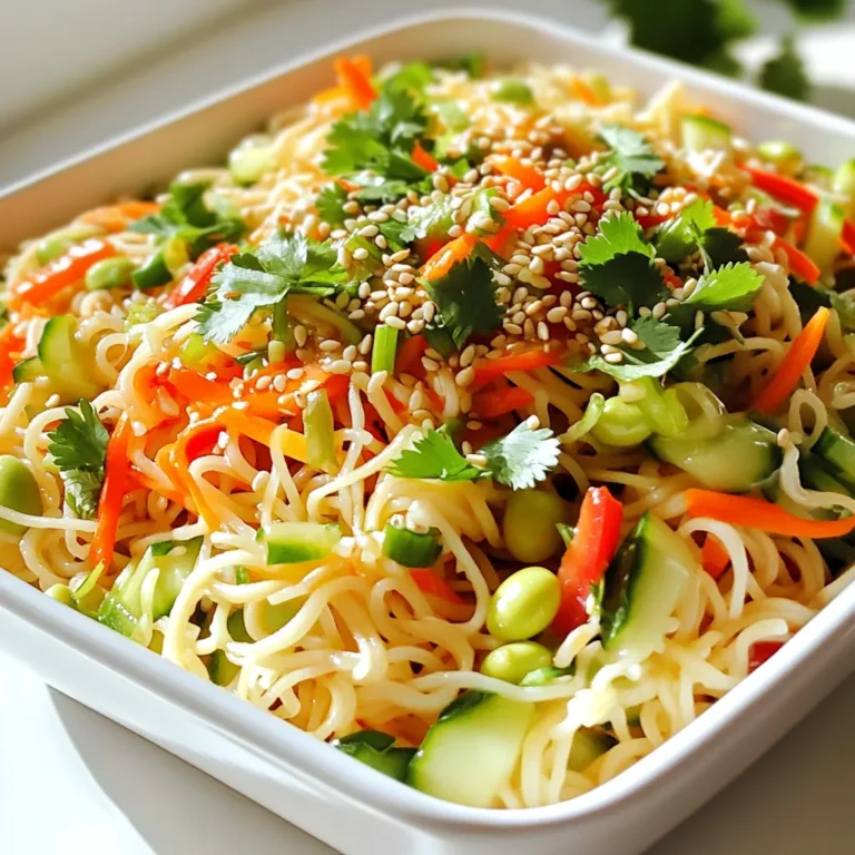 - 8 oz rice noodles - 1 cup shredded carrots - 1 bell pepper (red or yellow), thinly sliced - 1 cucumber, julienned - 1 cup edamame (shelled) - 1/4 cup green onions, chopped - 1/4 cup fresh cilantro, chopped - 1/4 cup roasted sesame seeds The main ingredients create a colorful and fresh base for your salad. Rice noodles provide the perfect texture. Shredded carrots add crunch and sweetness. Sliced bell pepper brings a pop of color and flavor. Julienned cucumber offers refreshing coolness. Edamame adds protein and a nice bite. Green onions and cilantro give it a fresh finish. Lastly, roasted sesame seeds add a delicious nutty taste. - 3 tablespoons soy sauce - 2 tablespoons sesame oil - 1 tablespoon ginger, freshly grated - 1 tablespoon honey or maple syrup - 1 tablespoon rice vinegar - 1 teaspoon chili oil (optional, for heat) The dressing is what makes this salad shine. Soy sauce gives a salty flavor, while sesame oil adds richness. Freshly grated ginger brings warmth and spice. Honey or maple syrup adds sweetness that balances the saltiness. Rice vinegar gives a tangy kick. If you like heat, add chili oil for a spicy touch. - First, cook the rice noodles according to the package instructions. - Once they are ready, drain the noodles. - Rinse them under cold water to stop the cooking process. - In a large bowl, combine shredded carrots, bell pepper, cucumber, edamame, green onions, and cilantro. - Mix well to ensure all the vegetables are evenly distributed. - In a small bowl, whisk together soy sauce, sesame oil, ginger, honey or maple syrup, rice vinegar, and chili oil if you want some heat. - Whisk until everything is well combined and smooth. - Add the cooled noodles to the bowl with the vegetables. - Pour the dressing over the noodle and vegetable mixture. - Toss everything gently to coat the noodles and veggies with the dressing. - Sprinkle roasted sesame seeds on top of the salad. - Let the salad sit for about 10 minutes. This helps the flavors blend together before serving. To avoid overcooking rice noodles, follow the package directions closely. Set a timer to ensure they cook just right. Once cooked, drain them immediately. Rinse the noodles under cold water. This stops the cooking process and keeps them firm. Make sure to toss them gently while rinsing. This helps separate the noodles and cool them quickly. Adjust the flavors of your dressing to suit your taste. If you like it sweeter, add more honey or maple syrup. For extra heat, increase the chili oil. If you don’t have an ingredient, substitute wisely. For example, use olive oil instead of sesame oil. You can also swap rice vinegar for apple cider vinegar. These changes will still give you a tasty dressing. For a beautiful presentation, serve the salad in a large bowl. You can also use individual plates for a fancy touch. Garnish with extra sesame seeds and fresh cilantro on top. This adds color and flavor. Consider pairing the salad with grilled chicken or tofu for extra protein. It also goes well with spring rolls or dumplings for a full meal. {{image_2}} You can add protein to your sesame ginger noodle salad for a heartier meal. Grilled chicken works great. Just slice it thin and toss it in. Tofu is a fantastic option too. Make sure to press it first to remove extra moisture. Shrimp is another tasty choice. Cook it quickly in a pan until pink. Each of these proteins will make your salad more filling and satisfying. Feel free to swap out vegetables based on what you like or have on hand. If you prefer broccoli, chop it up small for crunch. Snap peas add a sweet touch and nice color. Bell peppers can be any color you like; each offers a unique flavor. Seasonal veggies like zucchini or asparagus can also shine in this dish. This flexibility helps you create a salad that suits your taste. If you need a gluten-free version, you can easily adjust your noodles. Look for rice noodles that are labeled gluten-free; they are perfect for this salad. Some brands offer great texture and taste without gluten. Always check labels to ensure they meet your needs. Enjoy a delicious salad that everyone can love, no matter their dietary needs. To keep your Sesame Ginger Noodle Salad fresh, store it in an airtight container. Place it in the fridge right after serving. Make sure it cools down first. This helps to keep the flavors intact. Always use a clean utensil to scoop out servings. This prevents bacteria from entering. When stored properly, your salad stays good for about 3 to 5 days. After that, the veggies lose their crunch. The noodles may also get soggy. If you notice any strange smells or colors, it's best to toss it. You can freeze the noodles, but it's tricky. The texture changes when thawed. If you want to freeze, store the salad without the dressing. Keep the dressed salad in the fridge. When ready to eat, thaw it in the fridge overnight. Then, add fresh dressing before serving for the best taste. Yes, you can make this salad ahead of time. I recommend preparing the salad a few hours before serving. Keep the dressing separate until you are ready to serve. This way, the noodles and veggies stay fresh and crunchy. Store the salad in an airtight container in the fridge. It will stay good for up to two days. You can use many types of noodles for this salad. Rice noodles are great for a light and fresh taste. Soba noodles can add a nutty flavor, while whole wheat spaghetti gives a hearty twist. Just cook them according to the package. Each noodle type changes the dish's texture and flavor, making it fun to experiment. Absolutely! This salad is perfect for meal prep. It is quick to make and easy to pack. You can store it in individual containers for lunches. The fresh veggies and flavor-rich sauce make it a tasty choice to grab on busy days. Plus, it helps you eat healthy throughout the week. This blog post shared a simple and tasty noodle salad recipe. You learned about the main ingredients, cooking steps, and tips for best results. We also discussed variations and storage options. Remember, this salad is versatile and easy to customize. Feel free to experiment with your favorite veggies and proteins. It can be a great meal prep option that saves you time. Enjoy making this delicious dish for yourself or to share with friends!