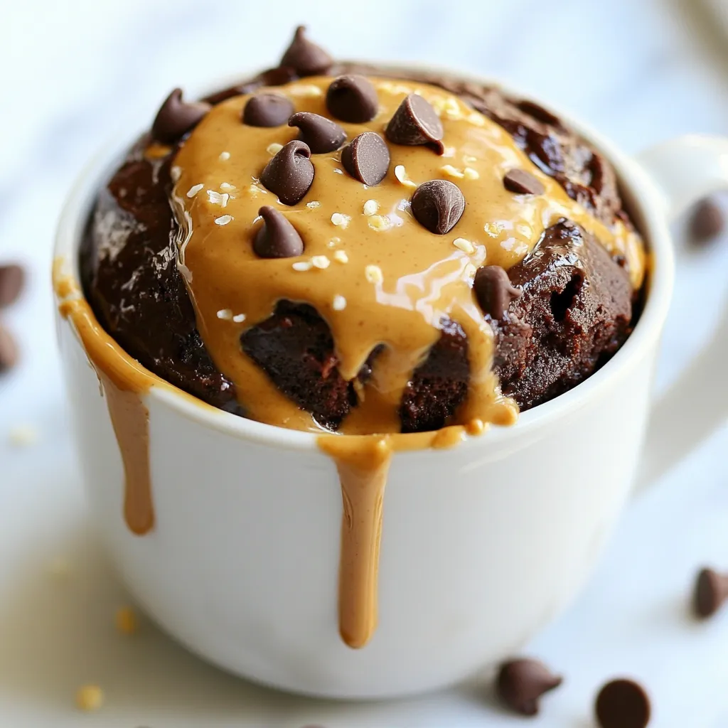 To make a delicious Chocolate Peanut Butter Mug Cake, you need a few simple items. Here’s the list of ingredients you'll need: - 4 tablespoons all-purpose flour - 4 tablespoons granulated sugar - 2 tablespoons unsweetened cocoa powder - 1/8 teaspoon baking powder - 1/8 teaspoon salt - 3 tablespoons milk (or plant-based alternative) - 1 tablespoon vegetable oil - 1 teaspoon vanilla extract - 1 tablespoon peanut butter (plus extra for topping) - Optional: Chocolate chips for extra decadence Each ingredient plays a key role in making this quick treat. The flour and sugar form the cake's base, giving it structure and sweetness. Cocoa powder adds rich chocolate flavor, while baking powder helps the cake rise. Salt enhances all the flavors. For moisture, you’ll use milk and vegetable oil. Vanilla extract adds warmth, and peanut butter brings that creamy goodness. If you want an extra chocolatey bite, add chocolate chips. This mix creates a cake that is soft, rich, and oh-so-tasty! Feel free to switch any of these ingredients based on your taste or what you have at home. Get ready to enjoy a warm treat in just a few minutes! {{ingredient_image_1}} 1. Grab a microwave-safe mug. It should hold about 12 oz. 2. In the mug, combine these dry ingredients: - 4 tablespoons all-purpose flour - 4 tablespoons granulated sugar - 2 tablespoons unsweetened cocoa powder - 1/8 teaspoon baking powder - 1/8 teaspoon salt 3. Whisk the dry mix well. This helps blend the flavors. 4. Now, add your wet ingredients: - 3 tablespoons milk (or plant-based milk) - 1 tablespoon vegetable oil - 1 teaspoon vanilla extract 5. Stir until smooth. Make sure no lumps remain. 6. Create a small well in the center of the batter. 7. Add 1 tablespoon of peanut butter in the well. 8. If you love chocolate, sprinkle in a few chocolate chips. 1. Place the mug in the microwave. 2. Cook on high for about 1-2 minutes. - Start checking at 1 minute to avoid overcooking. 3. The cake should rise and look set in the center. 4. Carefully remove the mug from the microwave. It will be hot! 5. Let it cool for a minute before enjoying. 1. For toppings, add more peanut butter. 2. Sprinkle some chocolate chips on top. 3. Serve the mug cake directly in the mug for a rustic look. 4. For a fancier touch, turn it out onto a plate. 5. You can add whipped cream and a drizzle of chocolate syrup for extra fun! To avoid overcooking, microwave your mug cake in short bursts. Start with one minute. Check it often. If the center looks set, it’s ready. Remember, microwaves vary in power. So, adjust as needed. For a fluffy texture, stir all your ingredients well. Make sure there are no dry spots. Adding a bit of air while mixing helps. The goal is a smooth batter that rises nicely. If you want a dairy-free mug cake, use plant-based milk. Almond, soy, or oat milk work well. You can also swap regular peanut butter for a nut-free spread. This keeps your treat safe for those with allergies. For gluten-free options, use a gluten-free flour blend. They are easy to find in stores. Just make sure it works for baking to get the right texture. You can add flavors to your mug cake for a twist. Try a pinch of cinnamon for warmth or a dash of espresso powder for depth. Both give a nice lift to the chocolate taste. Experiment with toppings too! Add whipped cream, extra peanut butter, or even crushed nuts. Chocolate chips are a great choice for that extra touch of sweetness. Get creative and make it your own! Pro Tips Perfect Microwave Timing: Start with 1 minute of cooking time and check for doneness. Every microwave is different, so adjust accordingly to prevent overcooking. Flour Alternatives: Try using almond flour or coconut flour for a gluten-free version. Just remember, the texture may vary slightly! Customize Your Flavors: Add a pinch of cinnamon or a splash of espresso for a unique flavor twist that complements the chocolate and peanut butter. Serving Suggestions: Enhance your mug cake by serving it with a scoop of ice cream or a dollop of whipped cream for an indulgent dessert experience. {{image_2}} You can easily switch up the flavor of your mug cake. Instead of peanut butter, try other nut butters like almond or cashew. Each nut butter adds a unique taste and texture. For chocolate lovers, use dark chocolate cocoa powder or even white chocolate. This small change can make your cake feel brand new. Want a vegan version? Just swap the milk with a plant-based milk. Use almond or oat milk for a tasty tweak. You can replace the egg with a flaxseed meal mix. For those on a keto diet, use almond flour instead of all-purpose flour. You can also use a sugar substitute like erythritol. This way, you can enjoy a low-carb treat! If you want more than one serving, simply double the ingredients. Use a larger bowl to mix everything up. You can also bake the batter in muffin tins. This gives you tasty mug cake muffins! They cook a bit faster and are great for sharing. Enjoy your cake however you like! You can store your Chocolate Peanut Butter Mug Cake in two ways. If you plan to eat it soon, keep it at room temperature. Use a cover or wrap it tightly. For longer storage, place it in the fridge. This helps keep it fresh. If it's in the fridge, eat it within two days for the best taste. To warm up your mug cake, the microwave is your best friend. Place the mug back in the microwave. Heat it in short bursts, about 15-20 seconds. Check after each burst. You want it warm, not hot. If you have leftovers in the fridge, let them come to room temperature first for even heating. The mug cake is best enjoyed fresh. However, if stored correctly, it lasts about two days. After that, it may lose its soft texture and taste. Always check for any signs of spoilage before eating. If it smells off or has a strange texture, it’s best to toss it. Can I make this mug cake without a microwave? Yes, you can make this mug cake in an oven. Preheat your oven to 350°F (175°C). Pour the batter into a small oven-safe dish. Bake for about 10-12 minutes or until it's set. What is the best mug size for this recipe? A 12 oz mug works best for this recipe. It gives the cake room to rise. A smaller mug may cause overflow during cooking. Can I use natural peanut butter? Yes, natural peanut butter is great for this mug cake. It will add rich flavor. Just be aware that it may make the cake a bit denser. How can I make this recipe sugar-free? You can use a sugar substitute like stevia or erythritol. Adjust the amount based on the sweetness you prefer. This keeps the cake tasty without added sugar. This article covered how to make a simple and tasty mug cake. We discussed the key ingredients and provided step-by-step instructions for easy cooking. I shared tips for perfecting your cake and suggested fun variations to try. Remember to store your leftovers properly for the best flavor. Mug cakes are quick, easy, and fun to make. Try out different flavors and share with friends! Enjoy your baking adventures!