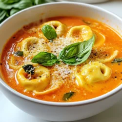 - 1 medium onion, chopped - 3 cloves garlic, minced - 1 package (9 oz) refrigerated cheese tortellini - 1 cup fresh basil leaves, plus extra for garnishing - 1 cup heavy cream (or coconut cream for a lighter option) - 2 tablespoons olive oil - 1 can (28 oz) crushed tomatoes - 4 cups vegetable broth - 1 teaspoon dried oregano - 1 teaspoon sugar - Salt and pepper to taste - Grated Parmesan cheese for serving You can swap the heavy cream with coconut cream for a lighter dish. Use fresh herbs if available. Dried oregano also works well if you do not have fresh options. For a vegan version, skip the cheese tortellini and use a plant-based cream. If you like a kick, add red pepper flakes. You can use any pasta shape if tortellini is not on hand. {{ingredient_image_1}} - Start by gathering all your ingredients. - Chop one medium onion finely. - Mince three cloves of garlic. - Measure out your crushed tomatoes and vegetable broth. - Have your dried oregano, sugar, salt, and pepper ready. - Get your cheese tortellini, heavy cream, and fresh basil leaves. 1. Heat two tablespoons of olive oil in a large pot over medium heat. 2. Add the chopped onion and sauté for about five minutes. Wait until it turns translucent. 3. Toss in the minced garlic and sauté for one more minute. The aroma will be lovely! 4. Pour in the can of crushed tomatoes and four cups of vegetable broth. Stir to mix well. 5. Sprinkle in one teaspoon of dried oregano and one teaspoon of sugar. Season with salt and pepper. 6. Let the soup simmer gently for a few minutes. 7. Add the package of refrigerated cheese tortellini. Cook according to the package, about three to five minutes. Watch them float! 8. Lower the heat, then stir in one cup of heavy cream. If you want a lighter soup, use coconut cream. 9. Toss in one cup of fresh basil leaves. Heat until everything is warm, but do not boil. - Taste your soup and adjust the seasoning if needed. - Remove the pot from heat. - Serve hot, garnished with extra basil leaves and a sprinkle of grated Parmesan cheese. Enjoy the creamy delight! To make your soup creamy, use heavy cream. This adds rich flavor and texture. If you want a lighter option, use coconut cream instead. Stir in the cream just before serving. This keeps it smooth and prevents curdling. Always heat the soup gently after adding the cream. Add dried oregano for a warm, earthy taste. You can also sprinkle in a bit of sugar to balance the acidity of the tomatoes. For a zesty kick, try a pinch of red pepper flakes. Fresh basil is key, so don’t skip it! Use extra basil leaves as a garnish for a fresh finish. Grated Parmesan cheese adds a salty, nutty flavor. Make this soup in advance for an easy meal. Store it in an airtight container in the fridge. This soup tastes even better the next day! You can freeze it too. Use freezer-safe containers and leave space for expansion. Thaw in the fridge overnight before reheating. Heat gently on the stove to keep it creamy. Pro Tips Use Fresh Basil: Fresh basil adds a vibrant flavor to the soup. Add it at the end of cooking to maintain its aroma and color. Adjust Creaminess: For a lighter soup, substitute heavy cream with coconut cream or use less cream for a healthier option without losing flavor. Perfect Tortellini Texture: Keep an eye on the tortellini while cooking; it’s done when it floats to the top. Overcooking can make them mushy. Customize with Veggies: Add your favorite vegetables like spinach, zucchini, or bell peppers to enhance the nutrition and flavor of the soup. {{image_2}} You can easily make this soup vegan. Simply swap the heavy cream with coconut cream. This gives you a rich texture without dairy. Use vegetable broth to keep it plant-based. Make sure your tortellini is dairy-free, too. Many brands offer tasty vegan options. Want to make it heartier? Add proteins like cooked chicken, sausage, or beans. Shredded chicken works well with the tomato flavor. If you want a meatless option, try chickpeas. They add protein and texture. Simply stir in your choice when you add the tortellini. Feel free to mix in your favorite vegetables. Spinach or kale adds color and nutrients. Carrots or zucchini can give a nice crunch. Just chop them small and add them early when cooking the onions. This way, they soften and blend well into the soup. You will want to store any leftover soup in an airtight container. This keeps the flavors fresh and prevents spills. Let the soup cool to room temperature before sealing it. This step helps avoid condensation inside the container. Store the soup in the fridge for up to 3 days. Make sure to label the container with the date. When you are ready to eat, just reheat it on the stove or in the microwave. Stir often to heat it evenly. To freeze the soup, place it in freezer-safe containers. Leave some space at the top for expansion. The soup can last up to 3 months in the freezer. When you want to enjoy it, thaw it in the fridge overnight. Reheat it slowly on low heat to keep the creamy texture. Yes, you can use frozen tortellini in this soup. Just add the frozen tortellini directly to the pot while cooking. They will take a bit longer to cook, usually around 5-7 minutes. Watch for them to float, which means they are ready! If you want a lighter option, use coconut cream instead of heavy cream. You can also try whole milk or half-and-half for a nice creaminess. Each option will change the flavor slightly, so pick what you like best. Store leftover soup in an airtight container. It stays fresh for about three to four days in the fridge. If you want to keep it longer, freeze the soup. Pour it into freezer-safe containers and store for up to three months. Just remember to leave room for expansion! This blog post covered key points on making a delicious dish from fresh to pantry ingredients. I shared steps to prepare, cook, and add finishing touches. You got tips for creaminess, flavor, and how to freeze leftovers. I also discussed variations like vegan dishes and ingredient substitutions. In the end, focus on using quality ingredients and techniques to make your meals joyful and satisfying. Enjoy experimenting and sharing your creations!