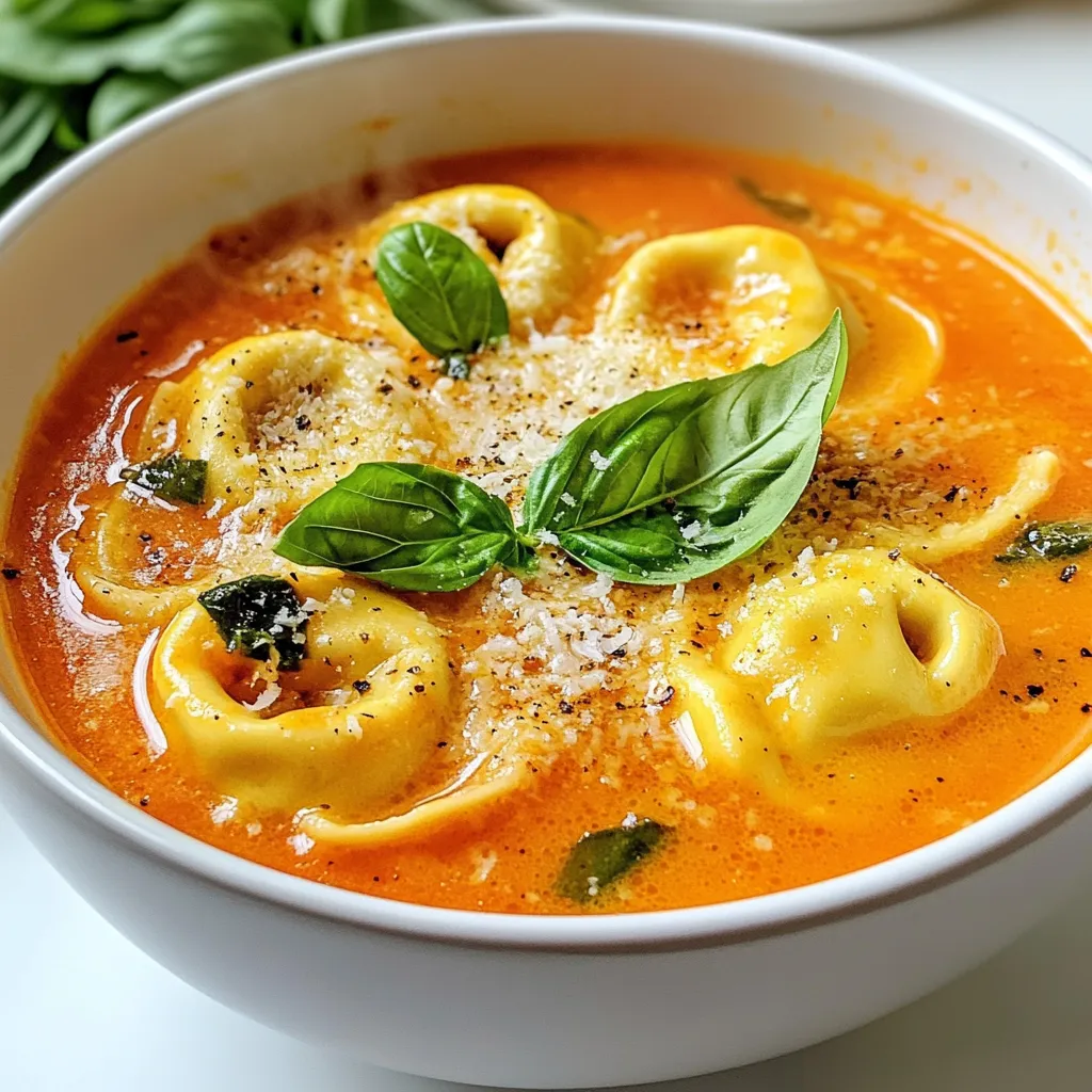 - 1 medium onion, chopped - 3 cloves garlic, minced - 1 package (9 oz) refrigerated cheese tortellini - 1 cup fresh basil leaves, plus extra for garnishing - 1 cup heavy cream (or coconut cream for a lighter option) - 2 tablespoons olive oil - 1 can (28 oz) crushed tomatoes - 4 cups vegetable broth - 1 teaspoon dried oregano - 1 teaspoon sugar - Salt and pepper to taste - Grated Parmesan cheese for serving You can swap the heavy cream with coconut cream for a lighter dish. Use fresh herbs if available. Dried oregano also works well if you do not have fresh options. For a vegan version, skip the cheese tortellini and use a plant-based cream. If you like a kick, add red pepper flakes. You can use any pasta shape if tortellini is not on hand. {{ingredient_image_1}} - Start by gathering all your ingredients. - Chop one medium onion finely. - Mince three cloves of garlic. - Measure out your crushed tomatoes and vegetable broth. - Have your dried oregano, sugar, salt, and pepper ready. - Get your cheese tortellini, heavy cream, and fresh basil leaves. 1. Heat two tablespoons of olive oil in a large pot over medium heat. 2. Add the chopped onion and sauté for about five minutes. Wait until it turns translucent. 3. Toss in the minced garlic and sauté for one more minute. The aroma will be lovely! 4. Pour in the can of crushed tomatoes and four cups of vegetable broth. Stir to mix well. 5. Sprinkle in one teaspoon of dried oregano and one teaspoon of sugar. Season with salt and pepper. 6. Let the soup simmer gently for a few minutes. 7. Add the package of refrigerated cheese tortellini. Cook according to the package, about three to five minutes. Watch them float! 8. Lower the heat, then stir in one cup of heavy cream. If you want a lighter soup, use coconut cream. 9. Toss in one cup of fresh basil leaves. Heat until everything is warm, but do not boil. - Taste your soup and adjust the seasoning if needed. - Remove the pot from heat. - Serve hot, garnished with extra basil leaves and a sprinkle of grated Parmesan cheese. Enjoy the creamy delight! To make your soup creamy, use heavy cream. This adds rich flavor and texture. If you want a lighter option, use coconut cream instead. Stir in the cream just before serving. This keeps it smooth and prevents curdling. Always heat the soup gently after adding the cream. Add dried oregano for a warm, earthy taste. You can also sprinkle in a bit of sugar to balance the acidity of the tomatoes. For a zesty kick, try a pinch of red pepper flakes. Fresh basil is key, so don’t skip it! Use extra basil leaves as a garnish for a fresh finish. Grated Parmesan cheese adds a salty, nutty flavor. Make this soup in advance for an easy meal. Store it in an airtight container in the fridge. This soup tastes even better the next day! You can freeze it too. Use freezer-safe containers and leave space for expansion. Thaw in the fridge overnight before reheating. Heat gently on the stove to keep it creamy. Pro Tips Use Fresh Basil: Fresh basil adds a vibrant flavor to the soup. Add it at the end of cooking to maintain its aroma and color. Adjust Creaminess: For a lighter soup, substitute heavy cream with coconut cream or use less cream for a healthier option without losing flavor. Perfect Tortellini Texture: Keep an eye on the tortellini while cooking; it’s done when it floats to the top. Overcooking can make them mushy. Customize with Veggies: Add your favorite vegetables like spinach, zucchini, or bell peppers to enhance the nutrition and flavor of the soup. {{image_2}} You can easily make this soup vegan. Simply swap the heavy cream with coconut cream. This gives you a rich texture without dairy. Use vegetable broth to keep it plant-based. Make sure your tortellini is dairy-free, too. Many brands offer tasty vegan options. Want to make it heartier? Add proteins like cooked chicken, sausage, or beans. Shredded chicken works well with the tomato flavor. If you want a meatless option, try chickpeas. They add protein and texture. Simply stir in your choice when you add the tortellini. Feel free to mix in your favorite vegetables. Spinach or kale adds color and nutrients. Carrots or zucchini can give a nice crunch. Just chop them small and add them early when cooking the onions. This way, they soften and blend well into the soup. You will want to store any leftover soup in an airtight container. This keeps the flavors fresh and prevents spills. Let the soup cool to room temperature before sealing it. This step helps avoid condensation inside the container. Store the soup in the fridge for up to 3 days. Make sure to label the container with the date. When you are ready to eat, just reheat it on the stove or in the microwave. Stir often to heat it evenly. To freeze the soup, place it in freezer-safe containers. Leave some space at the top for expansion. The soup can last up to 3 months in the freezer. When you want to enjoy it, thaw it in the fridge overnight. Reheat it slowly on low heat to keep the creamy texture. Yes, you can use frozen tortellini in this soup. Just add the frozen tortellini directly to the pot while cooking. They will take a bit longer to cook, usually around 5-7 minutes. Watch for them to float, which means they are ready! If you want a lighter option, use coconut cream instead of heavy cream. You can also try whole milk or half-and-half for a nice creaminess. Each option will change the flavor slightly, so pick what you like best. Store leftover soup in an airtight container. It stays fresh for about three to four days in the fridge. If you want to keep it longer, freeze the soup. Pour it into freezer-safe containers and store for up to three months. Just remember to leave room for expansion! This blog post covered key points on making a delicious dish from fresh to pantry ingredients. I shared steps to prepare, cook, and add finishing touches. You got tips for creaminess, flavor, and how to freeze leftovers. I also discussed variations like vegan dishes and ingredient substitutions. In the end, focus on using quality ingredients and techniques to make your meals joyful and satisfying. Enjoy experimenting and sharing your creations!
