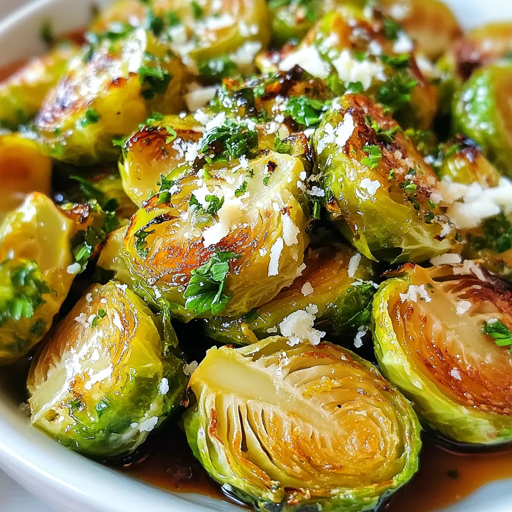 - 1 lb Brussels sprouts, trimmed and halved - 3 tablespoons olive oil - 4 cloves garlic, minced - 1/2 cup grated Parmesan cheese - 1 teaspoon salt - 1/2 teaspoon black pepper - 1/4 teaspoon red pepper flakes (optional) - 2 tablespoons balsamic glaze (optional) - Fresh parsley for garnish Gather these fresh ingredients to make Garlic Parmesan Brussels Sprouts. Start with 1 pound of Brussels sprouts. Trim the ends and cut them in half. This helps them cook evenly. Next, grab 3 tablespoons of olive oil. This oil adds flavor and helps the sprouts crisp up. You will need 4 cloves of garlic, minced. Garlic gives a strong taste and aroma. For a cheesy touch, use 1/2 cup of grated Parmesan cheese. This cheese melts beautifully and adds richness. Season with 1 teaspoon of salt and 1/2 teaspoon of black pepper. These spices enhance all the flavors. If you like heat, add 1/4 teaspoon of red pepper flakes. For a touch of sweetness, consider 2 tablespoons of balsamic glaze. Finally, chop fresh parsley for garnish. It adds color and freshness to your dish. With these ingredients, you will create a tasty veggie delight that everyone will love. {{ingredient_image_1}} Start with one pound of Brussels sprouts. Trim the ends and slice them in half. This helps them cook evenly. Rinse them under cold water to clean. Make sure to dry them well with a towel. Dry sprouts get crispy when roasted. In a large bowl, add the halved Brussels sprouts. Pour in three tablespoons of olive oil. Next, add four cloves of minced garlic, one teaspoon of salt, and half a teaspoon of black pepper. If you like heat, sprinkle in a quarter teaspoon of red pepper flakes. Toss everything together until the sprouts are well-coated. Preheat your oven to 400°F (200°C) now. Spread the Brussels sprouts on a baking sheet lined with parchment paper. Make sure they are in a single layer. Roast them in the oven for 25 to 30 minutes. Stir them halfway through for even cooking. When they turn golden brown and crispy, they are ready. After you take them out, sprinkle half a cup of grated Parmesan cheese over them. The heat will melt the cheese slightly. For extra flavor, drizzle two tablespoons of balsamic glaze if you want. Top with fresh parsley before serving for a nice touch. To make your Brussels sprouts crispy, start with dry sprouts. After washing, pat them dry with a towel. When you toss them in olive oil, coat them well but do not drown them. Spread them out on the baking sheet in a single layer. This allows hot air to circulate. Flip them halfway through roasting. This ensures all sides get golden. Aim for 25 to 30 minutes in the oven. You can boost the flavor with a few simple additions. Try adding lemon zest for a fresh taste. A sprinkle of smoked paprika can add a nice depth. If you like heat, increase the red pepper flakes. Mixing in some cooked bacon bits can also bring a savory punch. Drizzling balsamic glaze on top adds both sweetness and tang. Experiment with fresh herbs like thyme or rosemary for extra flavor. If you want to skip the Parmesan cheese, there are great options. Nutritional yeast provides a cheesy taste without dairy. Crumbled feta cheese offers a tangy flavor that works well. For a nutty twist, consider using crushed walnuts or almonds. If you prefer vegan options, look for plant-based Parmesan. Each of these choices will change the dish but still keep it delicious. Pro Tips Choose Fresh Brussels Sprouts: Look for Brussels sprouts that are firm and tightly closed. Fresh sprouts will provide the best flavor and texture. Don’t Skip the Toss: Make sure to toss the Brussels sprouts well with the olive oil and seasonings to ensure even roasting and flavor distribution. Adjust Cooking Time: Depending on the size of your Brussels sprouts, cooking time may vary. Keep an eye on them to prevent burning and achieve the perfect crispiness. Experiment with Cheese: While Parmesan is delicious, trying other cheeses like Pecorino Romano or a sprinkle of feta can add a unique twist to the dish. {{image_2}} You can change the flavor of your Garlic Parmesan Brussels sprouts easily. Try adding lemon zest for a fresh taste. For a smoky kick, smoked paprika works well too. You might also enjoy adding Italian herbs like oregano or thyme. These spices elevate the dish and make it unique. Not a fan of Brussels sprouts? You can use broccoli, cauliflower, or green beans instead. Just cut them into similar sizes. The cooking time may vary, so keep an eye on them. The garlic and Parmesan will still shine through, giving you a tasty side dish. To turn these Brussels sprouts into a full meal, add protein. Grilled chicken or shrimp pairs nicely with them. You can also serve them over quinoa or rice. This adds more nutrients and makes your dish heartier. Don't forget to drizzle extra balsamic glaze for that perfect finish! After cooking, let your Garlic Parmesan Brussels sprouts cool. Store them in an airtight container. They stay fresh for up to three days in the fridge. Always check for any signs of spoilage before eating. To reheat, place the Brussels sprouts on a baking sheet. Heat your oven to 350°F (175°C). Roast for 10-15 minutes until hot. This method keeps them crispy. You can also use a microwave, but they may lose some crunch. You can freeze these sprouts if you have leftovers. First, let them cool completely. Spread them on a baking sheet in a single layer. Freeze for about an hour. Transfer the frozen sprouts to a freezer bag. They last up to three months. When ready to eat, thaw in the fridge overnight and reheat as mentioned above. To pick fresh Brussels sprouts, look for bright green, firm ones. They should feel heavy for their size and have tight leaves. Avoid any that are yellowing or have brown spots. Fresh sprouts should smell clean and earthy, not sour. If you find them small, they are often sweeter. Yes, you can make Garlic Parmesan Brussels sprouts ahead. Roast them, then let them cool. Store them in an airtight container for up to three days in the fridge. When ready to eat, reheat them in the oven at 350°F for about 10 minutes. This keeps them crispy. Garlic Parmesan Brussels sprouts pair well with many dishes. Serve them alongside grilled chicken, steak, or fish. They also go great with quinoa or rice for a veggie-friendly meal. For a complete feast, add a fresh salad or crusty bread. Enjoy the flavors together! This post shared a simple recipe for Garlic Parmesan Brussels sprouts. You learned how to prep, season, and roast them for the best taste. I discussed tips for perfect crispiness and ways to customize the dish. You can store these sprouts well and even reheat them easily. As you explore different flavors, enjoy creating variations. Don't hesitate to try new veggies. This dish can impress any guest while being easy to make. Happy cooking!
