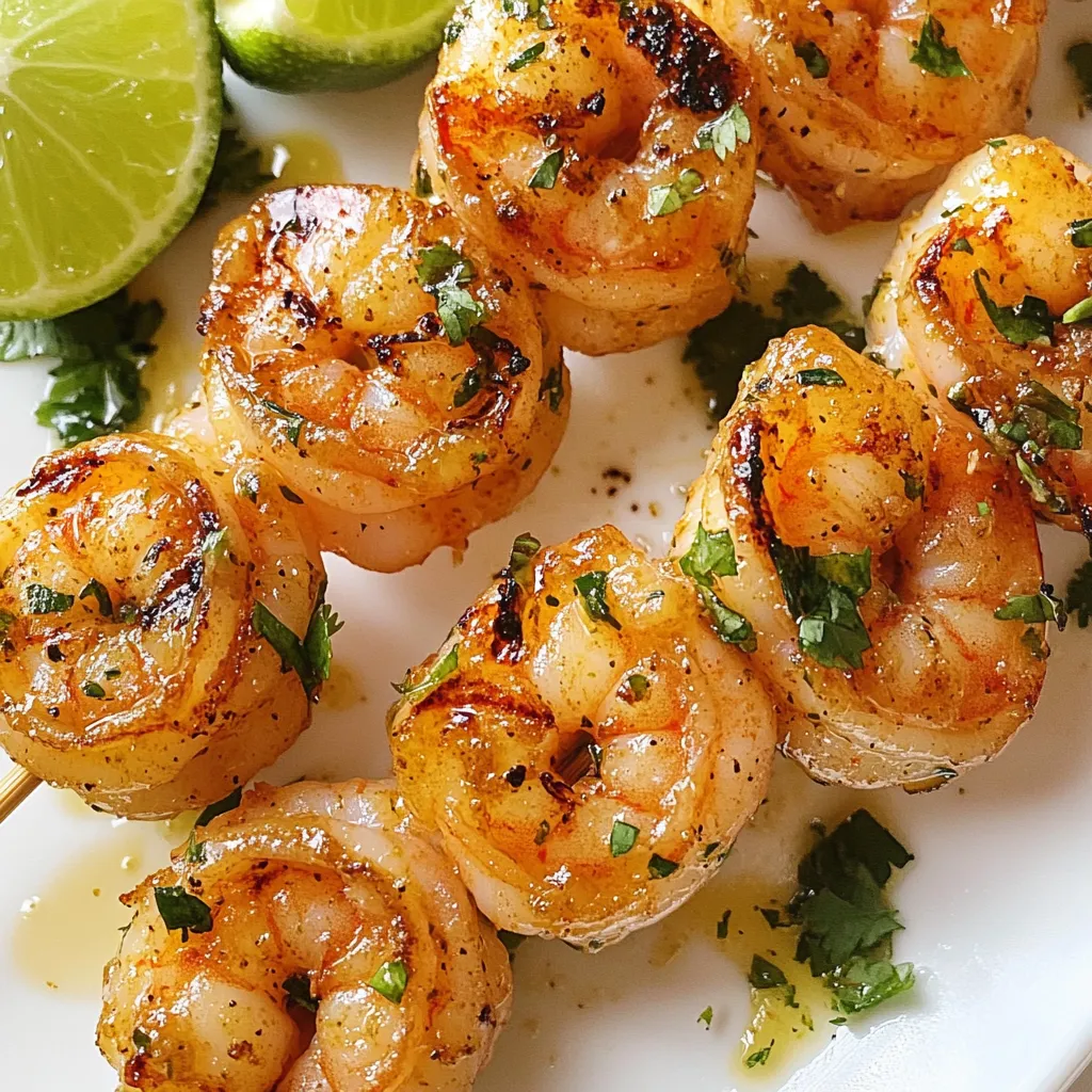 - 1 lb large shrimp, peeled and deveined - 3 tablespoons olive oil - 2 tablespoons fresh lime juice - 2 cloves garlic, minced - 1 tablespoon chili powder - 1 teaspoon cumin - 1 teaspoon smoked paprika - 1 teaspoon honey - Salt and pepper to taste - Fresh cilantro, chopped (for garnish) - Lime wedges (for serving) - Wooden or metal skewers For chili lime shrimp skewers, you need fresh ingredients. Start with large shrimp. Choose shrimp that are peeled and deveined. This saves time and makes cooking easy. The olive oil adds richness. Fresh lime juice gives a zesty kick. The marinade combines garlic, chili powder, cumin, smoked paprika, honey, salt, and pepper. This mix creates bold flavors that blend well with shrimp. For garnishing, use chopped cilantro. It adds color and freshness. Serve with lime wedges for extra zest. You can use wooden or metal skewers based on your preference. If you use wooden skewers, soak them in water for 30 minutes. This prevents burning on the grill. Each ingredient plays a role in making these skewers tasty. Together, they create a vibrant dish that is easy to make and fun to enjoy. {{ingredient_image_1}} Soaking wooden skewers is key. If you use them, soak them in water for 30 minutes. This step stops them from burning on the grill. While they soak, grab your shrimp. Take about 4-5 shrimp and thread them onto each skewer. Make sure they fit snugly but are not crowded. This helps them cook evenly. Now, let’s make the marinade. In a medium bowl, whisk together the olive oil, fresh lime juice, and minced garlic. Then add the chili powder, cumin, smoked paprika, honey, salt, and pepper. Whisk it all together until it’s well mixed. Next, add the shrimp to the bowl. Toss them around to coat each shrimp evenly. Cover the bowl and let it sit in the fridge for 20-30 minutes. This allows the shrimp to soak up all that yummy flavor. When the shrimp are ready, it’s time to cook. Preheat your grill or grill pan over medium-high heat. Once hot, place the skewers on the grill. Cook the shrimp for about 2-3 minutes on each side. You’ll know they’re done when they turn pink and opaque. Remove them from the grill carefully. Enjoy the great taste of your chili lime shrimp skewers! For the best flavor, marinate the shrimp for 20 to 30 minutes. This time allows the shrimp to soak up the spices and lime juice, making them tasty. Too long in the marinade can make shrimp tough. If you let them sit too long, the acid in lime juice can "cook" the shrimp. Grill the shrimp on medium-high heat for a nice char. Place the skewers on the grill and cook for 2 to 3 minutes per side. Flip them carefully to keep the shrimp intact. To check if they are done, look for a pink color and an opaque center. The shrimp should curl slightly but not be hard. A bright dish looks great on the table. Garnish the skewers with fresh cilantro for color. You can also add lime wedges on the side for extra zest. Serve them on a large platter or individual plates to impress your guests. This makes every bite fun and fresh! Pro Tips Soak the Skewers: If using wooden skewers, soaking them in water for at least 30 minutes prevents them from burning on the grill. Marinate for Flavor: Allow the shrimp to marinate for at least 20-30 minutes to enhance the flavors and ensure they're infused with the marinade. Watch the Cooking Time: Grill the shrimp for only 2-3 minutes on each side. Overcooking can make them rubbery, so keep an eye on them! Garnish Right Before Serving: Add fresh cilantro as a garnish right before serving to keep it vibrant and fresh. {{image_2}} You can change how spicy the shrimp skewers are. If you like heat, add more chili powder. Just a little can make a big difference. You can also try other spices. Paprika gives a smoky flavor, while cayenne adds a nice kick. Want to switch things up? You can use chicken or tofu instead of shrimp. Both work well with the same marinade. For a vegetarian option, use bell peppers, zucchini, or mushrooms. They soak up the flavors and grill nicely. Pair your chili lime shrimp with sides that balance the heat. A fresh salad or rice is great. You might also enjoy corn on the cob or grilled veggies. To enhance flavors, serve with a creamy dip or sauce. This adds a nice contrast to the spicy shrimp. To store cooked skewers, let them cool first. Place the skewers in an airtight container. You can also wrap them tightly in plastic wrap. This method helps keep them fresh. Store them in the fridge. They will stay good for about 2-3 days. To reheat without losing flavor, use the oven. Preheat it to 350°F (175°C). Place the skewers on a baking sheet and cover with foil. Heat for about 10 minutes or until warm. This keeps the shrimp juicy. You can also use a microwave. However, it may make the shrimp a bit rubbery. If using a microwave, heat in short bursts. This way, you can check if they are warm enough. You can tell shrimp are done cooking when they turn pink and opaque. The flesh should be firm, not rubbery. Shrimp cook quickly, usually in just 2-3 minutes on each side. Look for a curled shape; this means they are ready. Overcooked shrimp can become tough, so keep an eye on them. Cooking shrimp just right ensures a tasty meal that you and your guests will love. Yes, you can use frozen shrimp! Just make sure to thaw them properly before cooking. To thaw, place shrimp in the fridge overnight or run them under cold water for about 10-15 minutes. Pat them dry with a towel after thawing. This helps the marinade stick better. Using frozen shrimp is a great time-saver and still gives you that fresh taste you want in your chili lime shrimp skewers. Chili lime shrimp skewers pair well with many side dishes. Here are some ideas: - Rice: Fluffy jasmine or coconut rice works great. - Salad: A light green salad with lime vinaigrette adds freshness. - Grilled Veggies: Colorful veggies like bell peppers and zucchini complement the skewers well. - Corn on the Cob: Sweet corn can balance the spice of the shrimp. - Tortillas: Soft tortillas can make for fun wraps. These sides will create a balanced and delicious meal with your shrimp skewers! Chili lime shrimp skewers are simple and tasty. We covered the key ingredients, spices, and cooking steps. I shared tips for marinating, grilling, and serving. You can also change the spice level or swap ingredients. Remember, grilling shrimp takes practice, so don’t rush. Enjoy the bold flavors and impress your guests with your skills. Your next meal can be delicious and fun. Try these skewers and savor the taste!