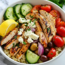 To create Greek Chicken Couscous Bowls, you will need the following ingredients: - 2 cups couscous - 1 lb boneless, skinless chicken breasts - 1 tablespoon olive oil - 1 teaspoon dried oregano - 1 teaspoon garlic powder - Salt and pepper to taste - 1 cup cherry tomatoes, halved - 1 cucumber, diced - 1/2 red onion, finely chopped - 1/2 cup Kalamata olives, pitted and halved - 1/2 cup feta cheese, crumbled - 1/4 cup fresh parsley, chopped - Juice of 1 lemon - 1/4 teaspoon red pepper flakes (optional) When making this dish, I recommend using fresh ingredients when possible. Fresh vegetables, like cucumbers and cherry tomatoes, provide great flavor and crunch. However, dried herbs, like oregano, add depth and convenience. If you have fresh oregano, use it for an even brighter taste! If you need gluten-free options, you can swap couscous for quinoa or rice. For a vegetarian meal, replace chicken with chickpeas or grilled veggies. You can also use a plant-based feta for a dairy-free alternative. These swaps keep the flavors while catering to different diets. {{ingredient_image_1}} To start, I cook the couscous first. In a medium saucepan, I bring 2 cups of water to a boil. Once the water bubbles, I stir in 2 cups of couscous. I then remove the pot from heat and cover it. I let it sit for about 5 minutes. This allows the couscous to absorb all the water. After 5 minutes, I fluff the couscous with a fork. This step makes it nice and light. I set it aside for later. While the couscous rests, I prepare the chicken. I take 1 pound of boneless, skinless chicken breasts. In a bowl, I mix 1 tablespoon of olive oil, 1 teaspoon of dried oregano, 1 teaspoon of garlic powder, salt, and pepper. I coat the chicken with this marinade. Letting it sit for about 10 minutes helps the flavors mix well. Next, I heat a grill pan over medium-high heat. I add the marinated chicken and cook it for 6-7 minutes on each side. I check that the chicken is cooked through and has nice grill marks. Once done, I remove it from heat and let it rest for a few minutes before slicing it into strips. This resting time keeps the chicken juicy. Now it’s time to assemble the bowls. In a large bowl, I combine the fluffy couscous, 1 cup of halved cherry tomatoes, 1 diced cucumber, 1/2 finely chopped red onion, 1/2 cup of halved Kalamata olives, and 1/2 cup of crumbled feta cheese. I toss everything gently to mix the ingredients well. Next, I drizzle the juice of 1 lemon over the couscous mixture. I also sprinkle it with 1/4 cup of chopped fresh parsley and 1/4 teaspoon of red pepper flakes if I want some heat. I toss the mixture lightly to blend all the flavors. Finally, I divide the couscous mixture into serving bowls. I top each bowl with the sliced grilled chicken. For a nice touch, I garnish with extra parsley and serve lemon wedges on the side. This adds a fresh look and taste to my Greek Chicken Couscous Bowls. To keep your chicken juicy, start with a good marinade. Use olive oil, oregano, garlic powder, salt, and pepper. Let the chicken sit in this mix for at least ten minutes. This step helps the flavors soak in. When you cook the chicken, use medium-high heat. This method sears the outside quickly while keeping the inside moist. Cook each side for about six to seven minutes. Check that the chicken reaches 165°F. Let it rest for a few minutes before slicing. This resting time allows the juices to redistribute, keeping your chicken tender. You can boost flavor by adding red pepper flakes for heat. Fresh herbs like dill or mint can add brightness. Toss in roasted red peppers or artichokes for extra taste and texture. Don’t forget the lemon juice! It adds a fresh zing that lightens the dish. Consider using different cheese like goat cheese for a creamier touch. You can mix and match ingredients based on your liking. These bowls are great for meal prep. You can cook everything on the weekend. Store the couscous and chicken separately from the veggies. This keeps everything fresh. Divide the meal into containers. Each container should have couscous, chicken, and some veggies. Add the feta and olives just before eating to keep them fresh. You can reheat the chicken and couscous in the microwave. Just don’t forget to cover it to keep moisture in. Enjoy a delicious meal ready in minutes! Pro Tips Marinate the Chicken Longer: For even more flavor, marinate the chicken for at least 30 minutes or up to overnight in the refrigerator. Use Whole Wheat Couscous: For a healthier option, substitute regular couscous with whole wheat couscous, adding more fiber to your meal. Customize Your Veggies: Feel free to add other Mediterranean vegetables like bell peppers or artichokes to the couscous mixture for extra color and nutrition. Serve with Tzatziki: Enhance the dish by serving it with a side of tzatziki sauce for a refreshing and creamy contrast. {{image_2}} You can add fun flavors with artichokes and roasted red peppers. These ingredients boost taste and color. Artichokes bring a unique, earthy flavor, while roasted red peppers add sweetness. Simply toss them in with your couscous mix. You can even use jarred artichokes for ease. This quick change makes your dish pop! Need a protein switch? Try tofu, chickpeas, or shrimp! Tofu is great for a vegetarian twist. Just marinate and cook it like chicken. Chickpeas add a hearty feel and are full of protein. Shrimp cooks quickly and adds a lovely seafood flavor. Choose what fits your diet and mood. Couscous is fantastic, but don’t stop there! You can use quinoa, farro, or rice instead. Quinoa is high in protein and gluten-free. Farro has a chewy texture and nutty flavor. Rice, whether brown or white, works well too. Each grain brings its own personality, so feel free to experiment! To keep your Greek Chicken Couscous Bowls fresh, you need to store them right. First, let the bowls cool down to room temperature. This step helps prevent condensation. Next, divide the leftovers into airtight containers. This keeps the flavors intact and prevents the food from drying out. Label the containers with the date so you know when to use them. Stored this way, they can last in the fridge for up to three days. If you want to save your Greek Chicken Couscous Bowls for later, freezing is a great option. Start by letting the bowls cool completely. Then, use freezer-safe containers or heavy-duty freezer bags. Make sure to remove as much air as possible from the bags. This helps prevent freezer burn. You can freeze them for up to three months. When you’re ready to eat, just thaw them in the fridge overnight before reheating. Reheating your Greek Chicken Couscous Bowls properly is key to keeping them tasty. For the best results, use the stovetop. Heat a non-stick pan over medium heat. Add a splash of water or broth to keep the couscous moist. Stir gently until everything is warmed through. If you’re in a hurry, you can use the microwave. Place the bowl in the microwave and cover it with a damp paper towel. Heat in short bursts, stirring in between, until hot. Enjoy the flavors just as they were meant to be! Yes, you can prepare Greek Chicken Couscous Bowls ahead of time. They store well in the fridge for up to three days. Cook the couscous and chicken, then let them cool. This helps keep flavors fresh. Store everything in airtight containers. When you're ready to eat, just warm the chicken. The flavors will blend nicely as it sits. If you need a feta cheese substitute, try goat cheese. It has a similar tangy flavor. You can also use ricotta for a creamier texture. Vegan cheese options work too. Choose one that melts well and adds flavor. This way, your dish stays delicious and enjoyable. To keep chicken juicy, start by marinating it. Use olive oil, herbs, and spices for flavor. Let it sit for at least ten minutes. This adds moisture. Cook the chicken on medium-high heat for about six to seven minutes per side. Avoid overcooking. Always let it rest after cooking. This helps the juices stay inside. In this blog, we explored the tasty Greek Chicken Couscous Bowls. We covered ingredients, cooking steps, and helpful tips. You learned about fresh ingredients and what to use for different diets. I shared ways to keep chicken juicy and ideas for meal prep. You can add your favorite proteins or grains for variety. Remember, storing properly keeps leftovers fresh. Enjoy making these bowls to fit your needs and taste. Get creative, have fun, and enjoy every bite!