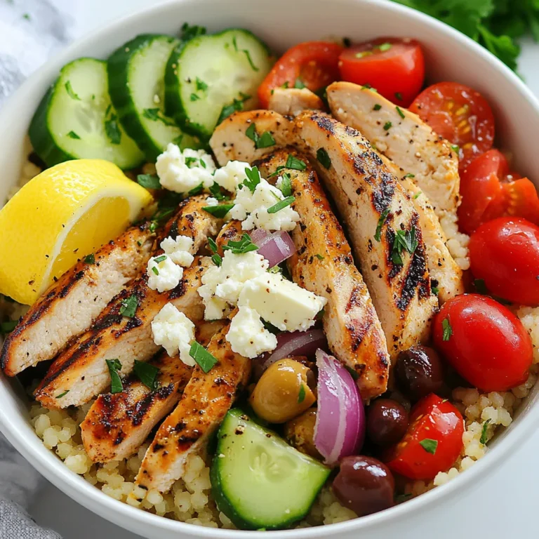 To create Greek Chicken Couscous Bowls, you will need the following ingredients: - 2 cups couscous - 1 lb boneless, skinless chicken breasts - 1 tablespoon olive oil - 1 teaspoon dried oregano - 1 teaspoon garlic powder - Salt and pepper to taste - 1 cup cherry tomatoes, halved - 1 cucumber, diced - 1/2 red onion, finely chopped - 1/2 cup Kalamata olives, pitted and halved - 1/2 cup feta cheese, crumbled - 1/4 cup fresh parsley, chopped - Juice of 1 lemon - 1/4 teaspoon red pepper flakes (optional) When making this dish, I recommend using fresh ingredients when possible. Fresh vegetables, like cucumbers and cherry tomatoes, provide great flavor and crunch. However, dried herbs, like oregano, add depth and convenience. If you have fresh oregano, use it for an even brighter taste! If you need gluten-free options, you can swap couscous for quinoa or rice. For a vegetarian meal, replace chicken with chickpeas or grilled veggies. You can also use a plant-based feta for a dairy-free alternative. These swaps keep the flavors while catering to different diets. {{ingredient_image_1}} To start, I cook the couscous first. In a medium saucepan, I bring 2 cups of water to a boil. Once the water bubbles, I stir in 2 cups of couscous. I then remove the pot from heat and cover it. I let it sit for about 5 minutes. This allows the couscous to absorb all the water. After 5 minutes, I fluff the couscous with a fork. This step makes it nice and light. I set it aside for later. While the couscous rests, I prepare the chicken. I take 1 pound of boneless, skinless chicken breasts. In a bowl, I mix 1 tablespoon of olive oil, 1 teaspoon of dried oregano, 1 teaspoon of garlic powder, salt, and pepper. I coat the chicken with this marinade. Letting it sit for about 10 minutes helps the flavors mix well. Next, I heat a grill pan over medium-high heat. I add the marinated chicken and cook it for 6-7 minutes on each side. I check that the chicken is cooked through and has nice grill marks. Once done, I remove it from heat and let it rest for a few minutes before slicing it into strips. This resting time keeps the chicken juicy. Now it’s time to assemble the bowls. In a large bowl, I combine the fluffy couscous, 1 cup of halved cherry tomatoes, 1 diced cucumber, 1/2 finely chopped red onion, 1/2 cup of halved Kalamata olives, and 1/2 cup of crumbled feta cheese. I toss everything gently to mix the ingredients well. Next, I drizzle the juice of 1 lemon over the couscous mixture. I also sprinkle it with 1/4 cup of chopped fresh parsley and 1/4 teaspoon of red pepper flakes if I want some heat. I toss the mixture lightly to blend all the flavors. Finally, I divide the couscous mixture into serving bowls. I top each bowl with the sliced grilled chicken. For a nice touch, I garnish with extra parsley and serve lemon wedges on the side. This adds a fresh look and taste to my Greek Chicken Couscous Bowls. To keep your chicken juicy, start with a good marinade. Use olive oil, oregano, garlic powder, salt, and pepper. Let the chicken sit in this mix for at least ten minutes. This step helps the flavors soak in. When you cook the chicken, use medium-high heat. This method sears the outside quickly while keeping the inside moist. Cook each side for about six to seven minutes. Check that the chicken reaches 165°F. Let it rest for a few minutes before slicing. This resting time allows the juices to redistribute, keeping your chicken tender. You can boost flavor by adding red pepper flakes for heat. Fresh herbs like dill or mint can add brightness. Toss in roasted red peppers or artichokes for extra taste and texture. Don’t forget the lemon juice! It adds a fresh zing that lightens the dish. Consider using different cheese like goat cheese for a creamier touch. You can mix and match ingredients based on your liking. These bowls are great for meal prep. You can cook everything on the weekend. Store the couscous and chicken separately from the veggies. This keeps everything fresh. Divide the meal into containers. Each container should have couscous, chicken, and some veggies. Add the feta and olives just before eating to keep them fresh. You can reheat the chicken and couscous in the microwave. Just don’t forget to cover it to keep moisture in. Enjoy a delicious meal ready in minutes! Pro Tips Marinate the Chicken Longer: For even more flavor, marinate the chicken for at least 30 minutes or up to overnight in the refrigerator. Use Whole Wheat Couscous: For a healthier option, substitute regular couscous with whole wheat couscous, adding more fiber to your meal. Customize Your Veggies: Feel free to add other Mediterranean vegetables like bell peppers or artichokes to the couscous mixture for extra color and nutrition. Serve with Tzatziki: Enhance the dish by serving it with a side of tzatziki sauce for a refreshing and creamy contrast. {{image_2}} You can add fun flavors with artichokes and roasted red peppers. These ingredients boost taste and color. Artichokes bring a unique, earthy flavor, while roasted red peppers add sweetness. Simply toss them in with your couscous mix. You can even use jarred artichokes for ease. This quick change makes your dish pop! Need a protein switch? Try tofu, chickpeas, or shrimp! Tofu is great for a vegetarian twist. Just marinate and cook it like chicken. Chickpeas add a hearty feel and are full of protein. Shrimp cooks quickly and adds a lovely seafood flavor. Choose what fits your diet and mood. Couscous is fantastic, but don’t stop there! You can use quinoa, farro, or rice instead. Quinoa is high in protein and gluten-free. Farro has a chewy texture and nutty flavor. Rice, whether brown or white, works well too. Each grain brings its own personality, so feel free to experiment! To keep your Greek Chicken Couscous Bowls fresh, you need to store them right. First, let the bowls cool down to room temperature. This step helps prevent condensation. Next, divide the leftovers into airtight containers. This keeps the flavors intact and prevents the food from drying out. Label the containers with the date so you know when to use them. Stored this way, they can last in the fridge for up to three days. If you want to save your Greek Chicken Couscous Bowls for later, freezing is a great option. Start by letting the bowls cool completely. Then, use freezer-safe containers or heavy-duty freezer bags. Make sure to remove as much air as possible from the bags. This helps prevent freezer burn. You can freeze them for up to three months. When you’re ready to eat, just thaw them in the fridge overnight before reheating. Reheating your Greek Chicken Couscous Bowls properly is key to keeping them tasty. For the best results, use the stovetop. Heat a non-stick pan over medium heat. Add a splash of water or broth to keep the couscous moist. Stir gently until everything is warmed through. If you’re in a hurry, you can use the microwave. Place the bowl in the microwave and cover it with a damp paper towel. Heat in short bursts, stirring in between, until hot. Enjoy the flavors just as they were meant to be! Yes, you can prepare Greek Chicken Couscous Bowls ahead of time. They store well in the fridge for up to three days. Cook the couscous and chicken, then let them cool. This helps keep flavors fresh. Store everything in airtight containers. When you're ready to eat, just warm the chicken. The flavors will blend nicely as it sits. If you need a feta cheese substitute, try goat cheese. It has a similar tangy flavor. You can also use ricotta for a creamier texture. Vegan cheese options work too. Choose one that melts well and adds flavor. This way, your dish stays delicious and enjoyable. To keep chicken juicy, start by marinating it. Use olive oil, herbs, and spices for flavor. Let it sit for at least ten minutes. This adds moisture. Cook the chicken on medium-high heat for about six to seven minutes per side. Avoid overcooking. Always let it rest after cooking. This helps the juices stay inside. In this blog, we explored the tasty Greek Chicken Couscous Bowls. We covered ingredients, cooking steps, and helpful tips. You learned about fresh ingredients and what to use for different diets. I shared ways to keep chicken juicy and ideas for meal prep. You can add your favorite proteins or grains for variety. Remember, storing properly keeps leftovers fresh. Enjoy making these bowls to fit your needs and taste. Get creative, have fun, and enjoy every bite!