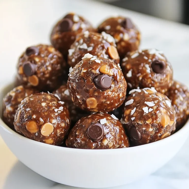 - 1 cup rolled oats - 1/2 cup natural peanut butter - 1/4 cup honey or maple syrup - 1/4 cup dark chocolate chips - 1/4 cup ground flaxseed These main ingredients work together to create tasty energy balls. Rolled oats provide fiber, making them a great base. Natural peanut butter adds creaminess and protein. Honey or maple syrup sweetens the mix and binds it together. Dark chocolate chips give a rich flavor and a touch of sweetness. Ground flaxseed boosts the nutrition and adds omega-3 fatty acids. - 1/4 cup shredded coconut - Additional toppings You can add shredded coconut for extra texture and flavor. Other toppings can include nuts or seeds. These optional ingredients allow you to personalize your energy balls based on your taste. The main ingredients offer several health benefits. Rolled oats help with digestion and keep you full. Peanut butter provides protein and healthy fats. Honey or maple syrup gives quick energy. Dark chocolate contains antioxidants. Flaxseed adds fiber and nutrients. Each energy ball contains about 100 calories. This makes them a great snack choice for energy during the day. They are perfect before workouts or as a quick pick-me-up. {{ingredient_image_1}} First, gather a large mixing bowl. In this bowl, add: - 1 cup rolled oats - 1/4 cup ground flaxseed - A pinch of salt Mix these dry ingredients well until they are combined. Next, you will add the wet ingredients. Pour in: - 1/2 cup natural peanut butter - 1/4 cup honey or maple syrup - 1 teaspoon vanilla extract Stir until the mixture becomes sticky and well blended. Now, gently fold in: - 1/4 cup dark chocolate chips - Optional: 1/4 cup shredded coconut Make sure all the chocolate chips and coconut are evenly mixed. Now it’s time to shape the mixture. Take a tablespoon of the mixture. Roll it into a ball with your hands. Keep rolling until you form all the mixture into balls. Place each ball on a baking sheet or plate lined with parchment paper. This helps prevent sticking. Once all the energy balls are formed, it’s time to chill them. Refrigerate the balls for at least 30 minutes. This will help them firm up nicely. When you’re ready to serve, grab the chilled energy balls from the fridge. For a nice presentation, arrange them in a decorative jar or on a plate. You can sprinkle a few extra chocolate chips or coconut flakes on top for a pretty finish. Enjoy your tasty and healthy snack! Store your energy balls in an airtight container. This keeps them fresh and tasty. You can keep them in the fridge for up to one week. If you want to save them longer, freeze them. They last for about three months in the freezer. Just wrap each ball in plastic wrap for easy access later. You can change the flavors of your energy balls easily. Try adding nuts or seeds for crunch. Chopped almonds or sunflower seeds work well. You can also swap peanut butter for other nut butters. Almond butter or cashew butter can give a new taste. Mix it up and find your favorite combination! These energy balls make a great snack. Pair them with a glass of milk or a smoothie for extra energy. You can also add them to your breakfast. Crumble them over yogurt or oatmeal for a tasty boost. They fit nicely into any meal or snack time! Pro Tips Use Chilled Ingredients: Keeping your peanut butter and honey in the fridge before mixing can help the energy balls hold their shape better. Customize Your Mix-ins: Feel free to experiment with different add-ins like nuts, seeds, or dried fruit for added flavor and nutrition. Storage Tips: Store the energy balls in an airtight container in the fridge for up to a week, or freeze them for longer storage. Consistency Check: If the mixture is too dry, add a little more peanut butter or honey; if too wet, sprinkle in some extra oats or flaxseed. {{image_2}} You can boost your energy balls with fun add-ins. Here are some ideas: - Protein powder options: Use whey, pea, or hemp protein. This makes the balls even more filling. - Superfoods suggestions: Add chia seeds, spirulina, or cocoa powder for extra nutrition. These superfoods pack a punch of vitamins and minerals. Making energy balls fit your diet is easy. Here’s how: - Making them vegan or gluten-free: Swap honey with maple syrup. Use gluten-free oats. This keeps the taste while fitting your needs. - Low-sugar alternatives: Try using stevia or erythritol instead of honey. This reduces the sugar content and keeps the sweetness. You can change the flavors to keep things exciting. Consider these ideas: - Adding spices like cinnamon or nutmeg: A dash of these spices can add warmth and depth. - Different chocolate types for variety: Use milk chocolate, white chocolate, or even carob chips. Each type gives a new twist to the classic taste. To keep your Chocolate Peanut Butter Energy Balls fresh, use airtight containers. Store them in the fridge for the best taste. If you prefer, you can keep them at room temperature for a short time. Just remember they may not last as long. In the fridge, they can stay good for about a week. If you want to save some for later, freezing is great! Place the energy balls in a single layer on a baking sheet. Freeze them for about an hour. Once solid, transfer them to a freezer-safe bag. This way, they can last for up to three months. When you're ready to eat one, just take it out and let it thaw at room temperature for about 30 minutes. Check your energy balls before eating. If they smell off or look dry, it’s best to toss them. You might notice a change in texture or color too. Eating them fresh is always best, so try to enjoy them before the best by date. These energy balls can last up to one week in the fridge. If you freeze them, they can last up to three months. Just make sure you store them in an airtight container. This keeps them fresh and tasty. Yes, you can substitute some ingredients. For example, you can use almond butter instead of peanut butter. Maple syrup can also replace honey. If you don’t have dark chocolate chips, try milk chocolate or even dried fruit. Each change may slightly change the taste but will still be yummy. Energy balls provide great nutrients. They have protein from the peanut butter and fiber from the oats and flaxseed. The dark chocolate chips add antioxidants. These snacks are perfect for a quick boost of energy. They can help keep you full and satisfied, too! You can now create tasty and healthy chocolate peanut butter energy balls easily. We covered key ingredients like oats, peanut butter, and dark chocolate, along with options for customizing flavors. I shared step-by-step instructions for mixing, rolling, and chilling these energy bites. Remember to store them right for freshness. With these tips and variations, you can enjoy a nutritious snack that fits your taste. Try making your own today and discover new favorites!