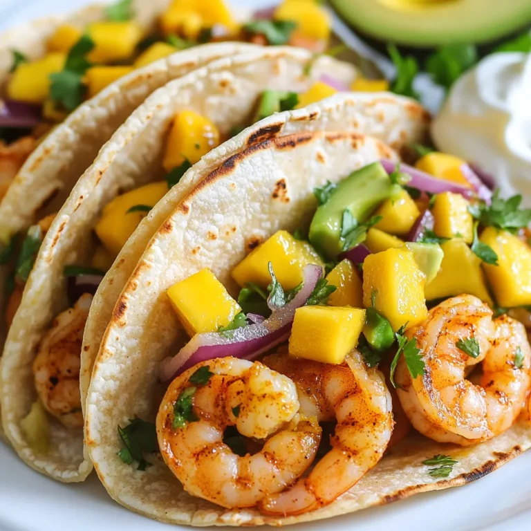 To make delicious Spicy Mango Salsa Shrimp Tacos, you'll need a few key ingredients. Here’s the complete list: - 1 pound shrimp, peeled and deveined - 1 tablespoon olive oil - 1 teaspoon chili powder - 1 teaspoon cumin - 1/2 teaspoon smoked paprika - Salt and pepper to taste - 8 small corn tortillas - 1 ripe mango, diced - 1/4 red onion, finely chopped - 1 jalapeño, deseeded and minced - 1/4 cup fresh cilantro, chopped - Juice of 1 lime - Avocado slices for topping - Sour cream for serving (optional) Each ingredient plays a vital role in building flavors. The shrimp gives a nice base. The spices bring warmth and depth. The mango salsa adds sweetness and brightness. You can customize this dish to fit your taste. Enjoy the fresh ingredients for the best flavor! {{ingredient_image_1}} To prepare the shrimp, start by mixing them with olive oil in a bowl. Add chili powder, cumin, smoked paprika, salt, and pepper. Stir until the shrimp are well-coated. This mix adds great flavor. Next, heat a skillet over medium-high heat. Add the shrimp to the hot skillet. Cook them for about 2-3 minutes on each side. The shrimp will turn pink and opaque when done. Once cooked, remove them from heat. For the spicy mango salsa, grab another bowl. Combine diced mango, red onion, minced jalapeño, chopped cilantro, and lime juice. Mix everything well. This salsa gives the tacos a fresh and zesty kick. Set the salsa aside while you warm the tortillas. Now it’s time to build your tacos. Warm the corn tortillas in a dry skillet for about 30 seconds on each side. This makes them pliable. On each tortilla, place a few shrimp. Top them with a generous spoonful of the spicy mango salsa. Add a slice of avocado on top for creaminess. If you like, serve with a dollop of sour cream on the side. Enjoy your tasty tacos! To cook the shrimp just right, start with fresh shrimp. They should be pink and firm. Mix shrimp with olive oil and spices in a bowl. Make sure every piece is coated well. Heat your skillet to medium-high. Add shrimp and cook for 2-3 minutes on each side. Look for a bright pink color. If they curl up, they’re done. Overcooking makes shrimp tough, so watch them closely. Use a ripe mango for the best taste. It should feel soft but not too mushy. Dice it into small pieces for a nice texture. The red onion adds crunch and a sweet bite. Jalapeño brings heat, but you can adjust it. If you want less spice, use less jalapeño. Don’t skip the lime juice; it adds brightness. Fresh cilantro gives it a fresh flavor. Mix everything in a bowl and let it sit for a few minutes. This helps the flavors blend and makes it even better. Serve your tacos with warm corn tortillas. You can warm them in a skillet for a few seconds. Top with shrimp and a generous scoop of mango salsa. Add avocado slices for creaminess. If you like, include a dollop of sour cream on the side. Pair these tacos with a light salad or some chips and guacamole. A cold drink, like lemonade or beer, works well too. Enjoy this fun meal any night of the week! Pro Tips Freshness Matters: Use the freshest shrimp you can find for the best texture and flavor. If possible, buy them from a local fish market. Spice It Up: Adjust the amount of jalapeño in the salsa to your taste. If you prefer milder flavors, remove the seeds and membranes completely. Perfect Tortillas: Ensure that your corn tortillas are warmed properly to avoid cracking. A quick toast in a dry skillet makes them pliable and enhances their flavor. Garnish Wisely: Consider adding additional toppings like crumbled queso fresco or a drizzle of chipotle sauce for an extra flavor boost. {{image_2}} You can switch the shrimp for other proteins. Fish works well, too. Choose firm fish like cod or tilapia. Simply season and cook it like the shrimp. Chicken is another great option. Use boneless breast or thighs. Cut the chicken into small pieces and season them. Cook until golden and juicy. This way, you can enjoy spicy mango salsa tacos with different flavors. If you want a meatless taco, try black beans. They are filling and tasty. Just warm up canned beans and season them with lime and salt. Grilled vegetables are another great choice. Zucchini, bell peppers, and corn add a nice touch. Grill them until they are soft and slightly charred. These options keep your tacos fresh and fun. You can change the spice level to fit your taste. If you like it mild, skip the jalapeño or use just a little. You can also add sweet bell peppers instead. For more heat, leave the seeds in the jalapeño. You might also try adding a dash of hot sauce. This way, you can make your tacos as spicy as you want! To store leftover tacos, place them in an airtight container. You want to keep the shrimp and salsa separate from the tortillas. This helps keep everything fresh. When you want to eat them again, just reheat the shrimp and warm the tortillas. The salsa can go on fresh. If you want to freeze shrimp, make sure they are cooked and cooled first. Place them in a freezer-safe bag. Shrimp can last up to three months in the freezer. For the salsa, avoid freezing it with the mango. Instead, freeze the shrimp and keep the salsa fresh in the fridge. - Shrimp: Fresh shrimp can last in the fridge for 1-2 days. Cooked shrimp can last up to 3 days. - Mango: A ripe mango lasts about 3-5 days at room temperature. Once cut, it should be eaten in 1-2 days. - Tortillas: Store corn tortillas in a cool, dry place. They can last up to a week if unopened. Once opened, use them within 5 days. - Salsa Ingredients: Most salsa ingredients, like cilantro and jalapeño, last about a week in the fridge. Always check for freshness before using. Yes, you can use frozen shrimp for these tacos. Just make sure to thaw them first. Place the shrimp in cold water for about 15-20 minutes. This helps them cook evenly. Frozen shrimp are often just as good as fresh ones. They are convenient and save time. If you can't find mango, try using pineapple or peach instead. Both add a sweet touch. You can also use a mix of fruits like papaya or kiwi. Each fruit brings a unique flavor to the salsa. To make these tacos gluten-free, use corn tortillas. Most corn tortillas are naturally gluten-free. Just check the label to be sure. You can also use lettuce wraps for a fresh twist. This keeps your meal light and tasty. This blog post covered a tasty shrimp taco recipe, from fresh ingredients to easy steps. You learned how to cook shrimp perfectly, make spicy mango salsa, and assemble delicious tacos. I shared tips for storage and variations to suit your taste. Remember, you can swap shrimp for chicken, try different toppings, or adjust the spice level. These tacos are fun to make and enjoy. I hope you feel inspired to cook this dish and share it with others!