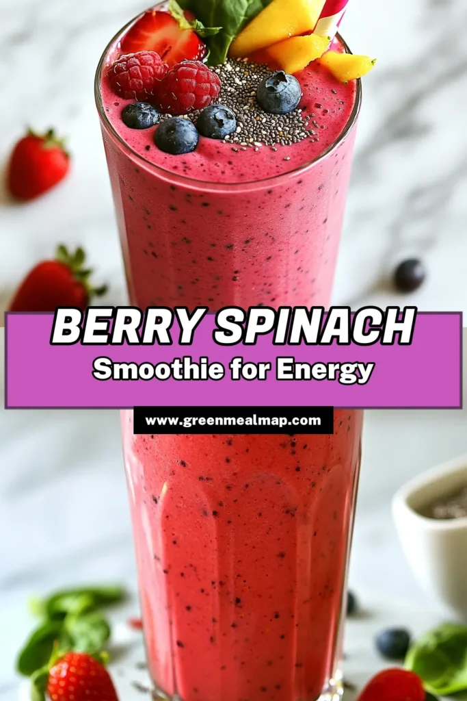 Boost your day with this delicious Berry Spinach Power Smoothie! Packed with nutrients, this berry spinach smoothie features fresh spinach, mixed berries, and a banana for a creamy, healthy berry smoothie experience. Easily whip up this spinach smoothie with banana and almond milk using our quick power smoothie recipe. Perfect for breakfast or a snack, it’s a treat you won't want to miss! Save this recipe now! #BerrySpinachSmoothie #HealthySmoothie #AlmondMilkSmoothie #PowerSmoothieRecipe
