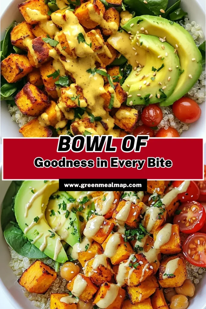 Discover the ultimate Sweet Potato Buddha Bowl with this delicious and healthy recipe! Packed with roasted sweet potatoes and protein-rich chickpeas, this Chickpea Quinoa Bowl is perfect for any meal. Drizzle with a creamy tahini dressing for a satisfying Vegan Buddha Bowl Recipe that’s full of flavor. Ideal for quick healthy meals, try these Healthy Sweet Potato Recipes today! Don't forget to save for later! #VeganRecipes #BuddhaBowl #HealthyEating #MealPrep