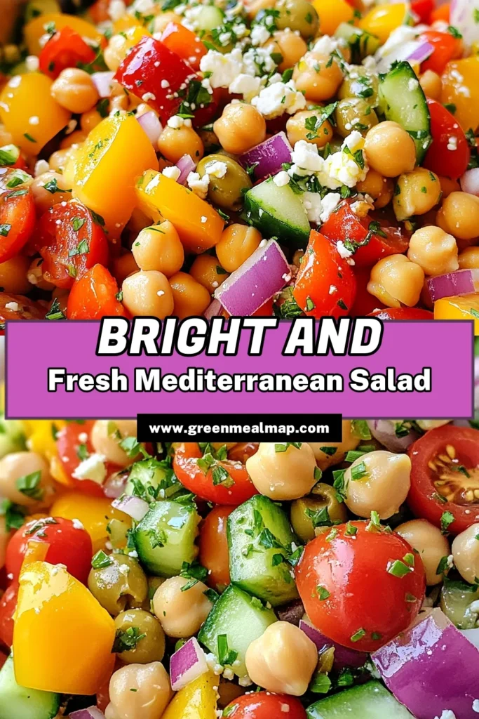 Discover a vibrant Mediterranean Chickpea Salad that's perfect for any occasion! This easy Mediterranean salad is packed with fresh ingredients like chickpeas, cherry tomatoes, and cucumbers, making it a healthy chickpea recipe everyone will love. Enjoy a flavorful Greek salad with chickpeas in just 25 minutes. Perfect for meal prep or a light lunch, it's one of the best vegetarian salad recipes around! Click to save this recipe now! #MediterraneanChickpeaSalad #HealthyRecipes #EasySalad #VegetarianRecipes