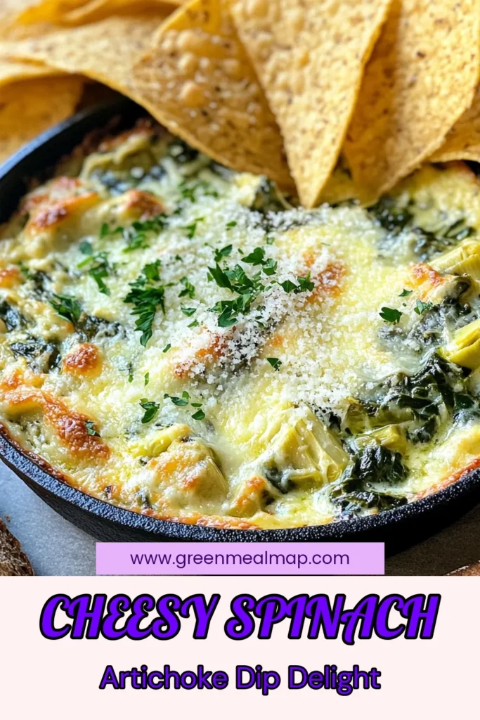 Indulge in this creamy Spinach Artichoke Skillet Dip—an easy spinach dip recipe perfect for any party! With fresh spinach, artichoke hearts, and a blend of cheeses, this tasty Spinach Artichoke Dip is ready in just 20 minutes. Serve it warm with tortilla chips or baguette slices for a crowd-pleaser. Don't miss out on this delicious party dip recipe! Save this recipe for your next gathering! #SpinachArtichokeDip #SkilletSpinachDip #PartyDipRecipes #EasySpinachDipRecipe