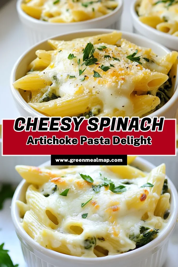 Indulge in this Cheesy Spinach Artichoke Pasta, a delightful twist on your favorite spinach artichoke dip recipe! Perfect for a creamy pasta dish that’s both comforting and easy, this vegetarian cheesy pasta is quick to whip up for dinner or as a party appetizer. Discover a world of flavor with melted cheese, fresh spinach, and artichokes. Save this recipe for an easy weeknight meal! #CheesyPasta #EasyPastaRecipes #SpinachArtichokeDip #VegetarianRecipes