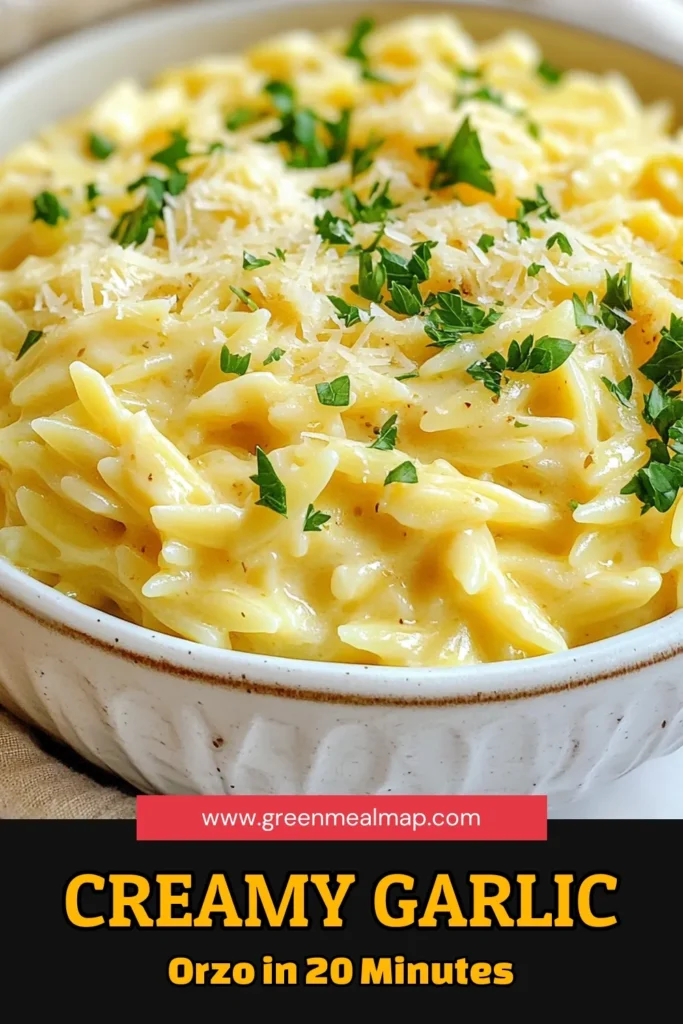 Indulge in this creamy garlic parmesan orzo dish that’s a perfect blend of flavors and easy to prepare! This easy orzo recipe features cheesy orzo pasta cooked in a rich garlic parmesan sauce, making it a delightful vegetarian orzo dish the whole family will love. Ready in just 20 minutes, it's ideal for busy weeknights. Give this garlic parmesan pasta recipe a try and elevate your dinner game! Save it for later! #OrzoRecipe #VegetarianMeals #CheesyPasta #ComfortFood