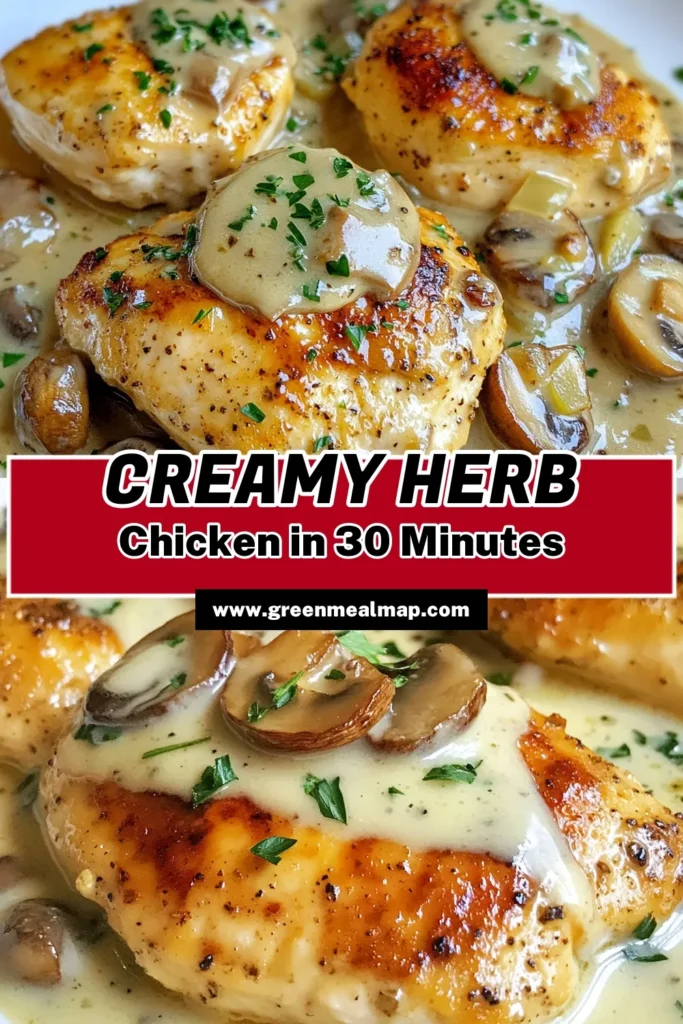 Indulge in this creamy mushroom chicken recipe that will elevate your dinner game! This herb chicken with mushrooms features boneless chicken breast cooked to perfection in a rich skillet chicken with cream sauce. Perfect for busy weeknights, this easy chicken dinner recipe is a must-try. Ready in just 30 minutes, it's a flavorful meal you and your family will love. Save this recipe for later! #CreamyMushroomChicken #EasyDinner #ChickenRecipes #SkilletDinner