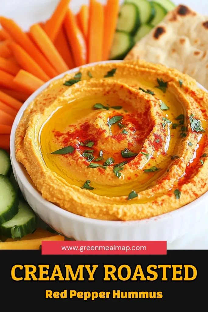 Discover this delicious roasted red pepper hummus recipe that’s perfect for any occasion! This easy hummus dip is not only quick to make but also packed with healthy hummus ingredients like chickpeas, tahini, and roasted red peppers. Whether you're hosting a party or just craving a snack, this homemade roasted red pepper dip will impress. Try this tahini hummus recipe today and elevate your appetizer game! Save and share! #HummusRecipe #HealthySnacking #RoastedRedPepperDip #EasyAppetizers