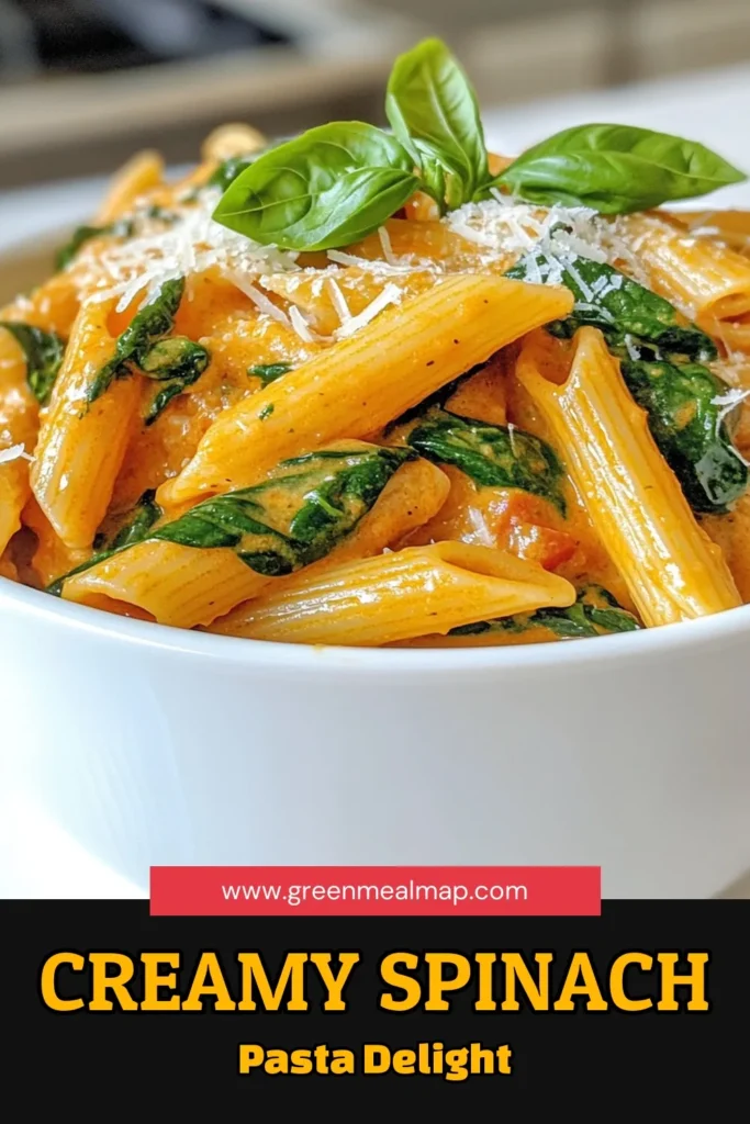 Discover the deliciousness of Creamy Tomato Spinach Pasta with this easy creamy pasta recipe! Perfectly cooked penne pasta with fresh spinach, rich crushed tomatoes, and a luscious cream sauce makes for a satisfying vegetarian pasta dish. Elevate your weeknight meals with this Tomato Spinach Pasta Recipe that can be ready in just 30 minutes. Try it today and impress your family! #CreamyPasta #VegetarianPastaDishes #PennePasta #EasyDinnerIdeas