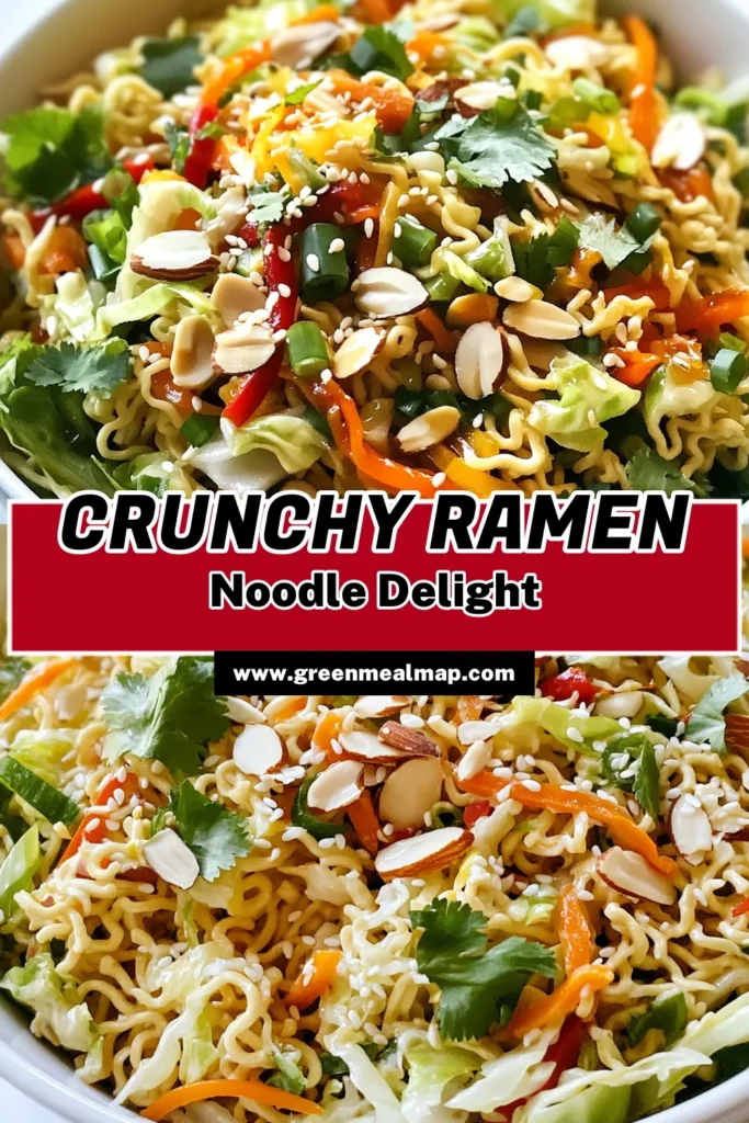 Discover the delicious Crunchy Ramen Noodle Salad, the perfect Easy Salad with Ramen Noodles that’s both vibrant and satisfying. This Vegetarian Ramen Salad is loaded with fresh veggies and a flavorful dressing that will keep you coming back for more. Learn how to make Ramen Salad in just 45 minutes with this simple Ramen Noodle Salad Recipe. Save this recipe for your next gathering! #RamenNoodleSalad #VegetarianRecipes #SaladIdeas #HealthyEating
