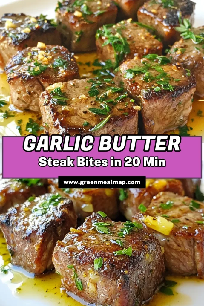 Craving a quick and delicious dinner? Try these garlic butter steak bites! This easy steak bites recipe features tender sirloin steak coated in a rich garlic butter sauce, making it perfect for a weeknight meal. In just 20 minutes, you can whip up these flavorful bites that are sure to impress. Save this recipe for your next dinner and enjoy! #GarlicButterSteakBites #QuickDinnerRecipes #EasySteakBitesRecipe #SirloinSteakRecipe