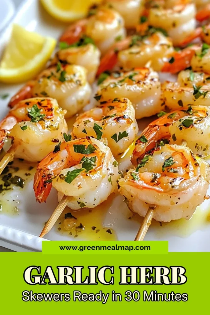 Delicious Garlic Herb Shrimp Skewers are the perfect addition to your summer cookouts! This easy shrimp skewers recipe features a flavorful shrimp skewers marinade that combines garlic, fresh herbs, and lemon for a mouthwatering dish. Perfect for grilling, these garlic shrimp skewers will impress your guests with their vibrant taste. Ready in just 45 minutes, don't miss out on this herb shrimp recipe. Save this recipe now and get grilling! #GarlicShrimpSkewers #GrilledShrimpRecipe #EasyShrimpSkewers #ShrimpSkewersMarinade
