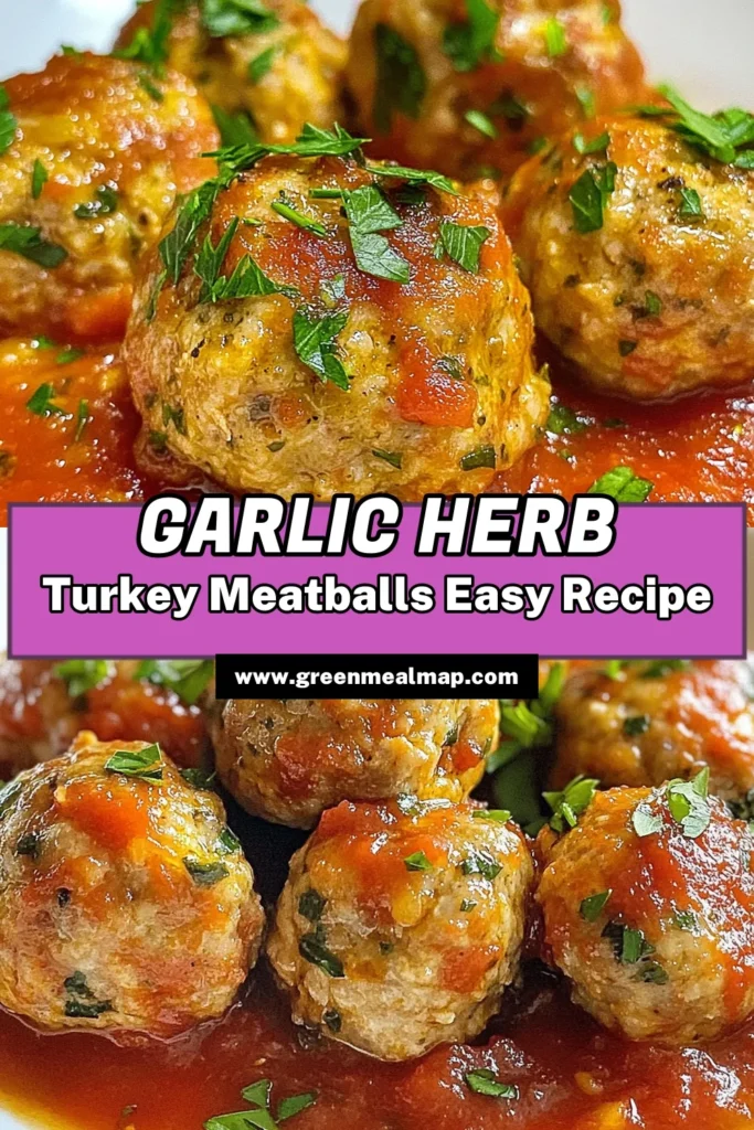 Discover the deliciousness of Garlic Herb Turkey Meatballs! This ground turkey meatballs recipe is not just healthy but also packed with flavor, making it a perfect dish for any meal. Serve these savory turkey meatballs with marinara for a comforting dinner. Elevate your weeknight cooking with this easy recipe. Don't forget to save this for later! #HealthyRecipes #TurkeyMeatballs #SavoryMeatballs #WeeknightDinner