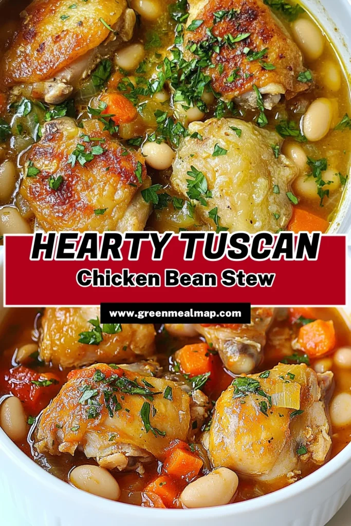 Discover the deliciousness of Tuscan white bean chicken stew! This healthy chicken stew recipe is perfect for a cozy one-pot chicken dinner. Make this easy white bean stew packed with tender chicken, vibrant vegetables, and aromatic herbs. Ready in just 50 minutes, it's a comforting Mediterranean chicken stew recipe your family will love. Click to get the full recipe and elevate your weeknight meals! #HealthyRecipes #ChickenStew #OnePotMeals #MediterraneanCooking