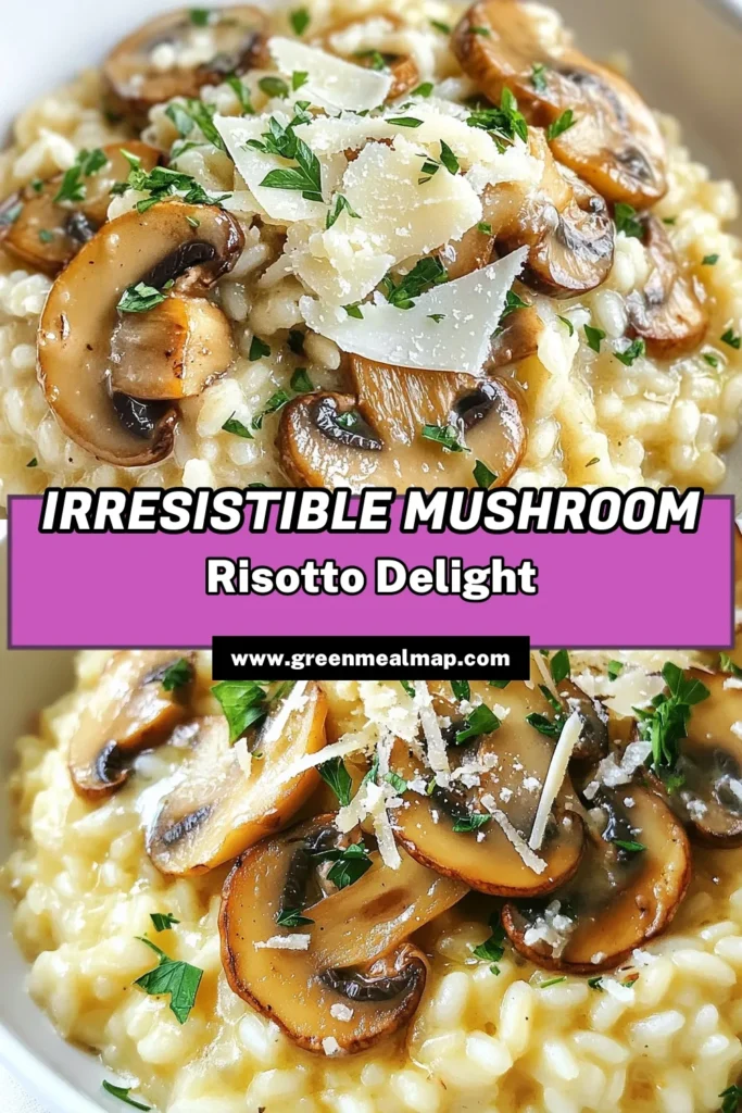 Indulge in this creamy mushroom risotto recipe, a delightful creamy Arborio rice dish that's perfect for vegetarians. This easy vegetarian risotto combines rich flavors from Parmesan and fresh mushrooms, making it the ultimate comforting mushroom dish. Experience the magic of homemade risotto in just 30 minutes! Click to save this delicious recipe and impress your loved ones! #MushroomRisotto #VegetarianRecipes #ComfortFood #EasyCooking