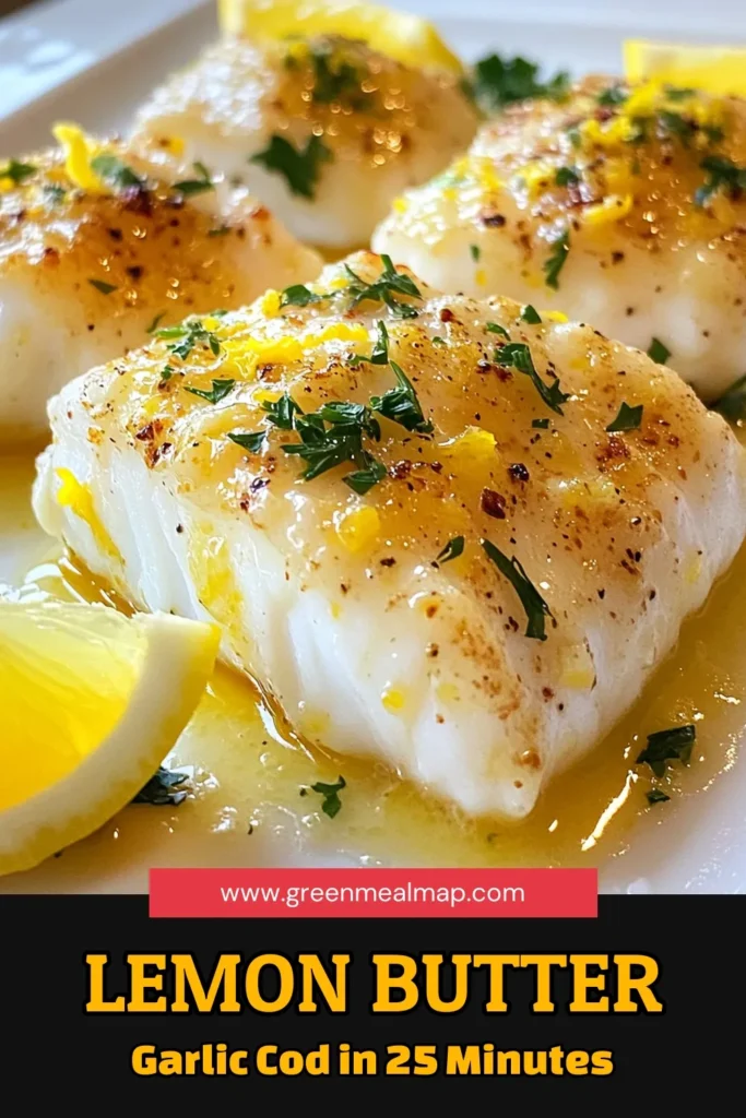 Discover the delightful flavors of Lemon Butter Garlic Cod with this easy baked cod recipe. Perfectly seasoned and baked to perfection, these easy cod fillets are drizzled with a luscious lemon garlic sauce that makes for a healthy cod dinner. Ready in just 25 minutes, this dish is perfect for weeknight meals or special occasions. Try it tonight and impress your family! Save this recipe for a fresh, delicious dinner. #LemonButterGarlicCod #BakedCodRecipe #HealthyDinner #EasyCodFillets