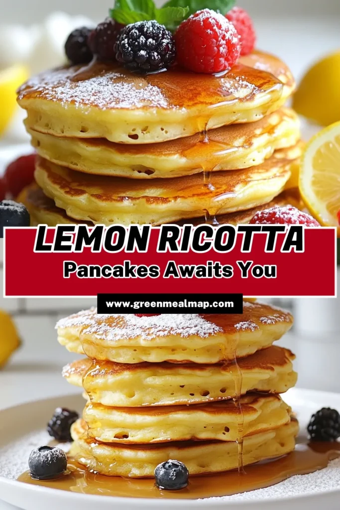 Start your morning with light and fluffy lemon ricotta pancakes! This healthy lemon pancakes recipe combines ricotta for a moist texture and zesty lemon for a refreshing flavor. Easy to make, these fluffy pancakes with ricotta are perfect for breakfast or brunch. Serve with maple syrup and fresh berries for an irresistible treat. Try this easy pancake recipe with ricotta today and delight your taste buds! Save now! #LemonRicottaPancakes #FluffyPancakes #HealthyRecipes #BreakfastIdeas