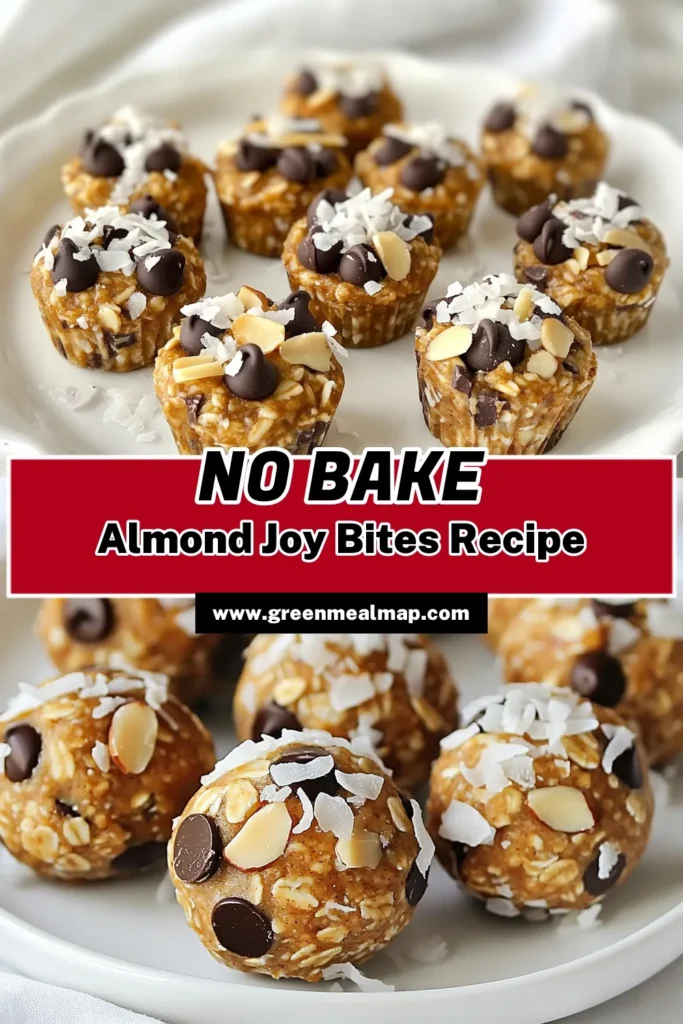 Looking for a tasty treat that satisfies your sweet tooth while being healthy? Try these Almond Joy energy bites! This easy no-bake almond bites recipe combines rolled oats, almond butter, shredded coconut, chocolate chips, and almonds for a decadent flavor inspired by your favorite coconut chocolate snacks. Whip up this healthy energy bites recipe in just 10 minutes. Perfect for a quick snack or dessert. Save this recipe for later! #AlmondJoyEnergyBites #NoBakeAlmondBites #HealthySnacks #CoconutChocolateSnacks