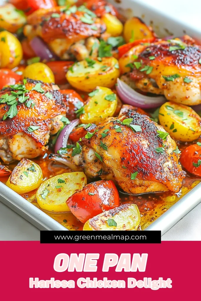 Discover an easy Harissa chicken recipe with this delicious sheet pan dinner! Featuring juicy chicken thighs and roasted vegetables, this quick weeknight meal is packed with flavor and perfect for busy evenings. Simply marinate, bake, and enjoy a wholesome dish that brings together vibrant colors and tantalizing spices. Save this Harissa chicken recipe for your next easy dinner idea! #SheetPanDinner #HarissaChicken #QuickWeeknightMeals #EasyChickenThighsRecipe