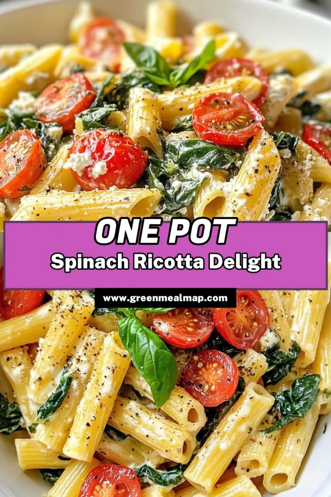 Discover this delightful one pot pasta recipe that combines the goodness of spinach ricotta pasta into a healthy and easy veggie pasta dish! Perfect for a quick weeknight dinner, this recipe requires minimal cleanup and is packed with flavor. With simple ingredients like fresh spinach, ricotta cheese, and cherry tomatoes, you’ll love how easy it is to prepare. Try it today and make weeknight dinners a breeze! #OnePotPasta #VeggiePasta #HealthyDinner #QuickRecipes