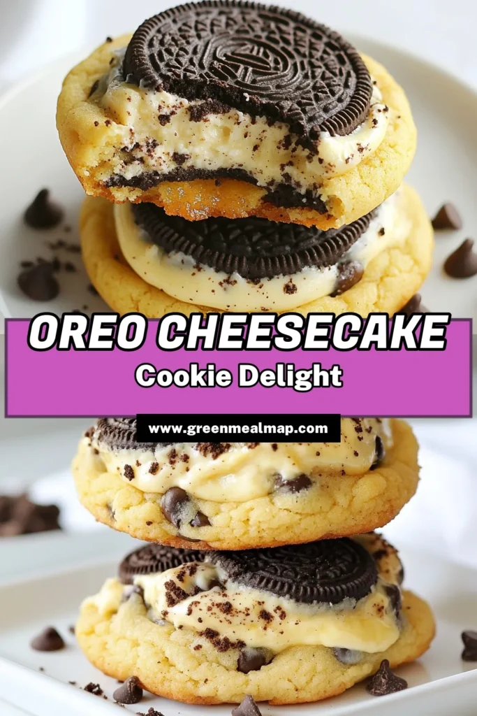 Indulge in the ultimate treat with these Oreo cheesecake stuffed cookies! Our easy stuffed cookies recipe blends rich cream cheese with crushed Oreo cookies for a delightful dessert. This Oreo dessert recipe is perfect for chocolate chip Oreo cookies lovers. Enjoy a sweet bite of cheesecake cookie heaven! Try this recipe and save it for later. Your next baking success awaits! #OreoCheesecakeStuffedCookies #StuffedCookiesRecipe #OreoDessertRecipes #CheesecakeCookieRecipe